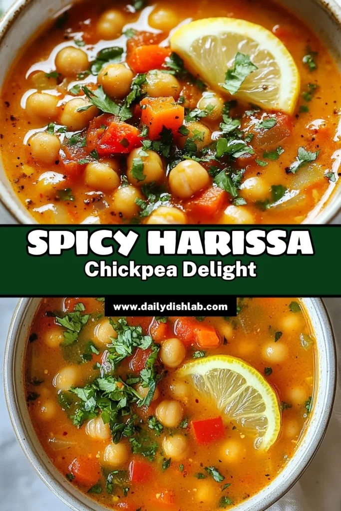 Warm up with this delicious and easy spicy chickpea soup! Our harissa soup recipe combines creamy chickpeas, fresh veggies, and the perfect kick from harissa paste, making it an ideal vegetarian chickpea soup. Packed with flavor and nutrients, this healthy soup recipe is perfect for any meal. Discover how simple it is to make with this easy chickpea recipe! Save this for later and enjoy! #SpicyChickpeaSoup #HealthySoupRecipes #SoupRecipe #VegetarianRecipes