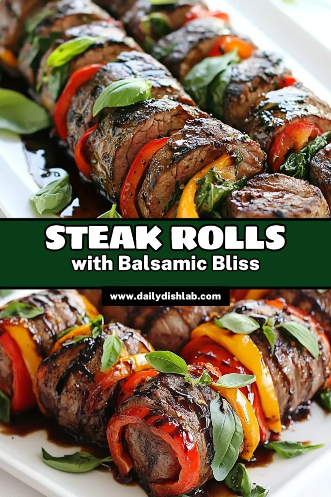 Discover the mouthwatering delight of balsamic glazed steak rolls! This easy steak rolls recipe features grilled flank steak, vibrant spinach, and roasted red peppers, all drizzled with a rich balsamic glaze. Perfect for impressing guests or a family dinner, these flavorful rolls come together in just 30 minutes. Try this delicious balsamic glaze recipe today and elevate your grilling game! Save this for later! #SteakRolls #GrilledFlankSteak #BalsamicGlaze #EasyRecipes