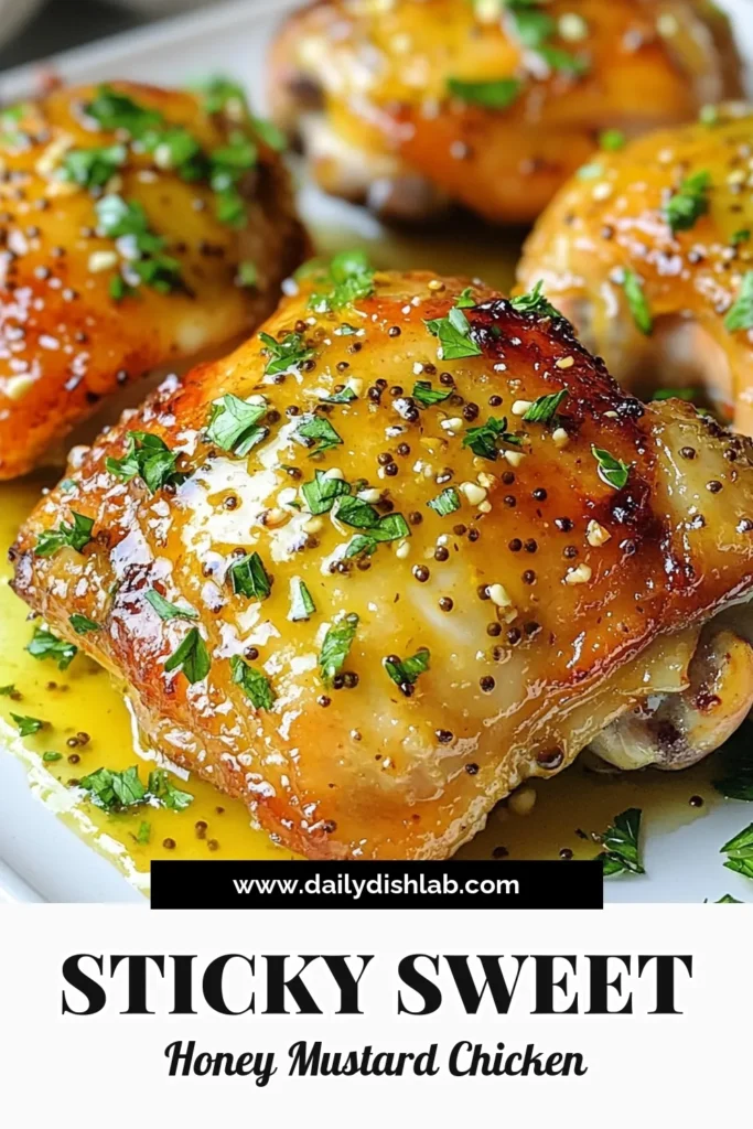 Discover the deliciousness of honey mustard chicken thighs with this easy chicken dinner recipe! Perfectly marinated chicken thighs are baked to crispy perfection, blending the sweetness of honey and the tang of whole grain mustard. This baked chicken thigh recipe is not only simple but also packed with flavor. Try this marinated chicken thighs dish for your next meal! Save this recipe for a tasty dinner tonight! #HoneyMustardChickenThighs #EasyChickenDinner #BakedChickenThighs #MarinatedChickenThighs