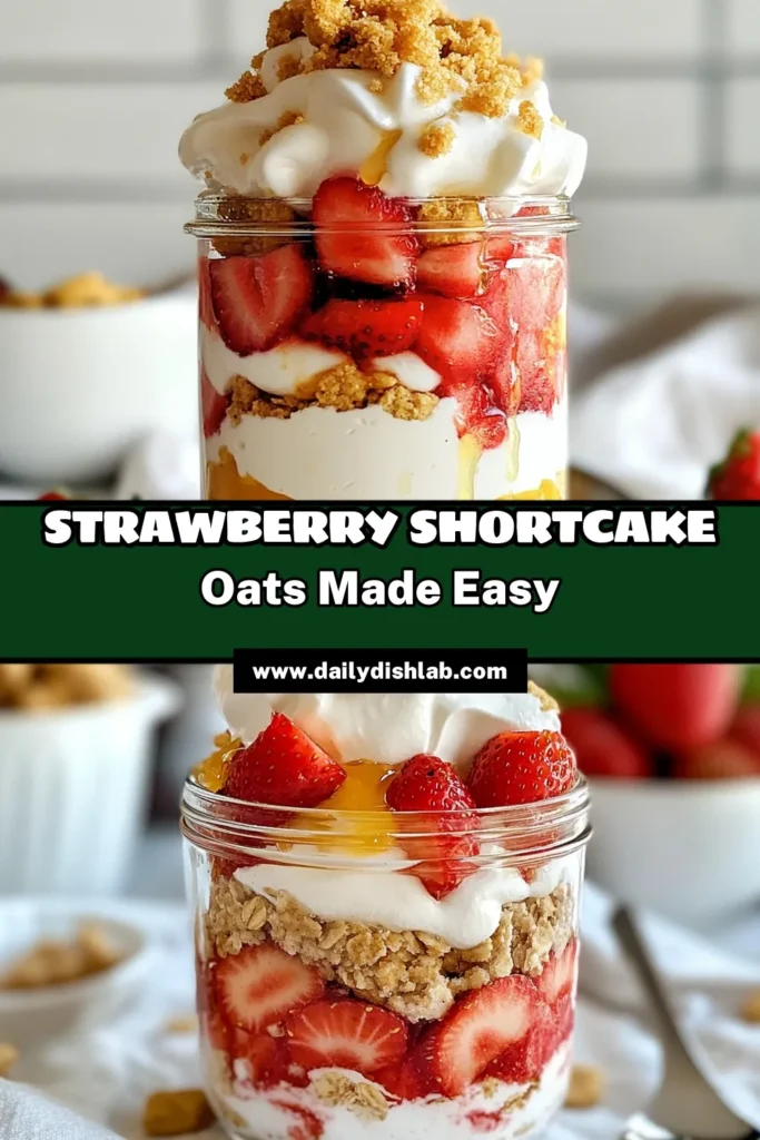 Indulge in a delicious and nutritious breakfast with this Strawberry Shortcake Overnight Oats recipe! Enjoy healthy overnight oats made with fresh strawberries and Greek yogurt for a no-cook morning treat. This easy overnight oats with strawberries is perfect for busy mornings and keeps you fueled. Try this quick prep meal that combines flavor and health in one jar. Save this recipe for your next breakfast! #StrawberryShortcake #OvernightOats #HealthyBreakfast #NoCookRecipes