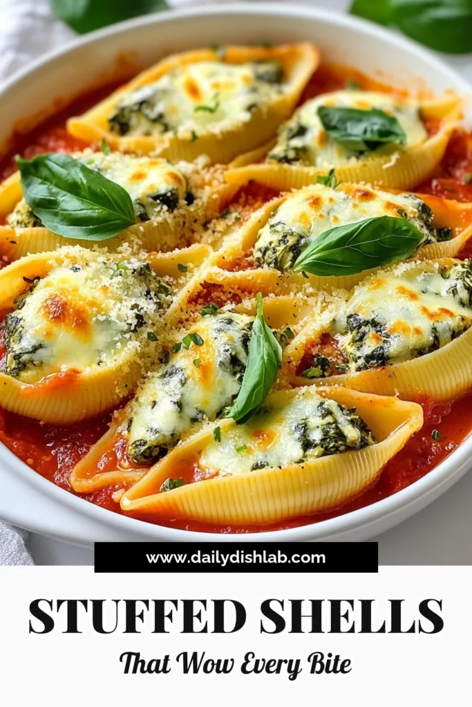 Indulge in these delicious Creamy Spinach Stuffed Shells, a perfect addition to your collection of vegetarian pasta dishes. This Spinach Pasta Recipe features jumbo shells filled with a creamy ricotta cheese mixture and topped with marinara sauce and mozzarella. Ideal for any occasion, these stuffed pasta shells are easy to make and full of flavor. Try this recipe today and impress your loved ones! Save this recipe for later! #CreamySpinachStuffedShells #VegetarianPastaDishes #RicottaCheeseRecipes #StuffedPastaShells