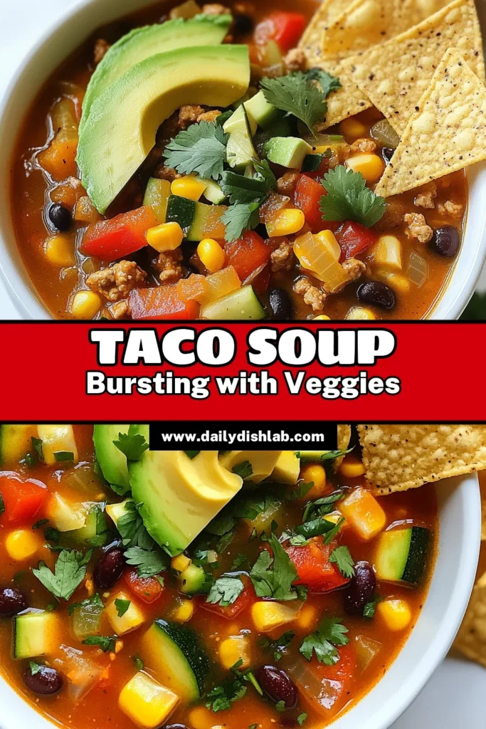 Looking for a delicious and nutritious meal? Try this easy veggie taco soup! Packed with colorful vegetables and hearty beans, this healthy soup recipe is perfect for busy weeknights. Enjoy a satisfying vegetarian taco soup that’s also a great plant-based soup recipe for the whole family. Ready in just 35 minutes, it’s a go-to for quick dinners. Save this veggie loaded taco soup recipe for later! #HealthyRecipes #Vegetarian #EasySoup #TacoSoup