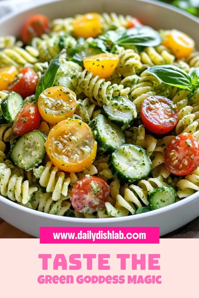 Discover the perfect summer dish with this delicious Green Goddess Pasta Salad! Made with whole wheat pasta, cherry tomatoes, cucumber, and creamy avocado, this healthy pasta salad recipe is a refreshing twist on classic favorites. Tossed in a homemade Greek yogurt dressing, it's ideal for meal prep or gatherings. Try this Avocado Pasta Salad today and elevate your lunch game! Save now for your next cookout! #GreenGoddessPastaSalad #HealthyPastaSaladRecipe #WholeWheatPastaSalad #AvocadoPastaSalad