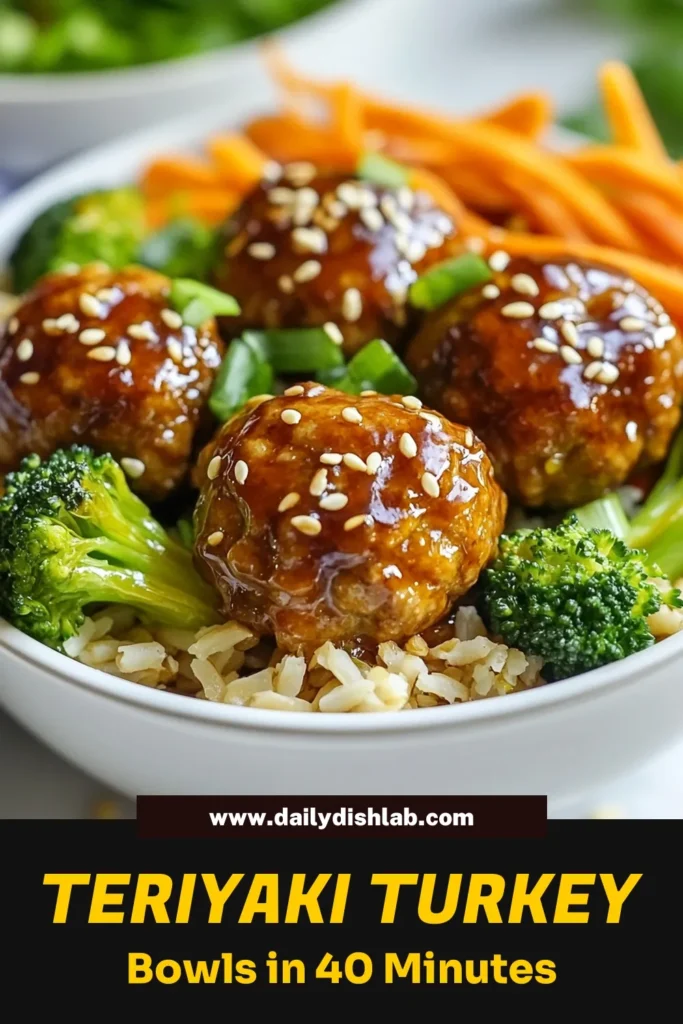 Looking for a quick and delicious dinner? Try these Teriyaki Turkey Meatball Bowls! This healthy turkey meatballs recipe features flavorful meatballs cooked to perfection and served over brown rice or quinoa with sautéed broccoli and carrots. Perfect for meal prep and family-friendly, these easy dinner recipes can be customized to your liking. Dive into these teriyaki sauce recipes that will impress everyone. Save this recipe for your next meal! #TurkeyMeatballs #DinnerIdeas #HealthyEating #RecipeIdeas