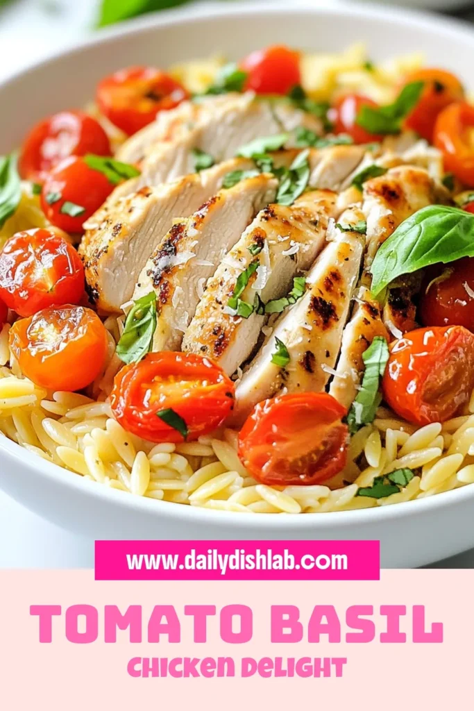 Discover this mouthwatering Tomato Basil Chicken Recipe that brings together tender chicken breasts, savory orzo pasta, and vibrant cherry tomatoes. Perfect as an easy one-pan meal, this Italian inspired chicken orzo is a delightful dish ready in just 30 minutes. Ideal for busy nights and special occasions alike, make it your go-to for Chicken Breast Dinner Ideas. Try it today and save for later! #OrzoPastaDishes #EasyOnePanMeals #ItalianInspired #ChickenBreastDinnerIdeas