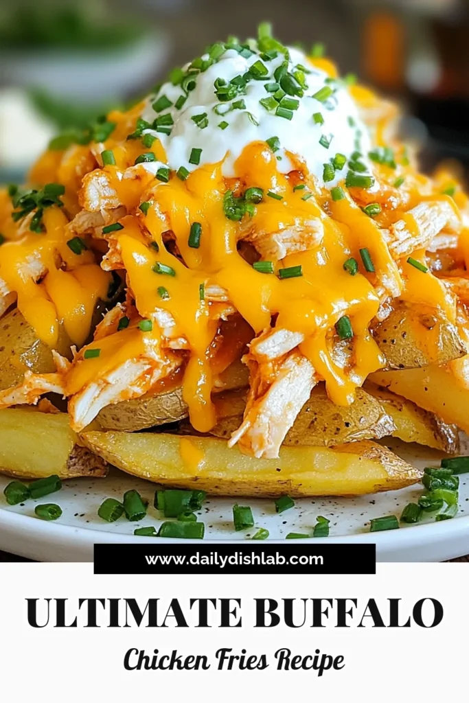 Get ready to indulge in Loaded Buffalo Chicken Fries! This mouthwatering Buffalo Chicken Recipe combines crispy fries, shredded chicken tossed in zesty buffalo sauce, and melty cheese for the perfect flavor explosion. Try these Nacho Fries with Chicken for your next party or game day snack. Easy Loaded Fries Recipe that everyone will love! Click to save this Cheesy Buffalo Fries recipe today! #BuffaloChickenFries #EasyRecipes #PartyFood #GameDayEats