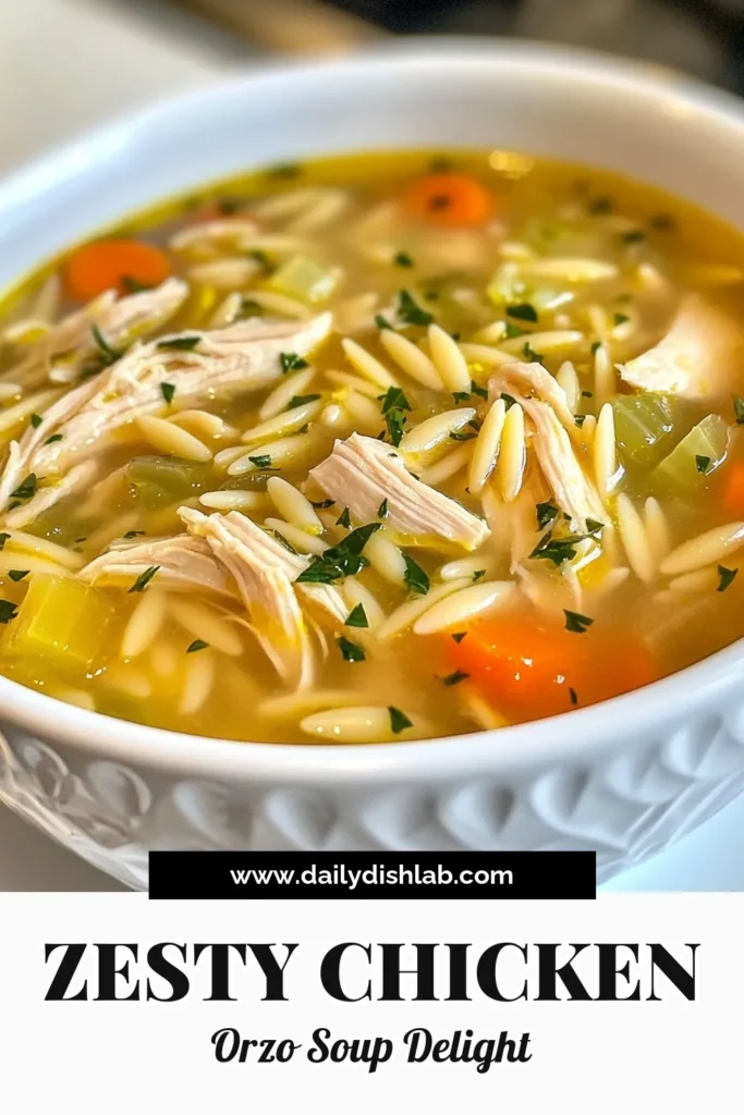 Discover the perfect comfort food with this Zesty Lemon Chicken Orzo Soup! Packed with flavor, this healthy lemon chicken soup features tender chicken thighs and chewy orzo pasta in a delicious broth. This easy orzo soup recipe is your go-to for a cozy meal. Perfect for any day of the week, it’s a zesty chicken soup that everyone will love. Try this chicken orzo soup recipe today and save for later! #LemonChickenSoup #OrzoSoupRecipe #HealthySoups #ChickenOrzoSoup