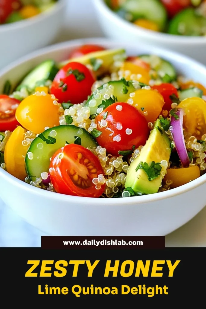 Try this delicious Honey Lime Quinoa Salad for a refreshing and healthy meal! This quinoa salad recipe combines fluffy quinoa, cherry tomatoes, cucumber, and bell pepper, all dressed in a zesty honey lime dressing. It’s an easy quinoa recipe perfect for summer picnics or quick weeknight dinners. Enjoy a fresh vegetable salad that’s nutritious and satisfying. Save this recipe now and delight in vibrant flavors! #HealthyEating #QuinoaSalad #SummerRecipes #FreshSalad