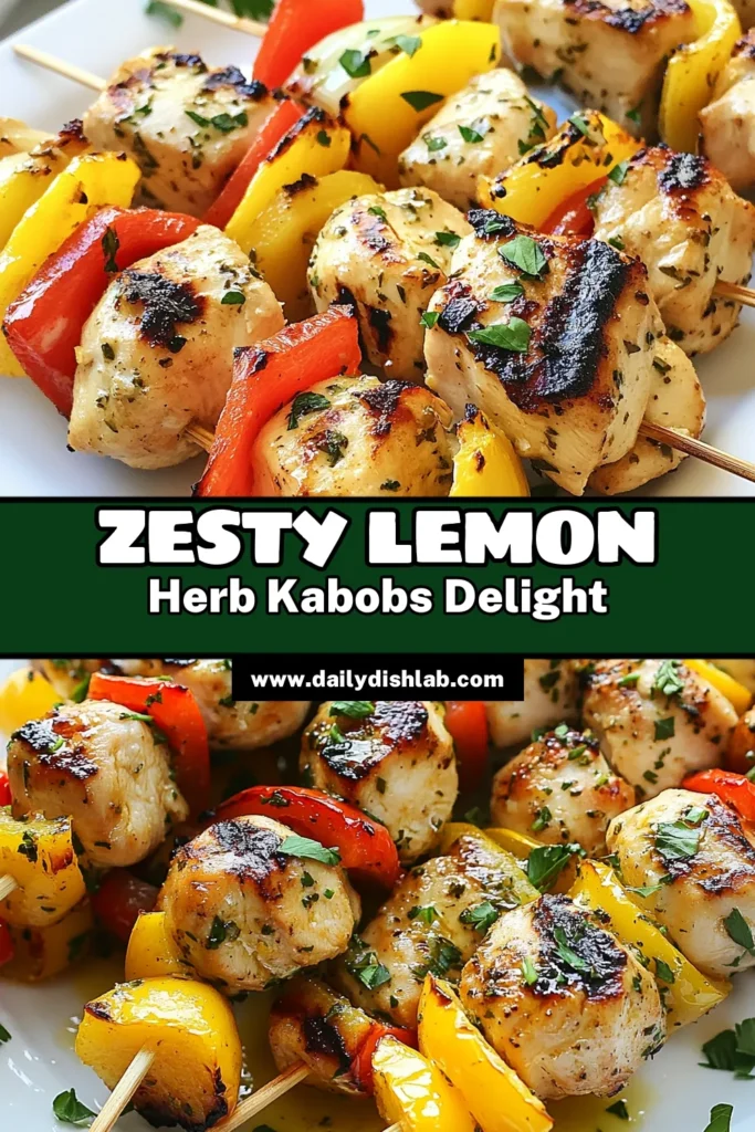 Discover the deliciousness of Lemon Herb Chicken Kabobs, a must-try for your next BBQ! This easy chicken kabobs recipe features grilled chicken skewers marinated in zesty lemon and Mediterranean herbs. Perfect for a healthy dinner, these chicken skewers pack flavor and color with bell peppers and onions. Enjoy a taste of the Mediterranean at home! Save this recipe for your next grilling adventure. #LemonHerbChickenKabobs #EasyChickenKabobs #HealthyRecipes #MediterraneanSkewers