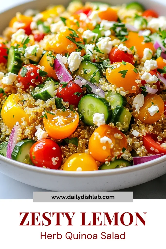 Discover the delight of a Lemon Herb Quinoa Salad that’s perfect for any occasion! This healthy quinoa recipe is bursting with vibrant vegetables and topped with refreshing feta. It’s an easy quinoa salad recipe that combines quinoa, cherry tomatoes, cucumbers, and a zesty lemon dressing for a refreshing salad with feta that everyone will love. Try it today and elevate your meal prep! #HealthyEating #QuinoaRecipes #SaladIdeas #MealPrep