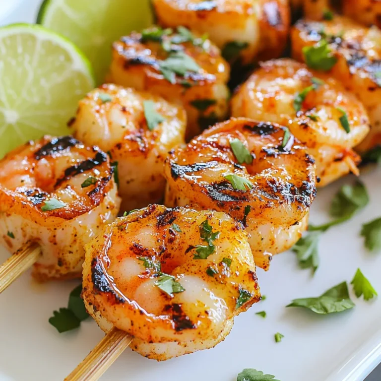 To make Chipotle Lime Shrimp Skewers, you need: - 1 lb large shrimp, peeled and deveined - 2 tablespoons olive oil - 2 tablespoons lime juice - 1 tablespoon chipotle powder - 1 teaspoon garlic powder - 1 teaspoon cumin - 1 teaspoon smoked paprika - 1 teaspoon honey - Salt and pepper to taste - Fresh cilantro, chopped (for garnish) - Lime wedges (for serving) - Wooden or metal skewers If you lack some ingredients, here are substitutes you can use: - Use avocado oil instead of olive oil for a different flavor. - Lemon juice works if you don’t have lime juice. - If you can’t find chipotle powder, smoked paprika adds a nice touch. - You can skip honey if you prefer no sweetness. - Fresh herbs like parsley can replace cilantro for garnish. When selecting shrimp, keep these tips in mind: - Look for shrimp that smell fresh, not fishy. - Choose shrimp that are firm and slightly translucent. - Large shrimp are best for skewering; they hold up well on the grill. - Buy shrimp that are labeled as "wild-caught" for better flavor and sustainability. - If possible, buy shrimp with the shell on; it helps keep them moist while cooking. {{ingredient_image_1}} To start, you need to make the marinade. In a large bowl, mix these ingredients: - 2 tablespoons olive oil - 2 tablespoons lime juice - 1 tablespoon chipotle powder - 1 teaspoon garlic powder - 1 teaspoon cumin - 1 teaspoon smoked paprika - 1 teaspoon honey - Salt and pepper to taste Stir these well until they blend. This mix brings heat and tang to the shrimp. Now it’s time to add the shrimp. You will use 1 pound of large shrimp that are peeled and deveined. Toss the shrimp in the marinade. Make sure they are coated evenly. Cover the bowl and place it in the fridge. Let the shrimp marinate for at least 20 minutes. This helps the shrimp soak in all those bold flavors. While the shrimp marinates, get your grill ready. Preheat it to medium-high heat. If you use wooden skewers, soak them in water for about 30 minutes. This stops them from burning. When ready, thread about 5-6 shrimp onto each skewer. Make sure they are not too crowded. Grill the skewers for about 2-3 minutes on each side. The shrimp should turn pink and opaque. Be careful not to overcook them! Once done, take the skewers off the grill and let them rest for a minute. Garnish with chopped cilantro. Serve with lime wedges for a zesty kick. To grill shrimp just right, keep these tips in mind: - Use fresh shrimp for the best taste. Look for shrimp that smell clean. - Marinate for flavor. Let the shrimp soak in the marinade for at least 20 minutes. This step is key for great taste. - Preheat your grill. Get it hot before you add the shrimp. This gives you nice grill marks. - Don’t overcrowd the skewers. Leave space between shrimp so they cook evenly. Avoid these common errors to ensure perfect skewers: - Overcooking shrimp. Shrimp cook fast. Grill for 2-3 minutes per side until they turn pink. - Skipping the soak for wooden skewers. Soaking prevents burning. Don’t skip this step. - Using too much marinade. Too much liquid makes shrimp soggy. Just coat them lightly. - Not resting after grilling. Let the skewers rest for a minute to lock in juices. Here are some tools to make grilling easier: - Skewers: Choose either wooden or metal. Wooden skewers need soaking. - Grill tongs: These help flip the skewers safely. - Marinade brush: A brush can help coat shrimp evenly. - Grill thermometer: This tool ensures your grill is at the right heat. Using these tips and tools will help you create amazing chipotle lime shrimp skewers! Pro Tips Perfect Marinade Time: Allow the shrimp to marinate for at least 20 minutes to fully absorb the flavors, but avoid exceeding 1 hour to prevent the shrimp from becoming mushy. Skewer Safety: If using wooden skewers, soak them in water for at least 30 minutes before grilling to prevent them from burning on the grill. Grilling Technique: Grill the shrimp on medium-high heat and avoid overcrowding the grill to ensure even cooking and a nice char. Serving Suggestions: Serve the skewers with a sprinkle of fresh lime juice and extra cilantro for added freshness and flavor. {{image_2}} You can switch up the marinade for your Chipotle Lime Shrimp Skewers. Try adding fresh herbs like cilantro or parsley for a bright taste. If you like heat, include fresh jalapeños. For a sweet twist, use orange juice instead of lime juice. You can also use soy sauce for a savory kick. Mix and match flavors to find what you love. You don’t have to grill shrimp skewers if you don’t want to. You can cook them in the oven or a skillet. For the oven, preheat it to 400°F. Place the skewers on a baking sheet and cook for about 8-10 minutes. Flip halfway through to cook evenly. If using a skillet, heat some olive oil over medium heat. Cook the skewers for 2-3 minutes on each side. This gives you a tasty option no matter the weather. Pair your Chipotle Lime Shrimp Skewers with sides that complement their bold flavor. Serve them with a fresh salad or grilled veggies. Rice or quinoa also makes a great base. Add a zesty lime crema or avocado salsa for dipping. Don’t forget to garnish with chopped cilantro for a nice touch. These options make your meal bright and balanced. After enjoying your chipotle lime shrimp skewers, you might have some left. To store them, let the skewers cool down. Place them in an airtight container. Make sure to cover them well to keep them fresh. You can store them in the fridge for up to three days. This keeps the flavors intact and ready for your next meal. When you want to enjoy your leftover skewers, reheating is easy. Take the skewers out of the fridge. You can either grill them again or use a microwave. If using a grill, heat it to medium heat. Grill the skewers for about 2 to 3 minutes. If using a microwave, place them on a plate and heat for 1 to 2 minutes. Check to ensure they are hot all the way through. If you have more leftovers than you can eat, freezing is a great option. Wrap each skewer in plastic wrap or aluminum foil. Place the wrapped skewers in a freezer bag. Make sure to squeeze out as much air as possible. You can freeze them for up to three months. To enjoy, thaw them in the fridge overnight and reheat as described above. This way, you can savor the flavors of chipotle lime shrimp skewers later! Shrimp should marinate for at least 20 minutes. This time allows the shrimp to soak up the flavors. You can marinate them for up to 2 hours for stronger taste. The best way to grill shrimp is over medium-high heat. Make sure the grill is hot before adding the skewers. Grill each side for 2-3 minutes until the shrimp is pink and opaque. Yes, you can use frozen shrimp. Just thaw them first under cold water. Drain well and pat them dry before marinating. This step helps the marinade stick better. Great sides for these skewers include rice, grilled vegetables, or a fresh salad. You can also serve them with corn on the cob or tortillas for a full meal. In this post, we covered the key ingredients and marinade tips for shrimp skewers. I shared step-by-step instructions for marinating and grilling, along with handy tools and common mistakes to avoid. You learned about variations, storage, and frequently asked questions to ensure success. Remember, great shrimp dishes come from fresh ingredients and careful cooking. Enjoy your skewers, and don't be afraid to experiment with flavors! Cooking should be fun and delicious.