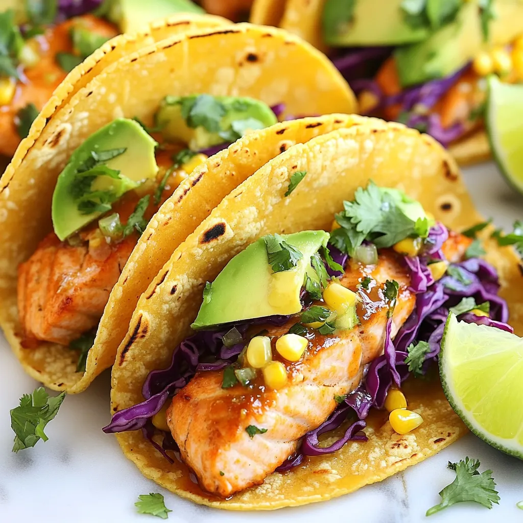 - 2 salmon fillets (6 oz each) - 2 tablespoons honey - 2 tablespoons lime juice - 1 teaspoon chili powder - 1 teaspoon garlic powder - Salt and pepper to taste - 4 small corn tortillas - 1 avocado, sliced - 1 cup red cabbage, thinly sliced - Fresh cilantro, for garnish - Lime wedges, for serving To make honey lime salmon tacos, you need fresh ingredients. Start with salmon fillets. They should be about 6 ounces each. This size cooks well and flakes easily. Next, grab some honey and lime juice. These give the salmon a sweet and tangy kick. You also need a few spices. Chili powder and garlic powder add depth to the flavor. Don’t forget salt and pepper to taste. These simple seasonings make a big difference. For the tacos, you need small corn tortillas. They hold everything together nicely. Then, think about toppings. Slice an avocado for creaminess. Shred red cabbage for crunch. Fresh cilantro adds color and flavor. Lastly, lime wedges are great for extra zing. Gather these ingredients, and you’re ready to cook! Each one plays a key role in making these tacos delicious and fresh. {{ingredient_image_1}} To start, mix the marinade in a small bowl. Combine two tablespoons of honey and two tablespoons of lime juice. Add one teaspoon each of chili powder and garlic powder. Season with salt and pepper to taste. This mix brings bold flavors to the salmon. Let the salmon fillets sit in the marinade for at least 15 minutes. This time allows the flavors to soak in. If you have more time, you can marinate it longer for an even deeper taste. Next, heat a non-stick skillet over medium heat. Remove the salmon from the marinade and place it skin side down in the hot skillet. Cook for about 4 to 5 minutes on each side. You’ll know it’s done when the salmon turns opaque and flakes easily with a fork. After cooking, let the salmon rest for a few minutes. This helps keep it juicy. Once rested, flake the salmon into bite-sized pieces. This makes it easy to add to your tacos. While the salmon cooks, warm your corn tortillas. Use the same skillet and lightly heat each tortilla for about 30 seconds on each side. This step makes the tortillas soft and pliable. If you prefer, you can swap corn tortillas for flour tortillas. Lettuce wraps are also a fresh, low-carb option if you want something lighter. To assemble the tacos, take one warm tortilla and add a generous amount of flaked salmon in the center. Next, layer on sliced avocado and shredded red cabbage. These toppings add creaminess and crunch. Think about serving sizes—two tacos per person is a good rule. You can always adjust based on your guests’ appetites. Enjoy your delicious honey lime salmon tacos! To make your marinade just right, think about sweetness and spice. You can add more honey for a sweeter taste. If you like heat, add more chili powder. Always taste the marinade first. Use fresh lime juice for the best flavor. Bottled juice works, but fresh gives a brighter taste. You can cook your salmon in different ways. Grilling gives a smoky flavor, while pan-searing keeps it juicy. Both methods work well. You can also add extra veggies or toppings. Try diced tomatoes, corn, or bell peppers for added crunch. Feel free to mix and match! Presentation matters, especially for tacos. Use a clean plate and layer the tacos nicely. Start with tortillas, then salmon, and top with avocado and cabbage. For garnish, sprinkle fresh cilantro on top. Serve with lime wedges for a pop of color. Enjoy the beautiful look before digging in! Pro Tips Use Fresh Ingredients: Always opt for fresh salmon and ripe avocados to enhance the flavor of your tacos. Customize the Heat: Adjust the amount of chili powder based on your spice preference; try adding jalapeños for extra heat! Rest the Salmon: Let the cooked salmon rest for a few minutes before flaking to retain moisture and flavor. Experiment with Toppings: Feel free to add toppings like diced tomatoes, sour cream, or a squeeze of sriracha for a unique twist. {{image_2}} You can switch salmon for shrimp or chicken. Both options work well. For shrimp, use large, peeled ones. Marinate them the same way. Cook shrimp for 2-3 minutes on each side. Chicken is tasty too. Use boneless, skinless chicken thighs for nice flavor. Grill or pan-sear until fully cooked. If you're looking for vegetarian options, try grilled portobello mushrooms. They have a rich taste. You can also use firm tofu. Marinate it like salmon and cook until golden. Both choices add great texture to your tacos. To take your tacos up a notch, add pineapple or mango salsa. Fresh fruit adds a sweet twist. Just chop the fruit and mix it with lime juice and cilantro. This salsa pairs nicely with the honey-lime flavors. For those who like heat, try adding jalapeños. You can slice fresh jalapeños or use pickled ones for tang. They add a fun kick to each bite. You can also mix diced jalapeños into your salsa for extra flavor. When it comes to tortillas, you have options. Flour tortillas are soft and chewy. They hold fillings well and add a nice texture. Corn tortillas are traditional for tacos. They have a distinct flavor and are gluten-free. If you're looking for a lighter choice, try lettuce wraps. Use large leaves like romaine or butter lettuce. They add crunch and freshness. Fill them with your salmon and toppings for a fun twist. This option is also low-carb and refreshing. To keep your honey lime salmon tacos fresh, store them in the fridge. I recommend using an airtight container. You can keep them for up to three days. For the best flavor, eat them within this time. If you have leftover salmon, it also stays good for about three days. Just make sure it is covered well. When you are ready to eat your leftovers, safely reheat the salmon. Place it in a skillet over low heat. This helps keep the fish moist. You can also warm the tortillas in the skillet for about 30 seconds on each side. This keeps them soft and tasty. Avoid using the microwave; it can make the tortillas tough. By reheating slowly, you maintain the taco's great texture. Enjoy your tacos! Look for these signs of perfectly cooked salmon: - The salmon turns from bright pink to a pale pink. - It flakes easily with a fork. - The center should be opaque, not raw or shiny. Cooking salmon for about 4-5 minutes on each side usually works well. Use a fork to test if it flakes easily. If it does, it’s done! You can marinate the salmon overnight, but be careful. - Marinating adds flavor and moisture. - Too long can break down the fish’s texture. A few hours gives great taste without losing texture. If you choose overnight, keep it in the fridge to stay fresh. These tacos pair well with a variety of sides: - Mexican rice adds a nice touch. - Black beans are a healthy option. - A fresh salad with lime vinaigrette is refreshing. - Chips and salsa can add crunch. These sides enhance the flavors and create a fun meal! In this blog post, we explored how to make honey lime salmon tacos. We covered all the ingredients you'll need and went through each step, from marinating the salmon to assembling the tacos. Remember to try different toppings and serve with fresh sides. Whether you grill or pan-sear, the key is in the flavors. I’m excited for you to enjoy these tasty tacos. With practice, you'll create a dish that impresses everyone!