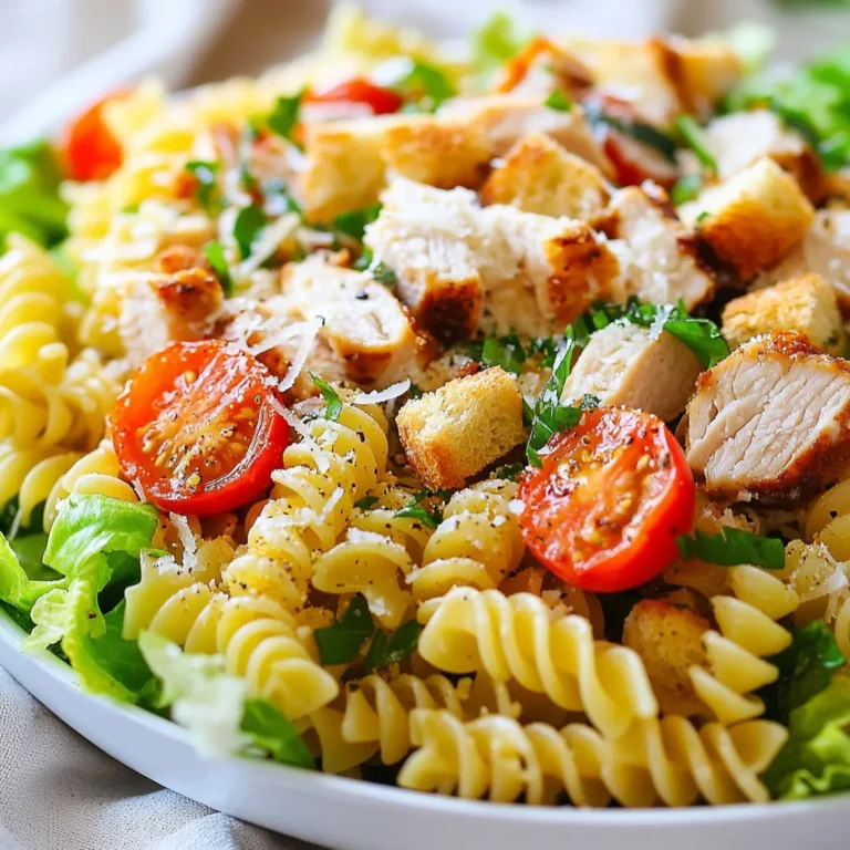- 2 cups rotini pasta - 1 cup cooked chicken breast, diced - 1 cup romaine lettuce, chopped - ½ cup cherry tomatoes, halved - ¼ cup grated Parmesan cheese - ½ cup Caesar dressing - ¼ teaspoon garlic powder - Salt and pepper to taste - ¼ cup croutons for garnish - Fresh parsley, chopped (for garnish) - Large pot - Mixing bowl - Small bowl - Spoon for mixing To make the Chicken Caesar Pasta Salad, you need fresh and simple ingredients. Start with rotini pasta; it holds dressing well and adds a fun twist. Cooked chicken breast adds protein and makes it filling. Fresh romaine lettuce gives the salad crunch. Cherry tomatoes add color and sweetness. Grated Parmesan cheese brings in a salty richness. Finally, Caesar dressing ties everything together with its creamy flavor. For seasoning, use garlic powder to enhance the taste. Add salt and pepper to your liking. Croutons give a nice crunch on top, while chopped parsley adds freshness and a pop of color. Make sure you have a large pot for boiling pasta. A mixing bowl helps combine the salad. Use a small bowl to mix the dressing and seasonings. A spoon is handy for mixing everything. With these ingredients and tools, you’re ready to create a delightful Chicken Caesar Pasta Salad! {{ingredient_image_1}} To make Chicken Caesar Pasta Salad, start by boiling rotini pasta. - Bring a large pot of salted water to a boil. - Add 2 cups of rotini pasta. - Cook until al dente, about 8 to 10 minutes. - Drain the pasta and rinse it under cold water to cool. Next, prepare the salad by combining all the main ingredients. - In a large mixing bowl, add the cooked pasta. - Add 1 cup of diced cooked chicken breast. - Then, toss in 1 cup of chopped romaine lettuce and ½ cup of halved cherry tomatoes. - In a small bowl, mix ½ cup of Caesar dressing with ¼ teaspoon of garlic powder, salt, and pepper. - Adjust the seasoning to your taste. Now, it’s time to assemble everything. - Drizzle the dressing over the salad mixture. - Gently toss everything together until well combined. - Sprinkle ¼ cup of grated Parmesan cheese on top and fold it into the salad. - Serve immediately, garnished with ¼ cup of croutons and fresh chopped parsley. This simple process helps you create a tasty Chicken Caesar Pasta Salad that everyone will enjoy! When you boil the rotini pasta, add salt to the water. This enhances the flavor of the pasta. A good rule is to use about one tablespoon of salt for every 4 quarts of water. This small step makes a big difference. You want your pasta to be al dente. This means it should be firm, not mushy. Follow the cooking time on the package, but start checking a minute early. After draining, rinse the pasta under cold water. This stops the cooking process and cools it down quickly. You can buy Caesar dressing at the store or make your own. For a quick homemade version, mix mayonnaise, lemon juice, garlic, and Parmesan. Taste it and adjust to your liking. You might want to add more garlic or lemon for a stronger flavor. If you prefer a lighter salad, use less dressing. You can always add more later. Remember, it’s easier to add than to take away. Serving your Chicken Caesar Pasta Salad in a large bowl looks great. Top it with extra Parmesan and bright parsley. This makes your dish pop with color. For a fun twist, serve the salad in jars. This is perfect for picnics or gatherings. Each jar can hold a single serving, making it easy for everyone to grab one. Just layer the ingredients for a beautiful look. Pro Tips Cook Pasta Al Dente: Cooking the rotini until al dente ensures that it maintains a slight firmness and doesn't become mushy when mixed with the dressing. Chill the Ingredients: For an even more refreshing salad, chill the chicken, pasta, and vegetables before mixing. This enhances the overall taste and texture. Customize Your Greens: Feel free to add other greens such as spinach or arugula to enhance the nutritional value and flavor of your salad. Add Extra Crunch: Incorporate some toasted nuts or seeds, like pine nuts or sunflower seeds, for an unexpected crunch and added nutritional benefits. {{image_2}} You can easily make this salad vegetarian. Just swap the chicken for grilled tofu or chickpeas. Both options add great protein. Tofu gives a nice texture, while chickpeas add a nutty flavor. For dressings, try a creamy avocado dressing or a simple lemon vinaigrette. These choices keep the salad fresh and tasty. If you're gluten-free, use gluten-free pasta. Many brands offer great alternatives made from rice or corn. You can also add proteins like grilled shrimp or diced turkey. These options keep your meal balanced and flavorful while sticking to your diet. Want to jazz up your Chicken Caesar Pasta Salad? Add extra veggies like cucumbers or bell peppers. They bring crunch and freshness. For a protein boost, consider adding crispy bacon or succulent shrimp. These additions make the dish even more exciting and customizable for your taste. To store leftovers, place the Chicken Caesar Pasta Salad in an airtight container. This keeps it fresh and safe. The salad lasts about 3 days in the fridge. However, the texture may change a bit over time. You can eat the salad cold or warm it up. To reheat, use the microwave for a minute or two. Stir it well to avoid hot spots. If you want to refresh the salad, add a bit more Caesar dressing after heating. This helps restore some flavor and moisture. You can freeze Chicken Caesar Pasta Salad, but it may not taste the same. If you decide to freeze it, use a freezer-safe container. Let it cool completely before sealing. When ready to eat, thaw it in the fridge overnight. Avoid refreezing since it affects the texture and taste. To make Chicken Caesar Pasta Salad ahead, follow these easy steps: - Cook the pasta: Boil the rotini pasta, then cool it as usual. - Prepare the chicken: Use cooked chicken breast. You can grill or bake it the day before. - Chop the veggies: Dice the romaine lettuce and halve the cherry tomatoes. Store them in the fridge. - Mix the dressing: Combine Caesar dressing, garlic powder, salt, and pepper. Store this in a jar. - Combine before serving: When you’re ready, mix all the ingredients. This keeps the salad fresh and tasty. Yes, you can customize this recipe easily. Here are some options: - For allergies: Swap chicken for grilled tofu or chickpeas for a veggie option. - Dressings: Use a dairy-free Caesar dressing if you're lactose intolerant. - Vegetables: Add cucumbers or bell peppers for more crunch. - Proteins: Consider shrimp or bacon for added flavor. Here’s an overview of the nutritional facts per serving: - Calories: About 400 - Total fat: 18 grams - Protein: 30 grams - Serving size: This recipe makes 4 servings. This salad is a balanced meal that’s filling and tasty! In this article, we explored how to make Chicken Caesar Pasta Salad. We covered ingredients, seasoning, cooking tips, and how to personalize your dish. You learned about storage, reheating, and even freezing the salad. This meal is quick, tasty, and flexible for your needs. No matter your taste or dietary needs, this salad can fit in. So gather your ingredients and enjoy making your own delicious Chicken Caesar Pasta Salad!