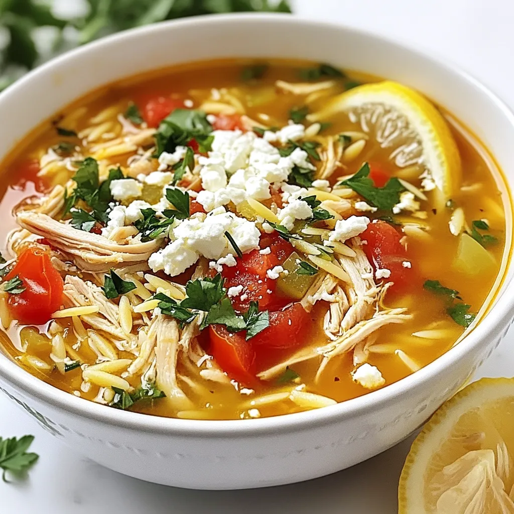 - 1 lb boneless, skinless chicken breasts - 1 tablespoon olive oil - 1 medium onion, diced - 2 garlic cloves, minced - 2 medium carrots, diced - 2 celery stalks, diced - 6 cups chicken broth - 1 cup orzo pasta - 1 cup diced tomatoes (canned or fresh) - 1 teaspoon dried oregano - 1 teaspoon dried thyme - Salt and pepper to taste - 1 lemon, juiced - Fresh parsley, chopped (for garnish) - Feta cheese, crumbled (for garnish) You can swap chicken for turkey or tofu if you want a change. Use vegetable broth instead of chicken broth for a lighter taste. If you do not have orzo, try small pasta shapes like ditalini or even rice. For fresh herbs, dried ones work in a pinch. Just use less, as dried herbs are stronger. Fresh ingredients make a big difference in taste. Fresh chicken is juicy and tender, enhancing your soup. Fresh veggies add crunch and flavor. When you use fresh herbs, they bring brightness to the dish. Always try to use the best quality you can find. It will show in every spoonful of your Greek Chicken Orzo Soup. {{ingredient_image_1}} First, gather all your ingredients. You need: - 1 lb boneless, skinless chicken breasts - 1 tablespoon olive oil - 1 medium onion, diced - 2 garlic cloves, minced - 2 medium carrots, diced - 2 celery stalks, diced - 6 cups chicken broth - 1 cup orzo pasta - 1 cup diced tomatoes - 1 teaspoon dried oregano - 1 teaspoon dried thyme - Salt and pepper to taste - 1 lemon, juiced - Fresh parsley, chopped - Feta cheese, crumbled Next, dice your onion, carrots, and celery. Mince the garlic. This makes the soup taste fresh. Heat the olive oil in a large pot over medium heat. Add the diced onion and sauté for about 3 minutes. Wait until the onion is soft and clear. Then, add the minced garlic, diced carrots, and celery. Cook for about 5 minutes more until they soften. Season the chicken breasts with salt and pepper. Add them to the pot and brown for 4-5 minutes. This helps lock in flavor. Now, pour in the chicken broth and bring it to a gentle boil. Once boiling, lower the heat and add the orzo pasta, diced tomatoes, oregano, and thyme. Stir well. Cover the pot and let it simmer for 10-12 minutes. Check the orzo; it should be al dente. Remove the chicken breasts, shred them with two forks, and return to the soup. Finally, stir in the lemon juice. Adjust salt and pepper for taste. Serve your soup hot, garnished with fresh parsley and crumbled feta. To check if the chicken is done, cut it in the middle. The meat should be white, not pink. You can also use a food thermometer. The inside should read 165°F. If it is not done, return it to the pot and cook a bit longer. Always ensure chicken is cooked fully for safety. To make Greek chicken orzo soup even tastier, add fresh herbs. Fresh dill or basil brings a nice touch. You can also use lemon zest for extra brightness. A dash of red pepper flakes can add warmth. If you want a deeper taste, try adding a bit of white wine while cooking. It creates a rich flavor that pairs well with chicken and broth. Orzo cooks quickly, so keep an eye on it. Add it to the soup once the broth boils. Stir it in and taste it after 10 minutes. You want it al dente, which means it should be firm but not hard. If you cook it too long, it turns mushy. If you plan to store leftovers, cook the orzo separately and add when serving. Serve the soup hot in bowls. Top it with fresh parsley and crumbled feta cheese for a nice finish. You can also add a drizzle of olive oil for richness. Pair the soup with crusty bread or a side salad. This meal is perfect for sharing with friends or family. Enjoy it as a light lunch or a comforting dinner! Pro Tips Use Fresh Herbs: Fresh herbs can enhance the flavor of your soup significantly. Consider adding fresh oregano or thyme just before serving for a vibrant taste. Customize the Veggies: Feel free to add other vegetables like spinach or zucchini to the soup for extra nutrition and flavor. Just add them towards the end of the cooking process. Perfectly Cooked Orzo: To prevent the orzo from becoming mushy, keep an eye on it and stir occasionally. Add it to the soup a few minutes after the broth starts to simmer. Make it Ahead: This soup can be made in advance and stored in the refrigerator for up to 3 days. Just remember to add a splash of broth when reheating to restore its consistency. {{image_2}} You can easily make a vegetarian version of Greek chicken orzo soup. Just swap the chicken for chickpeas or lentils. These options add protein and a nice texture. Use vegetable broth instead of chicken broth for a rich flavor. Add more veggies like spinach, bell peppers, or zucchini. This twist keeps the soup hearty and delicious. If you want some heat, make a spicy version. Add red pepper flakes or diced jalapeños to the soup. You can also use spicy sausage instead of chicken for a bold flavor. Increase the garlic and lemon juice for a zesty kick. This makes the soup warm and exciting, perfect for chilly days. Adding seasonal vegetables to your soup enhances its taste and nutrition. In spring, try adding peas or asparagus. In summer, fresh tomatoes and corn shine. In fall, root vegetables like sweet potatoes and squash work great. Winter calls for hearty greens like kale or collard greens. These additions keep your soup fresh and vibrant all year round. After you make Greek chicken orzo soup, let it cool first. Use a clean container to store it. Make sure the lid is tight. This helps keep the soup fresh. It will last for 3 to 4 days in the fridge. Always check for any bad smell or change in color before eating. You can freeze Greek chicken orzo soup, too. Pour the cooled soup into freezer bags or containers. Leave some space at the top for expansion. Label the bags with the date. The soup can stay good for about 2 to 3 months in the freezer. When you are ready to eat it, just thaw it in the fridge overnight. To reheat the soup, use a pot on the stove. Heat it over medium heat. Stir often to help it heat evenly. If the soup is too thick, add a bit of water or broth. You can also use a microwave if you prefer. Just heat it in short bursts and stir in between. Yes, you can use other pasta types. Small shapes like ditalini or stars work well. They will cook in the same time as orzo. Just keep an eye on the cooking time. This way, you get a nice texture. Remember, the pasta should be tender but not mushy. Feel free to experiment based on what you have at home. Greek Chicken Orzo Soup lasts about 3 to 4 days in the fridge. Make sure to store it in an airtight container. This keeps it fresh and safe to eat. If you notice any changes in smell or color, it's best to toss it. Enjoy your soup within the first few days for the best flavor. You can absolutely make this soup in advance. It actually tastes better the next day! Just let it cool before you store it. You can keep it in the fridge or freezer. If freezing, store it in a freezer-safe container. When ready to eat, simply reheat it on the stove or in the microwave. This blog post covered the ingredients and steps to make Greek Chicken Orzo Soup. We explored the best ingredients, their substitutes, and how fresh items boost flavor. I detailed the preparation and cooking steps, along with tips for checking chicken doneness. In the tips section, I shared ways to enhance taste and best practices for cooking orzo. We also discussed variations to make the soup fit your taste and how to store leftovers. Overall, this recipe is simple and versatile, making it easy for anyone to enjoy.