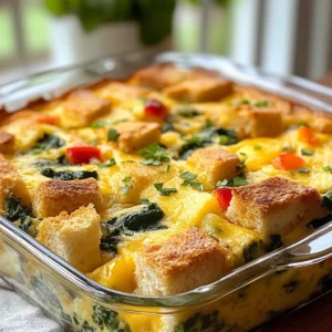 - 6 large eggs - 1 cup milk - 2 cups fresh spinach, chopped - 1 cup shredded cheddar cheese - 1 cup diced bell peppers - 1 small onion, finely chopped - 1 cup diced tomatoes (fresh or canned) - 1 teaspoon garlic powder - ½ teaspoon salt - ½ teaspoon black pepper - 1 teaspoon olive oil - 4 slices of whole grain bread, cut into cubes - Optional: Fresh herbs for garnish To make a great Cheesy Spinach Breakfast Casserole, you need fresh and simple ingredients. The star of this dish is the eggs. They form the base and give it structure. I use six large eggs to ensure every bite is rich and satisfying. Milk adds creaminess. I like to use one cup of milk. It blends well with the eggs. Fresh spinach brings in color and nutrients. I chop two cups of this leafy green. It cooks down well and adds a nice texture. Cheddar cheese gives this casserole its tasty, gooey goodness. I use one cup of shredded cheddar. You can also mix in other cheese if you like. Bell peppers add a sweet crunch. I dice one cup, using red or green, based on what I have. For the extra flavor, I add a small onion, chopped finely. The onion and one cup of diced tomatoes add depth. I also sprinkle in garlic powder, salt, and black pepper for seasoning. These spices enhance the taste without being overpowering. Do not forget the bread! I cube four slices of whole grain bread. This gives the casserole body and absorbs the flavors well. I use olive oil to help sauté the veggies and grease the dish. Finally, I like to garnish with fresh herbs like parsley or chives for a nice touch. With these ingredients, you create a dish that is quick to prepare and packed with flavor. {{ingredient_image_1}} - Preheat oven to 350°F (175°C). - Grease a 9x13-inch baking dish with olive oil. This step sets the stage for your casserole. Preheating the oven ensures even cooking. Greasing the dish helps to prevent sticking. You want a nice golden crust, not a stuck mess! - Heat olive oil in a skillet. - Add chopped onion and bell peppers. - Stir in chopped spinach. Start by heating the olive oil in your skillet. Once hot, toss in the chopped onion and bell peppers. Cook them for about five minutes until they soften. Then, add the spinach and stir until it wilts. This mix adds great flavor. - Whisk together eggs, milk, and seasonings. - Add sautéed vegetables, tomatoes, and cheddar cheese. - Fold in cubed bread and pour into baking dish. In a large bowl, whisk the eggs with milk, garlic powder, salt, and pepper. This mix is the base. Next, add your vegetable mix, diced tomatoes, and half the cheddar cheese. Then, gently fold in the cubed bread. This step makes your casserole hearty and filling. Pour the mix into your greased dish and sprinkle the remaining cheese on top. - Bake for 30-35 minutes. - Check for doneness with a golden brown top. Place the dish in your preheated oven. Bake for about 30 to 35 minutes. You know it’s done when the top turns a lovely golden brown. To check if it’s ready, give the center a gentle poke. It should feel set. Using fresh ingredients is key. Fresh spinach gives a bright flavor. It also adds a nice texture. When you use old or wilted veggies, the dish can taste flat. Avoid overmixing the bread. Gently fold the bread into the egg mix. This helps keep pieces intact. Overmixing can make your casserole soggy. You want soft bread but not mush. For great flavor, use spices. I suggest a pinch of red pepper flakes. They add mild heat. You can also try Italian herbs like oregano or basil. These work well with spinach. Cheese lovers can mix things up. Try adding feta or mozzarella. Both melt well and add a nice twist. Blend different cheeses for a deeper flavor. This breakfast casserole is great on its own. But you can pair it with sides. Fresh fruit or a simple salad adds color and crunch. For extra flavor, top it with fresh herbs. Parsley or chives make a great garnish. You can also serve it with a dollop of sour cream. This adds creaminess and balance. Pro Tips Use Fresh Spinach: Fresh spinach gives the casserole a vibrant flavor and texture. If using frozen spinach, make sure to thaw and drain it well to avoid excess moisture. Customize Your Cheese: Feel free to mix different cheeses like mozzarella or feta for a unique flavor profile. Just ensure that you have at least one meltable cheese for the best texture. Make It Ahead: This casserole can be prepared the night before. Just cover it tightly and refrigerate, then bake it in the morning for an easy breakfast option. Check for Doneness: To ensure the casserole is fully cooked, insert a knife in the center. If it comes out clean, it's ready; if not, give it a few more minutes in the oven. {{image_2}} You can easily switch up the cheese in this dish. Try mozzarella for a milder taste. Feta brings a nice tang, while pepper jack adds some heat. For veggies, use zucchini or mushrooms instead of bell peppers. You can also add kale or broccoli for a different twist. To make this casserole gluten-free, swap the whole grain bread for gluten-free bread. You can also reduce calories by using egg whites and low-fat milk. This keeps the dish light and healthy. Use less cheese or a low-fat version to cut fat without losing flavor. In summer, add fresh tomatoes and zucchini for a bright taste. In fall, use squash or sweet potatoes for a comforting flavor. For holidays, mix in some cooked sausage or bacon. You can even sprinkle festive spices like nutmeg. This makes the casserole perfect for any season. To store leftovers, let the casserole cool first. Then, cover it tightly with plastic wrap or place it in an airtight container. This keeps the flavors fresh and prevents drying out. I recommend using glass or BPA-free plastic containers. They seal well and are easy to clean. You can freeze this casserole before or after baking. If you freeze it before baking, assemble everything in a dish and cover it well. Just thaw it overnight in the fridge before baking. If you freeze after baking, make sure it cools completely. Wrap it up tightly in foil or use freezer-safe containers. When ready to eat, thaw it in the fridge overnight. Reheat in the oven at 350°F (175°C) until warmed through. In the fridge, the casserole lasts about 3 to 4 days. If you freeze it, you can keep it for up to 2 months. Just remember to label your containers with the date. This helps you enjoy your delicious dish at its best! Yes, you can prepare the casserole the night before. Just mix all the ingredients, pour them into the dish, and cover it. Store it in the fridge overnight. In the morning, bake it right from the fridge. It saves time and still tastes great. Check the center with a knife. If it comes out clean, it is done. The top should be golden brown too. Baking usually takes about 30 to 35 minutes at 350°F (175°C). Yes, you can use egg substitutes like flaxseed meal or silken tofu. For each egg, mix 1 tablespoon of flaxseed meal with 2.5 tablespoons of water. Let it sit for a few minutes to thicken. This makes a good swap for eggs in this dish. This casserole pairs well with fresh fruit or a light salad. You can also offer yogurt or a smoothie for a balanced meal. These sides add a nice touch and complete your breakfast. To make it vegan, use a plant-based milk and an egg substitute. You can also use vegan cheese for the cheesy flavor. Try adding more veggies for extra taste and nutrients. This way, everyone can enjoy this tasty dish! You learned about making a Cheesy Spinach Breakfast Casserole, from ingredients to baking. Fresh veggies and spices add flavor and nutrition. Remember the storage tips to keep leftovers fresh. You can also customize this dish to fit your diet or taste. With its simple steps and delicious outcome, this casserole makes breakfast easy and fun. Enjoy cooking and sharing this tasty meal with others. Your kitchen adventures will surely delight friends and family!