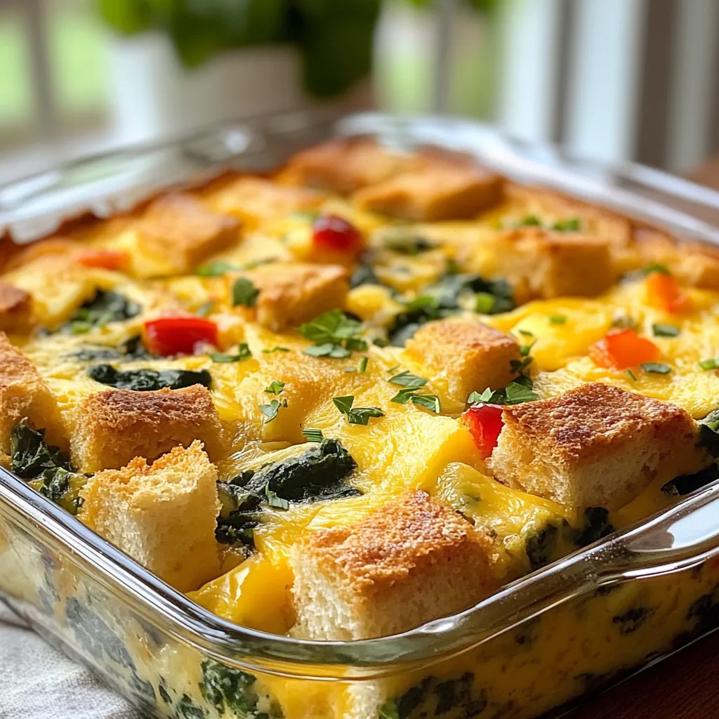 - 6 large eggs - 1 cup milk - 2 cups fresh spinach, chopped - 1 cup shredded cheddar cheese - 1 cup diced bell peppers - 1 small onion, finely chopped - 1 cup diced tomatoes (fresh or canned) - 1 teaspoon garlic powder - ½ teaspoon salt - ½ teaspoon black pepper - 1 teaspoon olive oil - 4 slices of whole grain bread, cut into cubes - Optional: Fresh herbs for garnish To make a great Cheesy Spinach Breakfast Casserole, you need fresh and simple ingredients. The star of this dish is the eggs. They form the base and give it structure. I use six large eggs to ensure every bite is rich and satisfying. Milk adds creaminess. I like to use one cup of milk. It blends well with the eggs. Fresh spinach brings in color and nutrients. I chop two cups of this leafy green. It cooks down well and adds a nice texture. Cheddar cheese gives this casserole its tasty, gooey goodness. I use one cup of shredded cheddar. You can also mix in other cheese if you like. Bell peppers add a sweet crunch. I dice one cup, using red or green, based on what I have. For the extra flavor, I add a small onion, chopped finely. The onion and one cup of diced tomatoes add depth. I also sprinkle in garlic powder, salt, and black pepper for seasoning. These spices enhance the taste without being overpowering. Do not forget the bread! I cube four slices of whole grain bread. This gives the casserole body and absorbs the flavors well. I use olive oil to help sauté the veggies and grease the dish. Finally, I like to garnish with fresh herbs like parsley or chives for a nice touch. With these ingredients, you create a dish that is quick to prepare and packed with flavor. {{ingredient_image_1}} - Preheat oven to 350°F (175°C). - Grease a 9x13-inch baking dish with olive oil. This step sets the stage for your casserole. Preheating the oven ensures even cooking. Greasing the dish helps to prevent sticking. You want a nice golden crust, not a stuck mess! - Heat olive oil in a skillet. - Add chopped onion and bell peppers. - Stir in chopped spinach. Start by heating the olive oil in your skillet. Once hot, toss in the chopped onion and bell peppers. Cook them for about five minutes until they soften. Then, add the spinach and stir until it wilts. This mix adds great flavor. - Whisk together eggs, milk, and seasonings. - Add sautéed vegetables, tomatoes, and cheddar cheese. - Fold in cubed bread and pour into baking dish. In a large bowl, whisk the eggs with milk, garlic powder, salt, and pepper. This mix is the base. Next, add your vegetable mix, diced tomatoes, and half the cheddar cheese. Then, gently fold in the cubed bread. This step makes your casserole hearty and filling. Pour the mix into your greased dish and sprinkle the remaining cheese on top. - Bake for 30-35 minutes. - Check for doneness with a golden brown top. Place the dish in your preheated oven. Bake for about 30 to 35 minutes. You know it’s done when the top turns a lovely golden brown. To check if it’s ready, give the center a gentle poke. It should feel set. Using fresh ingredients is key. Fresh spinach gives a bright flavor. It also adds a nice texture. When you use old or wilted veggies, the dish can taste flat. Avoid overmixing the bread. Gently fold the bread into the egg mix. This helps keep pieces intact. Overmixing can make your casserole soggy. You want soft bread but not mush. For great flavor, use spices. I suggest a pinch of red pepper flakes. They add mild heat. You can also try Italian herbs like oregano or basil. These work well with spinach. Cheese lovers can mix things up. Try adding feta or mozzarella. Both melt well and add a nice twist. Blend different cheeses for a deeper flavor. This breakfast casserole is great on its own. But you can pair it with sides. Fresh fruit or a simple salad adds color and crunch. For extra flavor, top it with fresh herbs. Parsley or chives make a great garnish. You can also serve it with a dollop of sour cream. This adds creaminess and balance. Pro Tips Use Fresh Spinach: Fresh spinach gives the casserole a vibrant flavor and texture. If using frozen spinach, make sure to thaw and drain it well to avoid excess moisture. Customize Your Cheese: Feel free to mix different cheeses like mozzarella or feta for a unique flavor profile. Just ensure that you have at least one meltable cheese for the best texture. Make It Ahead: This casserole can be prepared the night before. Just cover it tightly and refrigerate, then bake it in the morning for an easy breakfast option. Check for Doneness: To ensure the casserole is fully cooked, insert a knife in the center. If it comes out clean, it's ready; if not, give it a few more minutes in the oven. {{image_2}} You can easily switch up the cheese in this dish. Try mozzarella for a milder taste. Feta brings a nice tang, while pepper jack adds some heat. For veggies, use zucchini or mushrooms instead of bell peppers. You can also add kale or broccoli for a different twist. To make this casserole gluten-free, swap the whole grain bread for gluten-free bread. You can also reduce calories by using egg whites and low-fat milk. This keeps the dish light and healthy. Use less cheese or a low-fat version to cut fat without losing flavor. In summer, add fresh tomatoes and zucchini for a bright taste. In fall, use squash or sweet potatoes for a comforting flavor. For holidays, mix in some cooked sausage or bacon. You can even sprinkle festive spices like nutmeg. This makes the casserole perfect for any season. To store leftovers, let the casserole cool first. Then, cover it tightly with plastic wrap or place it in an airtight container. This keeps the flavors fresh and prevents drying out. I recommend using glass or BPA-free plastic containers. They seal well and are easy to clean. You can freeze this casserole before or after baking. If you freeze it before baking, assemble everything in a dish and cover it well. Just thaw it overnight in the fridge before baking. If you freeze after baking, make sure it cools completely. Wrap it up tightly in foil or use freezer-safe containers. When ready to eat, thaw it in the fridge overnight. Reheat in the oven at 350°F (175°C) until warmed through. In the fridge, the casserole lasts about 3 to 4 days. If you freeze it, you can keep it for up to 2 months. Just remember to label your containers with the date. This helps you enjoy your delicious dish at its best! Yes, you can prepare the casserole the night before. Just mix all the ingredients, pour them into the dish, and cover it. Store it in the fridge overnight. In the morning, bake it right from the fridge. It saves time and still tastes great. Check the center with a knife. If it comes out clean, it is done. The top should be golden brown too. Baking usually takes about 30 to 35 minutes at 350°F (175°C). Yes, you can use egg substitutes like flaxseed meal or silken tofu. For each egg, mix 1 tablespoon of flaxseed meal with 2.5 tablespoons of water. Let it sit for a few minutes to thicken. This makes a good swap for eggs in this dish. This casserole pairs well with fresh fruit or a light salad. You can also offer yogurt or a smoothie for a balanced meal. These sides add a nice touch and complete your breakfast. To make it vegan, use a plant-based milk and an egg substitute. You can also use vegan cheese for the cheesy flavor. Try adding more veggies for extra taste and nutrients. This way, everyone can enjoy this tasty dish! You learned about making a Cheesy Spinach Breakfast Casserole, from ingredients to baking. Fresh veggies and spices add flavor and nutrition. Remember the storage tips to keep leftovers fresh. You can also customize this dish to fit your diet or taste. With its simple steps and delicious outcome, this casserole makes breakfast easy and fun. Enjoy cooking and sharing this tasty meal with others. Your kitchen adventures will surely delight friends and family!