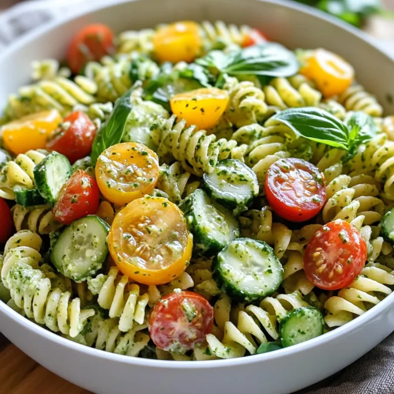 To make this salad, you need fresh and healthy items. Here’s what you will need: - 8 oz (about 225g) whole wheat pasta (any shape you prefer) - 1 cup cherry tomatoes, halved - 1 cucumber, diced - 1 cup fresh spinach, roughly chopped - 1 avocado, diced - 1/2 cup green onions, sliced - 1/4 cup fresh basil leaves, chopped - 1/4 cup fresh parsley, chopped These ingredients provide a great mix of flavors and textures. The whole wheat pasta adds fiber, while veggies give crunch and color. The avocado adds creaminess, making each bite satisfying. The dressing brings everything together. It is both creamy and tangy. You will need: - 1/2 cup Greek yogurt - 1/4 cup tahini - 2 tablespoons lemon juice - 1 teaspoon garlic powder - Salt and pepper to taste The Greek yogurt adds protein, while the tahini gives a nutty flavor. The lemon juice brightens the dish, and garlic powder adds depth. You can customize this salad with some fun add-ins. Here are a few ideas: - Sunflower seeds for crunch - Feta cheese for creaminess - Grilled chicken for extra protein - Bell peppers for extra color These add-ins can change the flavor and make the salad even more filling. Feel free to mix and match based on what you like! {{ingredient_image_1}} To start, bring a large pot of salted water to a boil. Make sure it’s bubbling well. Add the whole wheat pasta and cook it until it’s al dente. This usually takes about 8 to 10 minutes. After cooking, drain the pasta in a colander. Rinse it under cold water to cool it down. This step helps stop the cooking. Set the pasta aside to let it dry a bit. Next, grab a medium bowl. In this bowl, whisk together the Greek yogurt, tahini, and lemon juice. This mix creates a creamy base. Add garlic powder, salt, and pepper to taste. Keep whisking until the dressing is smooth. If you want more flavor, taste it and adjust the seasoning as needed. Set this dressing aside while you prepare the other ingredients. Now, it’s time to mix everything together. In a large mixing bowl, combine the cooked pasta, cherry tomatoes, cucumber, and spinach. Also, add the diced avocado, green onions, basil, and parsley. Toss everything gently to mix without breaking the avocado. Pour the green goddess dressing over the pasta mixture. Toss carefully until all the ingredients are coated in the dressing. For the best flavor, transfer the salad to the fridge for at least 30 minutes before serving. This allows the flavors to come together nicely. Enjoy your fresh and healthy Green Goddess Pasta Salad! To get the best pasta, cook it al dente. This means it should be firm to the bite. Follow the package instructions carefully. Remember to use plenty of salted water for cooking. After draining, rinse the pasta in cold water. This stops the cooking and keeps it from getting mushy. Seasoning brings the salad to life. The dressing mixes Greek yogurt, tahini, lemon juice, garlic powder, salt, and pepper. Adjust these to match your taste. For a brighter flavor, add more lemon juice. If you like a kick, try adding a pinch of red pepper flakes. Taste the dressing before adding it to the pasta. Mix gently to keep the veggies whole. The goal is to coat everything evenly without smashing the ingredients. Start by adding the dressing to the pasta. Toss lightly, then add the veggies and herbs. This method helps keep the salad colorful and fresh. For a fun twist, sprinkle sunflower seeds on top before serving. Pro Tips Use Seasonal Veggies: Incorporate seasonal vegetables for the freshest flavor and best nutrition. Make Ahead: Prepare the salad a few hours or the night before serving to enhance the flavors. Experiment with Greens: Try different greens like arugula or kale for a unique twist on the salad. Add Protein: For a heartier salad, consider adding grilled chicken, chickpeas, or feta cheese. {{image_2}} This Green Goddess Pasta Salad is easy to make vegetarian and vegan. Simply replace the Greek yogurt with a plant-based yogurt. Use almond, coconut, or cashew yogurt for a creamy texture. You can also skip the yogurt and add more tahini for a nutty flavor. This way, you keep it fresh and tasty while ensuring it fits your dietary needs. Want to make this salad more filling? Add protein! Grilled chicken or shrimp works great. If you prefer plant-based options, try chickpeas or black beans. Both add a nice texture and boost protein. You can even toss in some feta cheese for a salty kick. Just remember to adjust the dressing to balance the flavors! Make this salad your own by using seasonal veggies. In summer, add bell peppers or zucchini for crunch. In fall, roasted butternut squash adds a sweet touch. Try adding artichoke hearts or asparagus in spring. The key is to use what’s fresh and in season. This not only enhances flavor but also supports local farmers! To store your Green Goddess Pasta Salad, place it in an airtight container. Make sure it is sealed well to keep it fresh. Store it in the fridge. It will stay good for about three days. If you notice the veggies are getting soggy, consider eating it sooner. If you want to keep the salad fresh longer, store the dressing separately. Place the dressing in a small jar or container. Seal it tightly and keep it in the fridge. When you're ready to eat, mix the dressing with the salad. This keeps the pasta and veggies crisp. Freezing pasta salad is not the best option. The texture of the pasta and veggies may change when thawed. If you must freeze it, do so without the dressing. Place the salad in a freezer-safe container. Use it within a month for the best taste. When ready, thaw it in the fridge overnight before serving. If you need a tahini swap, try sunflower seed butter. It gives a similar creaminess. You might also use peanut butter for a different taste. Greek yogurt can add richness, too. Just remember, each swap changes the flavor a bit. Yes, you can use regular pasta. While whole wheat adds fiber and a nutty taste, regular pasta works well too. Just cook it for the time on the box. The salad will still be tasty and colorful. This salad stays fresh for about three days in the fridge. Store it in a sealed container. The veggies keep their crunch, and flavors blend better over time. If you notice any wilted greens, just remove them before serving. This blog post covered how to make tasty Green Goddess Pasta Salad. We discussed main ingredients and how to mix them. You learned to cook pasta and make the dressing. Tips helped you perfect texture and flavor. You can also try different add-ins and variations. To keep it fresh, we shared storage ideas. Enjoy the salad your way! Use these steps to impress friends and family at your next meal.