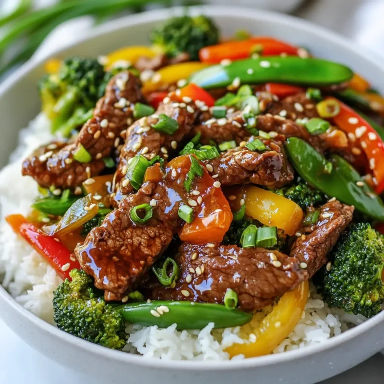 To make this dish, you need the following key items: - 1 lb beef sirloin, thinly sliced - 2 tablespoons sesame oil - 2 tablespoons fresh ginger, minced - 3 garlic cloves, minced - 2 cups broccoli florets - 1 bell pepper, sliced (any color) - 1 cup snap peas - 4 green onions, sliced - 1/4 cup soy sauce - 2 tablespoons honey - 1 tablespoon rice vinegar - 1 teaspoon cornstarch mixed with 1 tablespoon water - Sesame seeds for garnish - Cooked rice or noodles for serving These ingredients create a vibrant mix of flavors and textures. The beef gives protein, while the vegetables add crunch and color. The sesame oil and ginger bring warmth and aroma, making this stir fry truly special. You can customize your stir fry with these optional items: - Carrots, sliced thin - Mushrooms, sliced - Red pepper flakes for heat - Peanuts for crunch - Snow peas instead of snap peas Feel free to mix and match according to what you have on hand. This flexibility makes it easy to enjoy this dish anytime. To make cooking easier, I recommend these tools: - A large wok or skillet for even cooking - A cutting board and sharp knife for prep - Measuring spoons for accuracy - A spatula or wooden spoon for stirring - Small bowls for marinating and mixing sauces These tools will help you create a delicious dish with ease. Having the right tools can make the cooking process smoother and more enjoyable. {{ingredient_image_1}} To start, you’ll need to marinate the beef. In a bowl, mix soy sauce, honey, and rice vinegar. This mix gives the beef a rich flavor. Add your thinly sliced beef and stir to coat. Let it sit for at least 15 minutes. This step is important. It makes the beef tender and tasty. Heat your pan or wok over medium-high heat. Pour in the sesame oil, and let it warm up. Add the marinated beef in a single layer. Stir-fry for about 3 to 4 minutes. You want it browned but not fully cooked. This keeps the beef juicy. Once done, remove it from the pan and set it aside. In the same pan, add minced garlic and ginger. Stir-fry for about 30 seconds. You want to release their lovely scents. Next, toss in the broccoli, bell pepper, and snap peas. Stir-fry for 4 to 5 minutes. The veggies should be tender but still crisp. This gives your stir-fry great texture and color. Now it’s time to bring it all together. Add the beef back to the pan along with any juices. Stir in the cornstarch mixed with water. Cook for an additional 2 minutes. This will thicken your sauce nicely. Finally, add the sliced green onions and stir quickly. Serve your stir-fry hot over cooked rice or noodles. Don’t forget to sprinkle sesame seeds on top for a nice finish. Enjoy your meal! To get juicy beef, start with sirloin. Slice it thinly against the grain. This helps you chew easily. Marinate the beef for at least 15 minutes. Use soy sauce, honey, and rice vinegar for great flavor. Heat your pan well before adding the beef. This gives you a nice sear. Cook it for just 3-4 minutes. You want it browned but not overcooked. Remove the beef and let it rest. This keeps it tender. A wok heats faster and gives you even cooking. It allows the heat to circulate well. This is key for stir-fry dishes. If you use a skillet, that works too! Just make sure it’s wide and has high sides. Both methods need medium-high heat. Stir the beef often to avoid burning. The goal is to keep the beef juicy while cooking. If you have food allergies, there are good swaps. For soy sauce, use tamari for gluten-free. You can replace beef with chicken or tofu. Both options work well in this dish. If you dislike broccoli, try bell peppers or carrots. For a sweeter taste, add pineapple. This makes the dish fun and fresh. Always adjust cooking times based on your veggies. Aim for crisp-tender vegetables to keep that nice crunch. Pro Tips Cut Against the Grain: Always slice your beef sirloin against the grain for maximum tenderness. This helps break down the muscle fibers, making each bite easier to chew. Prep Ingredients Ahead: To ensure a smooth cooking process, prepare and chop all your vegetables and ingredients before you start cooking. Stir-frying is a quick process, and having everything ready will make it easier. High Heat is Key: Stir-frying requires high heat to achieve that beautiful sear and caramelization. Make sure your pan is hot enough before adding the beef and vegetables. Customize Your Veggies: Feel free to mix and match your favorite vegetables. Carrots, bok choy, or zucchini can be great additions to this stir fry, adding both color and nutrition. {{image_2}} You can easily make a vegetarian version. Swap the beef for tofu or tempeh. Press the tofu to remove extra water, then cut it into cubes. Marinate the tofu in the same sauce used for beef. Cook it until golden brown before adding the vegetables. This keeps the dish tasty and filling without meat. Feel free to experiment with veggies! You can use carrots, bell peppers, or mushrooms. You could also add zucchini or asparagus for a fresh twist. Each veggie brings its unique taste and texture. Just remember to cut them into even pieces for even cooking. This keeps your stir fry colorful and fun. Want some heat? Add sliced jalapeños or crushed red pepper flakes. You can also drizzle on sriracha or chili oil for extra spice. Adjust the amount to match your taste. Spicy flavors pair well with the sesame and ginger, making the dish exciting. Enjoy the kick while you savor each bite! To keep your sesame ginger beef stir fry fresh, let it cool first. Place the stir fry in an airtight container. Store it in the fridge for up to three days. Make sure to separate any rice or noodles, so they do not get soggy. This helps keep all the flavors and textures nice. When you are ready to enjoy your leftovers, reheat them gently. You can use a pan on medium heat. Add a splash of water or soy sauce to keep it moist. Stir it often for even heating. If using a microwave, cover the dish loosely with a lid. Heat in short bursts to avoid overcooking. You can freeze sesame ginger beef stir fry for later meals. Let it cool completely before freezing. Use a freezer-safe bag or container. Remove as much air as possible. This helps prevent freezer burn. It can last up to three months in the freezer. When ready to eat, thaw in the fridge overnight and reheat as mentioned above. You can serve this dish with cooked rice or noodles. Both options soak up the tasty sauce. You might also add a side of steamed vegetables or a fresh salad. These sides balance the meal and add color. Yes, you can use chicken or tofu if you prefer. Thinly sliced chicken cooks quickly and has a nice flavor. Tofu is a great plant-based option, too. Just make sure it’s firm tofu for the best texture. Adjust the cooking time to ensure everything is cooked well. To make this dish gluten-free, switch the soy sauce with tamari. Tamari is a great gluten-free option. You can also check for gluten-free noodles or rice. Always read labels to ensure there are no hidden gluten ingredients. This dish has roots in Asian cuisine, especially Chinese cooking. Stir-frying is a common cooking method in this region. The flavors of sesame and ginger are often found in many Asian dishes. They add depth and warmth, making this dish a favorite worldwide. This blog post covered how to make a delicious sesame ginger beef stir fry. You learned essential and optional ingredients, marinating techniques, and cooking tips. We discussed variations and how to store leftovers. Consider adding your twist with veggies or heat. Don’t hesitate to try chicken or tofu for a tasty change. Cooking can be fun and creative! Enjoy your dinner and impress your loved ones with this dish. Keep exploring and experimenting in your kitchen.