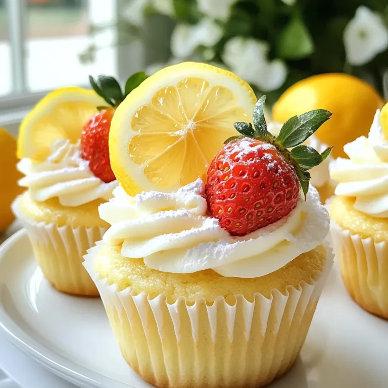 - 1 ½ cups all-purpose flour - 1 teaspoon baking powder - ½ teaspoon baking soda - ½ teaspoon salt - ½ cup unsalted butter, softened - 1 cup granulated sugar - 2 large eggs - 1 teaspoon vanilla extract - ½ cup buttermilk - Zest of 1 lemon - ¼ cup freshly squeezed lemon juice - 1 cup strawberries, diced The right mix of dry and wet ingredients is key to great cupcakes. I always start with the dry ingredients. In a bowl, I whisk together the flour, baking powder, baking soda, and salt. This helps the cupcakes rise well. Next, I focus on the wet ingredients. I cream the softened butter and sugar together until they are light and fluffy. This step adds air, making the cupcakes soft. Then, I add the eggs one at a time. I mix in the vanilla, buttermilk, lemon zest, and lemon juice. Each ingredient adds flavor and moisture. Finally, I fold in the diced strawberries. I want them to spread evenly, so I do this gently. The strawberries add a sweet burst in each bite. With this perfect blend of ingredients, your Strawberry Lemonade Cupcakes will be light, fluffy, and full of flavor. {{ingredient_image_1}} Start by preheating your oven to 350°F (175°C). This step ensures your cupcakes bake evenly. While it heats, line a muffin tin with cupcake liners. This makes for easy serving and cleanup. In a medium bowl, whisk together the dry ingredients. You will need 1 ½ cups of all-purpose flour, 1 teaspoon of baking powder, ½ teaspoon of baking soda, and ½ teaspoon of salt. Mixing these dry items well helps them blend evenly in the batter. In a large bowl, cream together the softened butter and granulated sugar. Use an electric mixer for this step. Beat for about 3-4 minutes until the mixture is light and fluffy. This process adds air, which helps the cupcakes rise. Next, add the eggs one at a time while mixing well after each addition. Then, add 1 teaspoon of vanilla extract, ½ cup of buttermilk, the zest of 1 lemon, and ¼ cup of freshly squeezed lemon juice. Mix until everything is combined. Gradually add the dry ingredients to the wet mixture, mixing just until combined. Be careful not to overmix; this keeps your cupcakes light and fluffy. Now, gently fold in 1 cup of diced strawberries. This adds flavor and texture. Divide the batter evenly among the cupcake liners, filling each about 2/3 full. Bake in your preheated oven for 18-20 minutes. Check if they are done by inserting a toothpick in the center. If it comes out clean, they are ready! After baking, let them cool in the pan for 5 minutes. Then, transfer them to a wire rack to cool completely. Enjoy your delicious strawberry lemonade cupcakes! To make moist cupcakes, use room temperature ingredients. This helps them blend well. Be gentle when mixing. Overmixing can make them tough. Also, fold in the strawberries slowly. This keeps the batter light. Want to add more flavor? Try adding a splash of orange juice. It gives a nice twist. You can also mix in some lemon zest for extra zing. If you like a bit of spice, add a pinch of cinnamon. This adds warmth to every bite. For frosting, lemon buttercream is my favorite choice. Its tangy taste pairs perfectly with the cupcakes. You can also use a light whipped cream. This keeps it fresh and airy. For a fun twist, try a strawberry cream cheese frosting. It adds a sweet, rich touch that everyone will love. Pro Tips Use Fresh Strawberries: Always opt for ripe, fresh strawberries for the best flavor. Frozen strawberries can make the batter too watery. Don't Overmix: When combining wet and dry ingredients, mix until just combined. Overmixing can lead to tough cupcakes. Room Temperature Ingredients: Ensure your butter and eggs are at room temperature for a smoother batter and better rise. Cool Completely: Allow cupcakes to cool completely before frosting to prevent the frosting from melting. {{image_2}} If you want to make these cupcakes gluten-free, you can easily swap the flour. Use a gluten-free all-purpose flour blend. Look for one that includes xanthan gum; it helps with texture. You still need baking powder, baking soda, and salt, so keep those in the mix. The rest of the ingredients can stay the same. These swaps will ensure your cupcakes remain light and tasty. To make vegan strawberry lemonade cupcakes, replace the eggs with flax eggs. Mix one tablespoon of ground flaxseed with three tablespoons of water. Let it sit until it thickens. For the buttermilk, use almond milk or soy milk mixed with a bit of vinegar or lemon juice. Just like that, you have a dairy-free and egg-free treat that everyone will love. You can switch things up based on the season. In winter, try adding cranberries or orange zest for a festive twist. In fall, pumpkin puree can create a warm, cozy flavor. For summer, use other berries like blueberries or raspberries. Each fruit brings its own charm, making your cupcakes a year-round delight. To keep your strawberry lemonade cupcakes fresh, store them in an airtight container. Place a piece of parchment paper between layers if stacking. This prevents sticking. Store them at room temperature for up to three days. If you want them to last longer, consider refrigeration. Just remember, cold can dry them out a bit. To freeze your cupcakes, first let them cool completely. Wrap each cupcake in plastic wrap. Then, place them in a freezer-safe bag. Squeeze out as much air as you can. They can last up to three months in the freezer. When ready to eat, thaw them in the fridge overnight. You can also leave them out for a few hours at room temperature. These cupcakes stay tasty for about three days at room temperature. If stored in the fridge, they can last up to a week. However, the flavor is best within the first few days. For frozen cupcakes, the taste stays good for three months. But, for the best flavor and texture, aim to enjoy them sooner. Yes, you can use frozen strawberries. First, thaw the strawberries completely. Then, drain off any excess liquid. Chop them into small pieces to mix into the batter. This helps keep the moisture balanced. Frozen strawberries work well, but fresh ones give a better taste. To prevent sinking, ensure your oven is hot enough. Always preheat it to 350°F (175°C). Mix your batter just until combined. Overmixing can add too much air. Also, make sure to fold in strawberries gently. This helps keep them evenly distributed. Lastly, don’t skip the baking powder; it gives the rise. If you don’t have buttermilk, you can make your own. Mix ½ cup of milk with 1 tablespoon of lemon juice or vinegar. Let it sit for about five minutes. This creates a similar tangy flavor. You can also use plain yogurt or sour cream mixed with water. Decorating can be fun and simple. Use lemon buttercream frosting for a classic touch. Add a sprinkle of powdered sugar on top for a light look. You can also place a thin lemon slice or a fresh strawberry on each cupcake. For more color, try edible flowers or colored sprinkles. You learned how to make strawberry lemonade cupcakes with simple steps. We covered ingredients, from dry to wet, and tips for the best texture. You can also explore gluten-free and vegan options. Make sure to store your cupcakes well for freshness. Remember, these cupcakes can brighten any day. Enjoy experimenting with flavors and decorations. Happy baking!