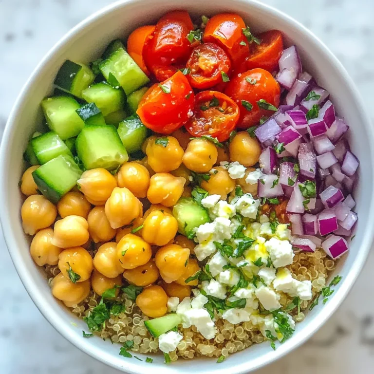 The Mediterranean Chickpea Power Bowl packs a punch with its healthy and tasty ingredients. You will need: - Chickpeas (1 can - 15 oz) - Quinoa (1 cup cooked) - Fresh Vegetables (1 cup cherry tomatoes, halved; 1/2 cucumber, diced; 1/4 red onion, finely chopped; 1/2 red bell pepper, diced) - Additional Toppings (1/4 cup Kalamata olives, pitted and halved; 1/4 cup feta cheese, crumbled; 1/4 cup fresh parsley, chopped) - Dressing Ingredients (3 tablespoons olive oil; 2 tablespoons lemon juice; 1 teaspoon dried oregano; salt and pepper to taste) Chickpeas are the star of this bowl. They are rich in protein and fiber. They help you feel full and energized. Quinoa adds a nutty flavor and is gluten-free. The fresh vegetables bring color and crunch. Cherry tomatoes offer sweetness, while cucumber and bell pepper add freshness. Red onion gives it a nice bite. For the toppings, Kalamata olives add a briny taste, and feta cheese brings creaminess. Fresh parsley adds a bright touch. The dressing is simple yet flavorful. Olive oil and lemon juice create a zesty base. Dried oregano ties it all together. Salt and pepper enhance every bite. This bowl is not just tasty; it is also good for you. Each ingredient plays a role in making this dish a true power bowl. Now you are ready to boost your energy with this delicious meal! {{ingredient_image_1}} - Combining the main ingredients Start by taking a large mixing bowl. Add in the rinsed and drained chickpeas. Then, add cooked quinoa, halved cherry tomatoes, diced cucumber, finely chopped red onion, diced red bell pepper, and halved Kalamata olives. Mix them well. This step builds the base for your bowl. - Making the dressing In a small bowl, whisk together olive oil, lemon juice, dried oregano, salt, and pepper. This dressing brings the flavors together. Make sure it is well-combined for the best taste. - Tossing the ingredients together Pour the dressing over the chickpea mixture. Toss gently to coat all the ingredients evenly. This step ensures every bite is full of flavor. Be careful not to mash the chickpeas. - Incorporating feta and parsley Gently fold in crumbled feta cheese and chopped parsley. These additions add a fresh taste and a nice touch. They bring a lovely creaminess and herbiness to the bowl. - Adjusting seasoning before serving Taste the mixture and adjust the seasoning. Add more salt, pepper, or lemon juice if needed. This step makes sure your bowl is just right. You can serve it right away or chill it for a bit to let the flavors blend. Letting the bowl chill helps the flavors mix well. When you let it sit, the taste deepens. I suggest you chill it for about 15 to 20 minutes. It makes a big difference. For a bright look, garnish with extra parsley and lemon slices. These touches make your bowl pop. They add color and freshness. Using fresh herbs boosts the flavor. Parsley adds a nice touch, but you can also try mint or dill. Fresh herbs can change the whole dish. To cook quinoa perfectly, rinse it first. This removes bitterness. Use two cups of water for each cup of quinoa. Bring it to a boil, then simmer until water is gone. Fluff it with a fork when done. Rinsing and draining chickpeas is key. This removes excess salt and starch. It keeps your bowl light and fresh. When chopping vegetables, try to keep sizes even. This helps them cook and look nice together. Use a sharp knife for clean cuts, and take your time. A steady hand makes all the difference. Pro Tips Use Fresh Ingredients: Always opt for the freshest vegetables and herbs to enhance the flavor and nutritional value of your power bowl. Customize Your Bowl: Feel free to add or substitute ingredients based on your preferences—avocado, roasted vegetables, or grilled chicken make great additions. Make Ahead: This power bowl can be prepared in advance and stored in the refrigerator for up to three days; just add the feta cheese and parsley before serving. Experiment with Dressings: Try different dressings like tahini or yogurt-based ones for a unique flavor twist each time you make the bowl. {{image_2}} You can change the feta cheese if you want. Try using goat cheese or even avocado for a creamy touch. These options add a different flavor while keeping it tasty. Feel free to switch up the vegetables, too. You can use bell peppers, shredded carrots, or even spinach. Each choice adds its own crunch and color, making your bowl more fun. For the dressing, you can replace olive oil with avocado oil or use plain yogurt instead of lemon juice. This change keeps the dish light but gives it a new twist. If you want a vegan version, skip the feta cheese. You can add nuts or seeds for a creamy texture. Tofu is another great option that adds protein. To make it gluten-free, use rice or millet instead of quinoa. Both grains work well and keep the bowl filling and nutritious. Looking to lower the carbs? You can swap quinoa for cauliflower rice. This keeps the dish low-carb while still being delicious. Store your Mediterranean Chickpea Power Bowl in an airtight container. This keeps it fresh and tasty. Place it in the fridge right after serving. It can stay fresh for up to four days. If you're unsure, always check for any off smells or changes in texture. When you reheat, use the microwave or a skillet. Heat it on low to keep the veggies crisp. Add a splash of olive oil or lemon juice for extra flavor. This will help maintain the bowl's freshness. Prep your ingredients ahead of time to save time during the week. Rinse and drain the chickpeas, chop the veggies, and cook the quinoa in advance. Store each ingredient separately in the fridge. Portion out the ingredients for quick meals. Use small containers to hold enough for one serving. This makes grabbing a healthy meal easy and fast. For long-term storage, you can freeze the chickpeas and cooked quinoa. This way, you can enjoy them later. Just remember to thaw them in the fridge overnight before using. Enjoy your power bowl anytime! Chickpeas are great for your health. They are high in protein and fiber, which help keep you full. They also support heart health and may lower cholesterol. Plus, they provide vitamins and minerals like iron and magnesium. Eating chickpeas can help with digestion and weight management. Yes, you can make this bowl ahead of time. Prepare the ingredients and combine them without the dressing. Store it in the fridge for up to three days. When you're ready to eat, just whisk together the dressing and pour it over the bowl. This keeps the veggies fresh and crunchy. To boost the protein, you can add grilled chicken, shrimp, or tofu. You can also use more chickpeas or add nuts like almonds or walnuts. Another option is to mix in some cooked lentils. These additions make the dish even more filling and nutritious. You can serve this power bowl with warm pita bread or flatbreads. A side of hummus pairs nicely too. For a light touch, add a simple green salad or some roasted veggies. A yogurt dip can also add creaminess and flavor to your meal. Yes, there are several alternatives to quinoa. You can use brown rice, farro, or barley instead. For a lower-carb option, try cauliflower rice. Each option brings a unique texture and taste, making your bowl special every time. This blog post detailed a tasty and healthy Mediterranean Chickpea Power Bowl. We covered key ingredients like chickpeas, quinoa, and fresh vegetables. I shared step-by-step instructions to help you combine them perfectly. You learned tips to enhance flavor and storage practices for leftovers. Plus, we explored variations and substitutions to suit your needs. In summary, this dish is not only easy to make but also great for your health. Enjoy making it your own, and savor every bite!