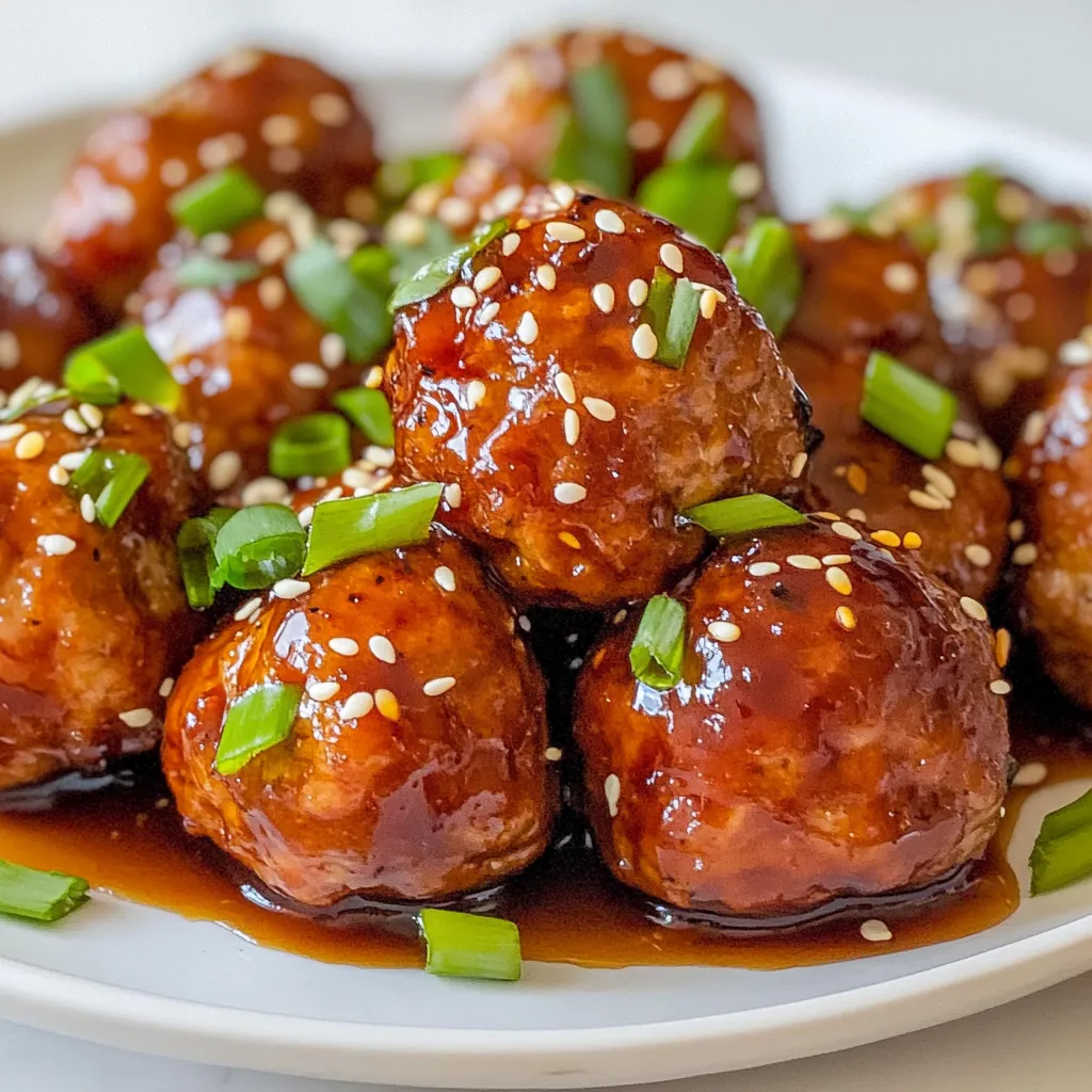 - 1 pound ground chicken - 1/2 cup breadcrumbs - 1/4 cup green onions, finely chopped These main ingredients form the base of the teriyaki chicken meatballs. Ground chicken gives the meatballs a light texture. Breadcrumbs help bind everything together. Green onions add a nice fresh flavor and a pop of color. - 2 tablespoons soy sauce - 1 tablespoon sesame oil - 2 cloves garlic, minced - 1 teaspoon ginger, freshly grated These flavor enhancers take the dish to the next level. Soy sauce adds a salty umami taste. Sesame oil brings a nutty flavor that works well with chicken. Garlic and ginger provide warmth and depth. They all blend wonderfully in the meatball mix. - 1/4 cup teriyaki sauce - 1 tablespoon honey - Sesame seeds for garnish These components add sweetness and a glossy finish. Teriyaki sauce gives the meatballs a rich and sticky coating. Honey adds a hint of sweetness. Finally, sesame seeds make a lovely garnish, adding crunch and visual appeal. {{ingredient_image_1}} In a large bowl, combine these ingredients: - 1 pound ground chicken - 1/2 cup breadcrumbs - 1/4 cup finely chopped green onions - 1 egg, lightly beaten - 2 tablespoons soy sauce - 1 tablespoon sesame oil - 2 cloves garlic, minced - 1 teaspoon freshly grated ginger Mix them gently until everything is combined. Be careful not to overwork the meat. This keeps the meatballs tender. Once mixed, use your hands to form the chicken mixture into 1-inch meatballs. Place each meatball on a baking sheet lined with parchment paper. Next, preheat your oven to 400°F (200°C). This step is key for even cooking. While the oven heats, you can finish shaping your meatballs. Bake the meatballs for 15-20 minutes. You want them to be golden brown and fully cooked. Use a meat thermometer to check for an internal temperature of 165°F. This ensures they are safe to eat. While the meatballs bake, prepare the sauce. In a small saucepan, mix together: - 1/4 cup teriyaki sauce - 1 tablespoon honey Heat this mixture over low heat. Stir until it is warm and well combined. Once the meatballs are done, transfer them to a large bowl. Pour the teriyaki sauce mixture over them. Gently toss to coat each meatball evenly. For a nice touch, garnish with sesame seeds and extra chopped green onions if you like. To make great meatballs, you need to mix well but not too much. Overmixing makes the meatballs tough. Just mix until everything is combined. This keeps them tender. Next, pay attention to the cooking temperature. Preheat your oven to 400°F (200°C) before baking. This helps the meatballs cook evenly. Use a meat thermometer to check if they reach 165°F (74°C). If they do, they are safe to eat. These teriyaki chicken meatballs shine when served with rice or vegetables. The rice soaks up the sauce, making each bite delicious. You can also serve them with steamed broccoli or sautéed bell peppers for a colorful plate. For garnishing, sprinkle sesame seeds on top. They add a nice crunch and look pretty. You can also add more green onions for a fresh touch. Both options make your dish pop with flavor and color. One common mistake is not using fresh ingredients. Fresh chicken, garlic, and ginger make a big difference. They add great flavor to your meatballs. Always check your ingredients before cooking. Another mistake is skipping the preheating step. If your oven isn't hot, your meatballs won't cook right. They might end up dry or unevenly cooked. Always preheat your oven, so you get the best results. Pro Tips Use Fresh Ingredients: Fresh ginger and garlic can elevate the flavor of your meatballs significantly. Avoid using pre-minced or powdered versions for the best taste. Don’t Overmix: When combining the ingredients, mix just until everything is combined. Overmixing can lead to tough meatballs. Check for Doneness: Use a meat thermometer to ensure the internal temperature of the meatballs reaches 165°F (74°C) for safe consumption. Customize the Sauce: Feel free to add a splash of rice vinegar or a pinch of red pepper flakes to the teriyaki sauce for an extra flavor kick. {{image_2}} You can easily swap the ground chicken for other meats. Ground turkey works well and has a lighter taste. If you prefer beef, that’s a great option too. Just remember, you may need to adjust the cooking time. If you need a gluten-free option, use gluten-free breadcrumbs. They will still provide the right texture. You can find these at most grocery stores. They make this recipe more accessible for everyone. You can change the flavor by adding spices or herbs. Try garlic powder or onion powder for extra zest. A pinch of red pepper flakes adds a little heat. Fresh herbs like basil or cilantro can brighten the dish. If you want a different sweetness, try maple syrup instead of honey. It will add a unique flavor. You can also use brown sugar for a richer taste. You can sauté the meatballs instead of baking them. Just cook them in a skillet over medium heat. This method gives them a lovely brown crust. Be sure to turn them often for even cooking. If you prefer a slow cooker, you can use it for this recipe too. After forming the meatballs, place them in the slow cooker. Pour the teriyaki sauce over them and cook on low for four hours. This method makes them very tender and juicy. Store your teriyaki chicken meatballs in the fridge. Place them in an airtight container. This keeps them fresh for up to four days. Always let them cool down before sealing. You can freeze the meatballs for later use. First, let them cool completely. Then, put them in a freezer bag or container. Make sure to remove as much air as possible. To reheat, thaw in the fridge overnight. Then, warm them in the oven at 350°F (175°C) until hot. Understanding spoilage helps you stay safe. Teriyaki chicken meatballs can spoil if left out too long. Signs of spoilage include a bad smell, change in color, or a slimy texture. If you notice any of these signs, it’s best to toss them out. Always trust your senses when checking food. You can serve teriyaki chicken meatballs with rice, vegetables, or noodles. Rice pairs well and soaks up the sauce. Steamed broccoli or green beans add color and nutrition. Noodles work great too, especially with the teriyaki sauce. You can even make a stir-fry with your favorite veggies and noodles for a complete meal. Yes, you can make teriyaki chicken meatballs ahead of time. Batch cooking is a smart way to save time. You can prepare the meatballs, bake them, and then freeze them. Just make sure to let them cool first. Store them in a freezer-safe container. When you're ready to eat, thaw and heat them in the oven or microwave. To know if meatballs are fully cooked, check the internal temperature. It should reach 165°F (75°C). You can also cut one open. The meat should be no longer pink inside. The outside should look golden brown. If you see these signs, your meatballs are ready to enjoy! In this article, we explored how to make delicious teriyaki chicken meatballs. We covered the essential ingredients like ground chicken, soy sauce, and garlic for flavor. I provided step-by-step instructions for preparing, baking, and saucing the meatballs. We also shared tips for the perfect meatball and various cooking methods. With practice, you can make this dish perfectly every time. Enjoy these meatballs with rice, vegetables, or your favorite side. Healthy and tasty, they can suit everyone's taste!