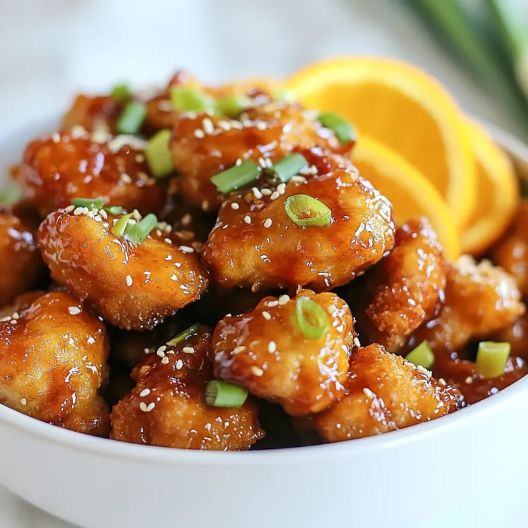 - 1 lb boneless, skinless chicken thighs - 1 cup all-purpose flour - 1 large egg - 1 cup panko breadcrumbs - 1 teaspoon garlic powder - 1/2 teaspoon ginger powder - 1/2 teaspoon salt - 1/4 teaspoon black pepper - 1 cup orange juice - 1/4 cup honey - 1 tablespoon soy sauce - 1 tablespoon rice vinegar - 1 teaspoon cornstarch dissolved in water The heart of this crispy air fryer orange chicken lies in its simple yet flavorful ingredients. For the chicken, I prefer boneless, skinless thighs. They stay juicy and tender. You’ll need one pound, cut into small bite-sized pieces for even cooking. Next, let’s talk about the breading. I use one cup of all-purpose flour to help create that crispy coating. The egg acts like glue, so beat one large egg and set it aside. Lastly, panko breadcrumbs give a unique crunch. Grab a cup of these little golden flakes for the best texture. Now, for the flavor! I add garlic powder for depth and a touch of ginger powder for warmth. Use one teaspoon of garlic powder, half a teaspoon of ginger powder, half a teaspoon of salt, and a quarter teaspoon of black pepper. This mix will season the chicken just right. The orange sauce is where the magic happens. You want one cup of orange juice, preferably fresh. Combine it with a quarter cup of honey for sweetness. It’s balanced with one tablespoon of low-sodium soy sauce and one tablespoon of rice vinegar for a touch of tang. Finally, mix a teaspoon of cornstarch with water to thicken your sauce. These ingredients create an amazing dish that’s both crispy and bursting with flavor. Once you gather these items, you’re on your way to a delightful meal! {{ingredient_image_1}} - Preheat your air fryer to 400°F (200°C). This step helps cook the chicken evenly. - In a shallow dish, mix the flour, garlic powder, ginger powder, salt, and black pepper. This seasoning will give the chicken great flavor. - Take each piece of chicken and dip it into the flour mix. Make sure to shake off any extra flour. - Next, dip it into the beaten egg. This helps the breadcrumbs stick well. - Finally, coat the chicken in panko breadcrumbs for that extra crunch. - Arrange the breaded chicken pieces in a single layer in the air fryer basket. Lightly spray the chicken with cooking spray for a golden finish. - Air fry the chicken for 10 to 12 minutes. Shake the basket halfway through to ensure even cooking. You want the chicken to be golden brown and crispy. - While the chicken cooks, prepare the orange sauce. In a saucepan over medium heat, combine the orange juice, honey, soy sauce, rice vinegar, and the cornstarch dissolved in water. Stir until the sauce thickens slightly, which takes about 3 to 5 minutes. - Once the chicken is done, transfer it to a large bowl and pour the orange sauce over it. Toss gently to coat all the chicken pieces well. To make your air fryer orange chicken crispy, use panko breadcrumbs. They are light and crunchy, which gives your chicken that perfect bite. Regular breadcrumbs won't deliver the same crispiness. Use cooking spray when you air fry. A light spray helps the panko brown nicely. This step is key for getting that golden color and crunch. Want some heat? Add a pinch of red pepper flakes to the orange sauce. You can also use sriracha to give it a spicy kick. If you want to switch up the taste, try different citrus juices. Lemon or lime work well. They add a fresh twist to the dish while keeping it zesty. Pro Tips Use Fresh Ingredients: Freshly squeezed orange juice enhances the flavor of the sauce significantly compared to bottled juice. Don't Overcrowd the Basket: Ensure the chicken pieces are in a single layer in the air fryer to achieve maximum crispiness. Adjust the Spice Level: For a kick of heat, add a pinch of red pepper flakes to the flour mixture or the sauce. Let It Rest: Allow the chicken to rest for a few minutes after air frying before tossing it in the sauce to maintain its crispiness. {{image_2}} You can switch chicken for tofu or shrimp. Both options add unique flavors. For tofu, use firm or extra-firm. Cut it into cubes, and follow the same breading steps. Cook it for about 10-12 minutes in the air fryer. Tofu will get crispy and delicious. If using shrimp, peel and devein them first. Shrimp will cook faster, so air fry for about 6-8 minutes. Make sure they turn pink and curl up. Want some heat? Add sriracha to your orange sauce. Start with a teaspoon and taste. Add more if you like it spicy. You can also switch up the sauce. Swap the orange juice for teriyaki sauce for a sweet twist. Or, make a sweet and sour version by mixing in some vinegar and sugar. These changes keep your meal exciting and delicious. After making crispy air fryer orange chicken, let it cool first. Store leftovers in an airtight container. This helps keep the chicken fresh. You can keep it in the fridge for up to three days. When reheating, use an air fryer or oven. This keeps the chicken crispy. Heat at 350°F for about 5-7 minutes. You want it warm but not dried out. You can freeze both uncooked and cooked chicken. For uncooked chicken, bread it first, then freeze. Place it in a single layer on a baking sheet. Once frozen, transfer the pieces to a bag. This way, they won't stick together. Cooked chicken can also be frozen. Store it in an airtight container. The shelf life for both is about three months. When ready to eat, defrost it in the fridge overnight. Reheat in the air fryer for best results. Cook time for crispy air fryer orange chicken is about 10-12 minutes. Your air fryer may vary a bit, so check for doneness. I recommend shaking the basket halfway through. This helps the chicken cook evenly. Always make sure the chicken is golden brown and crispy. If your air fryer runs hot, check it at 10 minutes. If it's slower, it may take a bit longer. Yes, you can use chicken breasts. They will taste lighter but may be less juicy. Chicken thighs have a richer flavor and stay moist during cooking. Breasts cook faster, so watch them closely. If you choose breasts, cut them into smaller pieces to ensure they cook well. Use the same breading method for a great texture. Absolutely! Kids usually love sweet flavors. The orange sauce adds a nice touch. To make it even better, serve with rice or noodles. You can also skip the black pepper for less heat. Add fun garnishes like sesame seeds or green onions. Kids love to see colorful food on their plates. This blog post covered key steps to make crispy air fryer orange chicken. We listed the main and flavoring ingredients, shared simple instructions, and offered tips for the best texture. You can try different proteins or sauces for a fun twist. Remember to store leftovers properly to enjoy later. With these easy steps, you can impress your family or friends. Making this dish is not just about taste; it's about making good memories in the kitchen. Enjoy your cooking adventure!