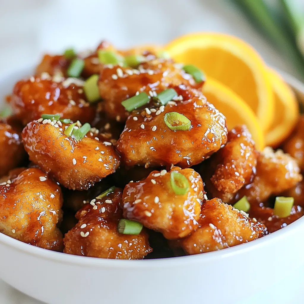 - 1 lb boneless, skinless chicken thighs - 1 cup all-purpose flour - 1 large egg - 1 cup panko breadcrumbs - 1 teaspoon garlic powder - 1/2 teaspoon ginger powder - 1/2 teaspoon salt - 1/4 teaspoon black pepper - 1 cup orange juice - 1/4 cup honey - 1 tablespoon soy sauce - 1 tablespoon rice vinegar - 1 teaspoon cornstarch dissolved in water The heart of this crispy air fryer orange chicken lies in its simple yet flavorful ingredients. For the chicken, I prefer boneless, skinless thighs. They stay juicy and tender. You’ll need one pound, cut into small bite-sized pieces for even cooking. Next, let’s talk about the breading. I use one cup of all-purpose flour to help create that crispy coating. The egg acts like glue, so beat one large egg and set it aside. Lastly, panko breadcrumbs give a unique crunch. Grab a cup of these little golden flakes for the best texture. Now, for the flavor! I add garlic powder for depth and a touch of ginger powder for warmth. Use one teaspoon of garlic powder, half a teaspoon of ginger powder, half a teaspoon of salt, and a quarter teaspoon of black pepper. This mix will season the chicken just right. The orange sauce is where the magic happens. You want one cup of orange juice, preferably fresh. Combine it with a quarter cup of honey for sweetness. It’s balanced with one tablespoon of low-sodium soy sauce and one tablespoon of rice vinegar for a touch of tang. Finally, mix a teaspoon of cornstarch with water to thicken your sauce. These ingredients create an amazing dish that’s both crispy and bursting with flavor. Once you gather these items, you’re on your way to a delightful meal! {{ingredient_image_1}} - Preheat your air fryer to 400°F (200°C). This step helps cook the chicken evenly. - In a shallow dish, mix the flour, garlic powder, ginger powder, salt, and black pepper. This seasoning will give the chicken great flavor. - Take each piece of chicken and dip it into the flour mix. Make sure to shake off any extra flour. - Next, dip it into the beaten egg. This helps the breadcrumbs stick well. - Finally, coat the chicken in panko breadcrumbs for that extra crunch. - Arrange the breaded chicken pieces in a single layer in the air fryer basket. Lightly spray the chicken with cooking spray for a golden finish. - Air fry the chicken for 10 to 12 minutes. Shake the basket halfway through to ensure even cooking. You want the chicken to be golden brown and crispy. - While the chicken cooks, prepare the orange sauce. In a saucepan over medium heat, combine the orange juice, honey, soy sauce, rice vinegar, and the cornstarch dissolved in water. Stir until the sauce thickens slightly, which takes about 3 to 5 minutes. - Once the chicken is done, transfer it to a large bowl and pour the orange sauce over it. Toss gently to coat all the chicken pieces well. To make your air fryer orange chicken crispy, use panko breadcrumbs. They are light and crunchy, which gives your chicken that perfect bite. Regular breadcrumbs won't deliver the same crispiness. Use cooking spray when you air fry. A light spray helps the panko brown nicely. This step is key for getting that golden color and crunch. Want some heat? Add a pinch of red pepper flakes to the orange sauce. You can also use sriracha to give it a spicy kick. If you want to switch up the taste, try different citrus juices. Lemon or lime work well. They add a fresh twist to the dish while keeping it zesty. Pro Tips Use Fresh Ingredients: Freshly squeezed orange juice enhances the flavor of the sauce significantly compared to bottled juice. Don't Overcrowd the Basket: Ensure the chicken pieces are in a single layer in the air fryer to achieve maximum crispiness. Adjust the Spice Level: For a kick of heat, add a pinch of red pepper flakes to the flour mixture or the sauce. Let It Rest: Allow the chicken to rest for a few minutes after air frying before tossing it in the sauce to maintain its crispiness. {{image_2}} You can switch chicken for tofu or shrimp. Both options add unique flavors. For tofu, use firm or extra-firm. Cut it into cubes, and follow the same breading steps. Cook it for about 10-12 minutes in the air fryer. Tofu will get crispy and delicious. If using shrimp, peel and devein them first. Shrimp will cook faster, so air fry for about 6-8 minutes. Make sure they turn pink and curl up. Want some heat? Add sriracha to your orange sauce. Start with a teaspoon and taste. Add more if you like it spicy. You can also switch up the sauce. Swap the orange juice for teriyaki sauce for a sweet twist. Or, make a sweet and sour version by mixing in some vinegar and sugar. These changes keep your meal exciting and delicious. After making crispy air fryer orange chicken, let it cool first. Store leftovers in an airtight container. This helps keep the chicken fresh. You can keep it in the fridge for up to three days. When reheating, use an air fryer or oven. This keeps the chicken crispy. Heat at 350°F for about 5-7 minutes. You want it warm but not dried out. You can freeze both uncooked and cooked chicken. For uncooked chicken, bread it first, then freeze. Place it in a single layer on a baking sheet. Once frozen, transfer the pieces to a bag. This way, they won't stick together. Cooked chicken can also be frozen. Store it in an airtight container. The shelf life for both is about three months. When ready to eat, defrost it in the fridge overnight. Reheat in the air fryer for best results. Cook time for crispy air fryer orange chicken is about 10-12 minutes. Your air fryer may vary a bit, so check for doneness. I recommend shaking the basket halfway through. This helps the chicken cook evenly. Always make sure the chicken is golden brown and crispy. If your air fryer runs hot, check it at 10 minutes. If it's slower, it may take a bit longer. Yes, you can use chicken breasts. They will taste lighter but may be less juicy. Chicken thighs have a richer flavor and stay moist during cooking. Breasts cook faster, so watch them closely. If you choose breasts, cut them into smaller pieces to ensure they cook well. Use the same breading method for a great texture. Absolutely! Kids usually love sweet flavors. The orange sauce adds a nice touch. To make it even better, serve with rice or noodles. You can also skip the black pepper for less heat. Add fun garnishes like sesame seeds or green onions. Kids love to see colorful food on their plates. This blog post covered key steps to make crispy air fryer orange chicken. We listed the main and flavoring ingredients, shared simple instructions, and offered tips for the best texture. You can try different proteins or sauces for a fun twist. Remember to store leftovers properly to enjoy later. With these easy steps, you can impress your family or friends. Making this dish is not just about taste; it's about making good memories in the kitchen. Enjoy your cooking adventure!