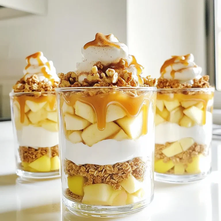 - 3 medium apples (Granny Smith or Honeycrisp) - 1 tablespoon lemon juice - 1 teaspoon cinnamon - 1 cup granola - 2 cups Greek yogurt - 1/2 cup caramel sauce - 1/4 cup chopped nuts (optional) - Whipped cream for topping (optional) For the best Caramel Apple Yogurt Parfaits, picking the right apples is key. I love using Granny Smith or Honeycrisp apples. They give a nice balance of tartness and sweetness. You will also need lemon juice. It keeps the apples fresh and adds brightness to the dish. Cinnamon is another must-have. It adds warmth and depth to the flavors. Next, granola is a fun addition. You can use either store-bought or homemade. The crunch brings a great texture to the parfaits. Greek yogurt is the star of this recipe. I prefer plain or vanilla for a creamy base. You cannot forget the caramel sauce! Use store-bought for ease or make your own for a special touch. Chopped nuts are optional but add a delightful crunch. Walnuts or pecans are great choices. Lastly, whipped cream is a fun topping. It makes your parfaits look even more inviting. With these ingredients, you will create a delightful treat everyone will enjoy. First, peel, core, and dice your apples. I like using Granny Smith or Honeycrisp for a nice crunch. In a bowl, toss the diced apples with 1 tablespoon of lemon juice and 1 teaspoon of cinnamon. This step is key. It stops the apples from browning and adds a burst of flavor. Let the apples sit for about 10 minutes. This marinating time helps them soak in the lemon and cinnamon. Now, grab your clear glasses or bowls. Start by adding a layer of Greek yogurt. Use about one-third of the yogurt you have. Next, spoon a layer of your cinnamon apples over the yogurt. The sweet and tart apples will pair well with the creamy yogurt. After that, sprinkle a layer of granola on top. This adds a crunch that everyone loves. Then, drizzle a generous amount of caramel sauce over the granola. Repeat these layers until your glasses are full. Remember to finish with a layer of yogurt on top for a pretty presentation. For the final touches, you can add whipped cream if you want that extra creaminess. Sprinkle chopped nuts on top for some crunch. Finally, drizzle more caramel sauce over everything. This makes your parfaits look amazing and adds extra sweetness. For the best caramel apple yogurt parfaits, I suggest using Granny Smith or Honeycrisp apples. These apples add a nice balance of sweet and tart flavors. Granny Smith apples are tart and crisp, while Honeycrisp apples are sweet and juicy. The type of apple you choose will change the taste of your parfait. So, pick one that suits your preference! You can choose between plain or flavored Greek yogurt. Plain yogurt gives a pure taste and lets the apple flavors shine. Flavored yogurt adds sweetness, so it’s up to you! You can also make your yogurt at home or buy it from the store. Store-bought yogurt saves time, while homemade yogurt can have a unique taste and texture. To create beautiful layers, start with yogurt at the bottom. Use clear glasses to show off the layers. Add a layer of apples, then granola, and drizzle caramel sauce. Repeat these layers for a stunning look. Make sure to distribute each layer evenly. This way, every bite will have a taste of everything! {{image_2}} You can change the flavors of your caramel apple yogurt parfaits with the seasons. In fall, I love adding pumpkin spice. Just a pinch in the apple mix makes a warm, cozy treat. It pairs so well with the caramel and yogurt. For summer, try adding fresh berries like strawberries or blueberries. They add a bright flavor and a nice color. Layer them with the apples for a fruity twist. If you need gluten-free options, look for gluten-free granola. Many brands offer tasty mixes that fit this need. You can also make your own granola at home, using oats and nuts. If you're dairy-free, swap Greek yogurt for coconut yogurt or almond yogurt. These alternatives still give rich flavor and texture. Kids love making their parfaits fun! Let them choose toppings like sprinkles, mini chocolate chips, or fruit. You can also adjust the sweetness by using less caramel sauce. This way, it stays healthy but still tastes sweet. Making it a fun activity can get kids excited about healthy snacks. You should store your assembled parfaits in the fridge. Use airtight containers to keep them fresh. If you have leftovers, consume them within 2 days. For best flavor, store any extra apple mixture in a separate container. Keep granola in a dry place to maintain its crunch. Unfortunately, you cannot freeze parfaits once they are assembled. Freezing yogurt changes its texture. However, you can freeze the components separately. Freeze diced apples in a single layer on a tray, then transfer them to a bag. You can also freeze granola in an airtight container for up to 3 months. In the fridge, parfaits last up to 2 days. After that, the apples may become mushy. Check for any off smells or discoloration. If the yogurt smells sour or the granola feels soft, these are signs of spoilage. Always trust your senses when checking food freshness. The best apples for caramel apple parfaits are Granny Smith and Honeycrisp. - Granny Smith: These apples are tart, which balances the sweetness of caramel. - Honeycrisp: They are sweet and juicy, adding great flavor and texture. Using a mix of both can enhance the taste. Choose fresh apples for the best crunch. Yes, you can prepare caramel apple yogurt parfaits ahead of time. - Assemble the parfaits and cover them well. - Keep them in the fridge for up to 2 days. Layer the ingredients carefully to avoid sogginess. Add granola just before serving for extra crunch. You can substitute Greek yogurt with regular yogurt or a dairy-free option. - Regular Yogurt: It will still give a creamy texture but with less protein. - Dairy-Free Yogurt: Options like almond or coconut yogurt work well. Choose plain or vanilla flavors to match the recipe. Yes, you can make this recipe nut-free easily. - Simply skip the chopped nuts on top. - Use nut-free granola to ensure safety for those with allergies. This keeps the parfait delicious and safe for everyone. To make caramel apple yogurt parfaits healthier, you can: - Use low-fat Greek yogurt instead of full-fat. - Choose a natural or reduced-sugar caramel sauce. - Add more fruits like berries for added nutrients. These changes will keep the treat tasty while making it lighter. This parfait recipe combines apples, yogurt, and caramel for a tasty treat. You learned the right ingredients and steps to prepare this dish. We covered tips for choosing apples, yogurt options, and ensuring perfect layers. You can also explore fun variations and storage tips. In summary, this recipe caters to your taste and dietary needs. Enjoy mixing flavors and creating a dessert that everyone will love!