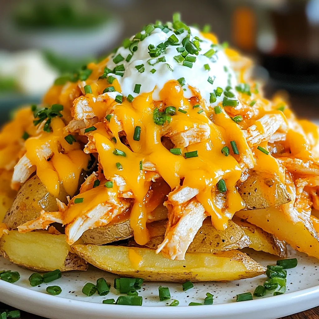 - 4 medium-sized russet potatoes - 2 cups cooked shredded chicken - ½ cup buffalo sauce - 1 cup shredded cheddar cheese - ½ cup blue cheese crumbles (optional) - ½ cup ranch dressing - 2 tablespoons olive oil - Salt and pepper - Fresh chives or green onions for garnish To make Loaded Buffalo Chicken Fries, you need fresh, simple ingredients. First, choose 4 medium-sized russet potatoes. They fry up perfectly crisp. Next, grab 2 cups of cooked shredded chicken. This can be leftover rotisserie chicken or poached chicken. Buffalo sauce is key for flavor. You will need ½ cup. Choose mild for a gentle kick or hot for a fiery bite. For cheese lovers, 1 cup of shredded cheddar cheese adds a creamy touch. If you enjoy blue cheese, add ½ cup of crumbles for extra zing. You will also need ½ cup of ranch dressing. It cools down the heat of the buffalo sauce. Use 2 tablespoons of olive oil to coat the fries. Don’t forget salt and pepper to taste. Lastly, fresh chives or green onions brighten up the dish as a garnish. These ingredients come together to create a dish that is hearty and full of flavor. Each bite gives you a taste of spicy buffalo chicken, melted cheese, and crispy fries. {{ingredient_image_1}} 1. First, preheat your oven to 425°F (220°C). This makes the fries crispy. 2. Next, take the cut potatoes and place them in a bowl. Toss them with olive oil, salt, and pepper. Make sure each fry gets coated well. 1. Spread the fries in a single layer on a baking sheet lined with parchment paper. This helps with easy cleanup. 2. Bake the fries for 25 to 30 minutes. Flip them halfway through to get them golden brown and crispy. 1. While the fries bake, mix the shredded chicken with buffalo sauce in a bowl. Stir until the chicken is well coated. 2. Once the fries are done, layer the buffalo chicken on top. Then, sprinkle the shredded cheese and blue cheese crumbles if you like. 1. Increase the oven temperature to broil. Return the loaded fries to the oven. Broil for 3 to 5 minutes until the cheese is melted and bubbly. 2. When they're ready, drizzle ranch dressing over the top. Garnish with fresh chives or green onions. Enjoy your tasty treat! The best potatoes for fries are russet potatoes. They have a high starch content. This gives you crispy fries that are soft inside. To get the best results, cut them evenly. This helps them cook at the same speed. Soak the cut fries in cold water for 30 minutes. This removes excess starch and makes them crispier when baked. You can choose between mild or hot buffalo sauce. Mild sauce has a nice flavor without too much heat. Hot sauce brings the heat and a bold taste. You can also make your own buffalo sauce. Just mix melted butter with your favorite hot sauce. This way, you can adjust the heat to your liking. Cheddar cheese is a classic choice for loaded fries. It melts well and adds flavor. Blue cheese is another great option, giving a rich taste. If you want something different, try pepper jack or mozzarella. They both add a unique twist to your dish. Pro Tips Choose the Right Potatoes: Russet potatoes are ideal for fries because they are starchy and become crispy when baked. For extra crispiness, try soaking them in water for 30 minutes before baking. Customize the Heat: Adjust the amount of buffalo sauce based on your spice tolerance. For a milder flavor, mix it with a bit of ranch dressing before tossing with the chicken. Layer the Cheese: For maximum cheesy goodness, consider using a blend of cheeses like mozzarella and pepper jack along with cheddar for a flavorful twist. Serve Immediately: These loaded fries are best enjoyed fresh out of the oven. Prepare your toppings in advance so you can serve them hot and crispy! {{image_2}} If you want a meatless version, you can swap chicken for tofu or tempeh. Start by pressing tofu to remove extra moisture. Cut it into cubes or strips. Marinate them in buffalo sauce for flavor. Cook the tofu in a pan until golden and crispy. Tempeh is another great choice. Slice it thin and cook the same way. Both options work well and keep the taste bold. You can make your fries even better by adding toppings. Consider jalapeños for heat. They add a nice crunch too. Diced tomatoes bring freshness and color. Olives add a salty kick. You can mix and match these toppings based on what you like. Get creative and make it your own! Think about how you want to serve these fries. One fun way is to create a loaded platter. Spread the fries on a large plate and pile on the toppings. This way, everyone can dig in. Another idea is to serve them nacho style. Stack the fries, add chicken and cheese, then drizzle ranch on top. Either style is great for sharing and makes game day even more fun! To keep your Loaded Buffalo Chicken Fries fresh, store them in an airtight container. This method helps avoid moisture and keeps the fries crispy. Let the leftovers cool to room temperature before sealing them. You can refrigerate these for up to three days. When you are ready to eat, make sure to reheat them properly for the best taste. To reheat your fries, use an oven or air fryer. Preheat your oven to 350°F (175°C). Spread the fries out on a baking sheet. Heat them for about 10-15 minutes until warm. If using an air fryer, set it to 350°F (175°C) and cook for 5-7 minutes. This method helps keep the fries crispy. Avoid using the microwave, as it can make them soggy. You can freeze cooked fries and buffalo chicken for later. Place the fries in a single layer on a baking sheet and freeze them for a couple of hours. Once frozen, transfer them to a freezer bag. For the chicken, store it in an airtight container. You can freeze both for up to three months. When ready to use, thaw in the fridge overnight, then reheat as mentioned. This way, you can enjoy your game-day treat anytime! This recipe yields 4 servings. Each serving is a hearty plate of loaded fries, perfect for sharing. You can enjoy them with friends or family during game day. Yes, you can prepare some parts ahead. Cut the potatoes and store them in water to keep them fresh. You can also cook and shred the chicken in advance. Just mix it with buffalo sauce when you are ready to bake. This saves time and makes the cooking process easier. These fries pair well with several sides. Consider serving them with a fresh salad or veggie sticks for crunch. You can also add dips like extra ranch or celery sticks for a classic touch. They make a great snack or main dish for any gathering. This recipe for Loaded Buffalo Chicken Fries blends crispy potatoes with tasty ingredients. You see that it’s easy to make and fun to eat. Remember to pick the right potatoes and customize your toppings. Try new sauces or cheeses to make it your own. Store leftovers wisely for future snacks. Enjoy these fries at game day or any gathering. I hope you feel inspired to cook this delicious dish!