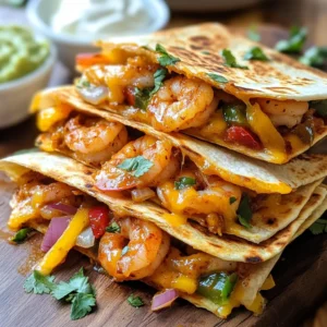 - 1 lb large shrimp, peeled and deveined - 2 tablespoons chipotle sauce or chipotle pepper in adobo - 1 tablespoon olive oil - 1 teaspoon garlic powder - 1 teaspoon cumin - 1 teaspoon smoked paprika - 1 bell pepper, thinly sliced - 1 small red onion, thinly sliced - 4 flour tortillas - 2 cups shredded cheese (cheddar or Mexican blend) - Fresh cilantro for garnish I love using fresh shrimp for this recipe. You want to peel and devein them first. This makes each bite clean and tasty. The chipotle sauce gives a smoky kick. You can use chipotle peppers in adobo if you want a stronger flavor. For seasoning, I add garlic powder, cumin, and smoked paprika. These spices bring warmth and depth. The bell pepper and red onion add color and crunch. Make sure to slice them thinly for even cooking. The tortillas hold everything together. Flour tortillas work best here. They get nice and crispy. I use shredded cheddar or a Mexican blend for that gooey, cheesy goodness. Don't forget fresh cilantro for garnish! It adds a pop of color and freshness. {{ingredient_image_1}} To start, you need to marinate the shrimp. In a bowl, mix the shrimp with chipotle sauce, garlic powder, cumin, smoked paprika, salt, and pepper. Make sure every shrimp gets a good coating. Let it sit for about 10 minutes. This helps the shrimp soak up the flavors. Next, heat a tablespoon of olive oil in a large skillet over medium heat. Add the marinated shrimp to the skillet. Cook them for about 2-3 minutes on each side. You want them to turn pink and be cooked through. Once done, remove the shrimp from the skillet and set them aside. Now, let’s cook the veggies. In the same skillet, add the sliced bell pepper and onion. Sauté them for about 4-5 minutes. You want them to soften but still keep some crunch. This adds a nice texture to your quesadillas. After the veggies are cooked, return the shrimp to the skillet. Mix them with the sautéed vegetables. Cook everything together for one more minute. This lets the flavors blend well. Now it’s time to assemble your quesadillas. Take a clean skillet and place a tortilla over medium heat. Sprinkle half of the tortilla with cheese. Next, add a portion of the shrimp and vegetable mix on top. Then, sprinkle a little more cheese on top. Carefully fold the tortilla in half. Cook for about 2-3 minutes on each side. You want the tortilla to be golden and crispy, and the cheese to melt perfectly. Repeat this step with the remaining tortillas and filling. Once done, slice each quesadilla into wedges. Serve them warm and enjoy the delicious flavors! To achieve perfect shrimp texture, start with fresh shrimp. Cook them just until they turn pink. This usually takes about 2-3 minutes per side. Overcooking makes shrimp tough. For a crispy quesadilla, use a clean skillet over medium heat. Heat the tortilla until golden brown. Don't rush this step. Use enough cheese to help hold the quesadilla together. To boost flavor, try adding extra spices. A pinch of cayenne or chili powder can kick up the heat. Fresh herbs like cilantro or parsley add bright notes. For sauce variations, consider using salsa verde or a creamy avocado sauce. These can create a different taste profile while keeping the dish exciting. When serving your quesadillas, pair them with fresh sides. A simple salad or seasoned rice complements the dish well. For presentation, arrange the quesadillas on a colorful platter. Garnish with chopped cilantro. Add small bowls of sour cream and guacamole for dipping. This makes the dish look inviting and fun! Pro Tips Use Fresh Shrimp: Fresh shrimp will provide the best flavor and texture for your quesadillas. If using frozen shrimp, ensure they are completely thawed and patted dry before marinating. Customize Spice Levels: Adjust the amount of chipotle sauce or pepper to suit your heat preference. For milder quesadillas, use less sauce or a different mild pepper. Experiment with Cheeses: Try mixing different types of cheese, such as Monterey Jack or pepper jack, for a unique flavor and melty texture. Keep Tortillas Warm: To prevent tortillas from cracking, keep them warm in a clean kitchen towel while you prepare the quesadillas. {{image_2}} You can swap shrimp for many proteins in these quesadillas. Chicken works well. Just cook it until golden and juicy. Ground beef is another great choice. Season it similar to shrimp. For a plant-based option, use tofu or tempeh. Both soak up flavors nicely. Cook them until crispy for added texture. To make a vegetarian quesadilla, focus on flavor-packed veggies. Use mushrooms, zucchini, or spinach. You can also add black beans for protein. Season these veggies with chipotle sauce and spices for a kick. This way, you keep the bold taste without any meat. You can adjust the heat level easily. If you love spice, use more chipotle sauce. You can even add jalapeños for an extra kick. For a milder version, skip the chipotle sauce. Instead, use just a pinch of smoked paprika. This gives flavor without too much heat. To store leftovers safely, let the quesadillas cool down first. Then, wrap each one in plastic wrap or aluminum foil. Place them in an airtight container or a resealable bag. Store in the fridge for up to three days. This will keep them fresh and tasty. When you're ready to eat, reheating is key to keeping that good texture. The best method is to use a skillet. Heat it on medium-low. Place the quesadilla in the skillet for about 2-3 minutes on each side. This warms them up and keeps them crispy. You can also use an oven. Preheat it to 350°F (175°C). Bake the quesadillas for about 10 minutes. This method works well too. If you want to freeze them, follow these steps. First, let them cool completely. Then, wrap each quesadilla in plastic wrap. Place them in a freezer-safe bag or container. They can last in the freezer for about 2-3 months. When you want to eat them, thaw them in the fridge overnight. Reheat as mentioned before. Enjoy the same great flavor! If you want a milder flavor, try these options: - Use smoked paprika for a smoky touch. - Add regular salsa for a fresh taste. - Try a mix of ketchup and hot sauce. - Use a bit of adobo sauce without the chipotle. These options keep the dish tasty without too much heat. You can adjust the amounts to fit your taste. Yes, you can prepare quesadillas in advance. Here are some tips: - Cook the shrimp and veggies, then cool them down. - Store them in an airtight container in the fridge. - Assemble the quesadillas right before cooking. This way, you save time and still enjoy fresh quesadillas. To achieve that perfect crispiness, follow these steps: - Use a clean skillet for each quesadilla. - Preheat the skillet before adding the tortilla. - Use enough cheese to help bind the tortilla. - Cook each side for 2-3 minutes until golden brown. These methods ensure a crunchy exterior while keeping the inside melty and warm. In this blog post, I shared how to make delicious chipotle shrimp quesadillas. You learned about the main ingredients, step-by-step instructions, and tips for perfecting your dish. Remember, you can customize your quesadillas with different proteins, spices, or veggies. Store leftovers properly to enjoy them later, and follow the reheating tips for the best taste. By using these techniques, you can serve a meal that impresses everyone. Enjoy cooking and sharing your tasty quesadillas!