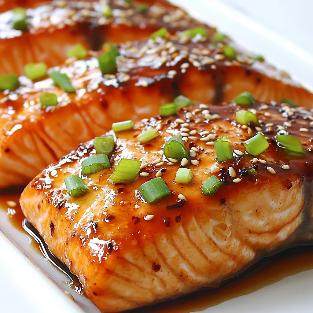 To make Honey Garlic Glazed Salmon, gather these simple ingredients: - 4 salmon fillets (6 ounces each) - 1/4 cup honey - 4 cloves garlic, minced - 2 tablespoons soy sauce (or tamari for gluten-free) - 1 tablespoon olive oil - 1 teaspoon fresh ginger, grated - Juice of 1 lemon - Salt and pepper to taste - Chopped green onions (for garnish) - Sesame seeds (for garnish) These ingredients come together to create a sweet and savory dish that is easy to make. You can easily swap some ingredients if needed: - Use maple syrup instead of honey for a vegan option. - Choose coconut aminos in place of soy sauce for a soy-free option. - If you don’t have fresh ginger, ground ginger works well in a pinch. - You can use any fish fillets you like, such as trout or halibut. These substitutions keep the flavor while fitting your needs. Each serving of Honey Garlic Glazed Salmon offers a tasty and healthy meal. Here’s a quick look at the nutrition: - Calories: 350 - Protein: 30g - Carbohydrates: 25g - Fat: 15g - Fiber: 0g This dish is packed with protein and good fats, making it a great choice for dinner. Enjoy the health benefits while savoring the flavor! {{ingredient_image_1}} To start, grab a small bowl. In that bowl, whisk together the honey and minced garlic. Then add the soy sauce, olive oil, grated ginger, and lemon juice. This mix will be your tasty marinade. It brings flavor and sweetness to the salmon. Make sure everything blends well. Next, take your salmon fillets. Place them in a large resealable bag or a shallow dish. Pour the marinade over the salmon. Ensure every fillet gets a good coat. Seal the bag or cover the dish tightly. Now, pop it in the fridge for at least 30 minutes. You can marinate it for up to 2 hours. The longer it sits, the more flavor it takes in. Before baking, preheat your oven to 400°F (200°C). Line a baking sheet with parchment paper. Now, take the salmon out of the marinade. Let the excess marinade drip off. Place the fillets on the prepared baking sheet. Keep that marinade for later; you'll need it for glazing. Bake the salmon for 12 to 15 minutes. It’s done when it flakes easily with a fork. In the last 5 minutes, baste the salmon with the reserved marinade. This will help create a nice glaze. Once it's ready, let it rest for a minute. Now your honey garlic glazed salmon is ready to serve! Start with fresh ingredients for the best flavor. Use high-quality honey and garlic. Mix the marinade well to blend the flavors. Let the salmon sit in the marinade for at least 30 minutes. For even better taste, let it marinate for up to 2 hours. This gives the salmon time to soak up the sweet and savory goodness. Preheat your oven to 400°F (200°C) for even cooking. Bake the salmon for 12 to 15 minutes. You want it to flake easily with a fork. If your fillets are thicker, add a few minutes to the cook time. During the last 5 minutes, brush the salmon with the reserved marinade. This creates a glossy, flavorful glaze. Serve the salmon with steamed rice or quinoa for a complete meal. Fresh veggies like asparagus or broccoli make great sides. A light salad with lemon vinaigrette can balance the dish. For a fun twist, try it with a side of mashed sweet potatoes. Garnish with chopped green onions and sesame seeds for a pop of color. Pro Tips Perfectly Flaky Salmon: Bake the salmon until it just flakes with a fork. Overcooking can lead to dry fish, so keep a close eye on it towards the end of the cooking time. Marinade Magic: For even more flavor, marinate the salmon overnight. This allows the garlic and honey to penetrate deeper into the fish. Garnish for Appeal: Enhance the dish’s presentation with a sprinkle of sesame seeds and chopped green onions. This not only adds color but also a nice crunch. Serving Suggestions: Pair your honey garlic glazed salmon with steamed vegetables or a fresh salad for a complete and balanced meal. {{image_2}} You can easily make honey garlic glazed salmon gluten-free. Just use tamari instead of soy sauce. Tamari has a similar taste but is safe for those with gluten issues. Make sure to read the label on your honey too, as some brands may add fillers. If you want to switch proteins, try this glaze on chicken or shrimp. Chicken thighs work well and stay juicy. For shrimp, use large, raw shrimp. Adjust cooking times, as shrimp cook faster than salmon. Each protein absorbs the flavors nicely, making them great choices. Feel free to play with the flavors! Add a dash of sriracha for heat. You can also mix in some fresh herbs like cilantro or parsley for a fresh twist. Want a smoky flavor? Try smoked paprika in the marinade. Each addition creates a unique dish that you’ll love. To store leftovers, let the salmon cool down first. Place the salmon in an airtight container. You can keep it in the fridge for up to 3 days. If you want to keep it longer, consider freezing it. When you’re ready to eat the leftovers, preheat your oven to 350°F (175°C). Place the salmon on a baking sheet. Cover it with foil to keep it moist. Heat for about 10-15 minutes or until warm. You can also microwave it, but that may dry it out. To freeze the salmon, wrap each fillet tightly in plastic wrap. Then place them in a freezer bag or container. Make sure to remove air to avoid freezer burn. You can freeze the salmon for up to 3 months. When ready to use, thaw it overnight in the fridge before reheating. You can serve honey garlic glazed salmon with many sides. Some great options include: - Steamed rice - Quinoa - Roasted vegetables - Fresh salad - Mashed potatoes Each of these pairs well with the sweet and savory flavors of the salmon. The rice or quinoa absorbs the sauce nicely, while veggies add color and crunch. Yes, you can prepare this recipe ahead of time. You can marinate the salmon for up to two hours. For even more flavor, marinate it overnight in the fridge. Just remember to bake it fresh when you're ready to serve. To get flaky salmon, follow these tips: - Bake it at 400°F (200°C). This high heat cooks the fish quickly. - Cook it for 12-15 minutes. Keep an eye on it to avoid overcooking. - Use a fork to check. If it flakes easily, it’s done! These steps will help you achieve a perfect, flaky texture every time. Enjoy your meal! This post covered how to create honey garlic glazed salmon. You learned about the ingredients, including substitutes and nutritional info. The step-by-step instructions guided you through marinating and baking. Tips helped you perfect your dish and explore variations for different diets. Finally, storage tips ensured you can keep leftovers fresh. In summary, cooking can be simple and fun. Enjoy the flavors of your meal and share it with others!