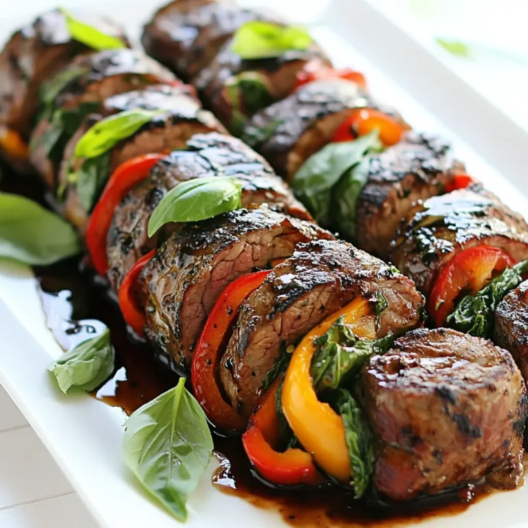 - 1 pound flank steak, thinly sliced - 1 cup baby spinach leaves - 1/2 cup roasted red peppers, sliced - 1/3 cup balsamic glaze - 2 tablespoons olive oil - 2 cloves garlic, minced - Salt and pepper to taste - Fresh basil leaves for garnish To make these balsamic glazed steak rolls, gather all your ingredients first. Flank steak is a great choice for this recipe. It has a nice flavor and becomes tender when cooked right. Baby spinach adds a fresh crunch. Roasted red peppers give a sweet touch. You will need balsamic glaze for a rich flavor. Olive oil helps keep the steak moist. Garlic adds a wonderful aroma. Don’t forget salt and pepper to bring it all together. Fresh basil is perfect for a bright finish. This mix of ingredients creates a dish that's not only tasty but also colorful. Each bite is packed with flavor. Having everything ready makes cooking smoother. Plus, it helps you stay organized in the kitchen. Enjoy the process and the delicious outcome! {{ingredient_image_1}} 1. First, preheat your grill or grill pan over medium-high heat. This makes sure it’s hot enough for the steak rolls. 2. Next, take the flank steak and lay it flat on a cutting board. Season both sides with salt and pepper. This adds great flavor to the meat. 1. Now, on one end of each steak slice, place a few baby spinach leaves. 2. Add a strip of roasted red pepper on top of the spinach. 3. Roll the steak tightly around the filling. Start from the edge with the peppers and spinach. 4. Secure each roll with a toothpick to hold it together. This helps keep the filling inside while cooking. 1. In a small bowl, mix the balsamic glaze, olive oil, and minced garlic. Stir until they are well combined. 2. Brush the balsamic mixture generously over the steak rolls. This will add a sweet and tangy flavor. 3. Place the steak rolls on the grill. Cook for about 4-5 minutes per side. You want nice grill marks, and the steak should be cooked to your liking. 4. Once cooked, take the rolls off the grill and let them rest for a couple of minutes. This helps keep the juices inside. 5. Carefully remove the toothpicks. Drizzle any leftover balsamic glaze over the rolls for extra flavor. 6. Finally, garnish with fresh basil leaves before serving. This adds a nice touch and extra freshness. - Achieving the perfect grill marks To get those nice grill marks, preheat your grill well. A hot grill helps the meat sear quickly. Place the rolls at a 45-degree angle on the grill. Cook for about 2-3 minutes before turning them. This gives you those beautiful lines that make your dish pop. - Ensuring even cooking To cook the steak rolls evenly, try to use slices that are the same thickness. Thin slices cook faster and stay juicy. Cook the rolls for about 4-5 minutes on each side. Use a meat thermometer to check for doneness if you're unsure. Aim for 145°F for medium-rare. - Adding spices or different herbs You can boost the flavor by adding spices. Try a pinch of red pepper flakes for heat. Fresh thyme or oregano makes a great addition too. These herbs add a fresh taste that pairs well with balsamic glaze. - Alternative marinades for the steak If you want to switch things up, try a soy sauce marinade. Mix soy sauce, honey, and some garlic for a sweet and salty flavor. You can also use lemon juice for a zesty twist. Just marinate the steak for about 30 minutes before grilling. Pro Tips Resting the Steak: Allow the steak rolls to rest for a few minutes after grilling. This helps the juices redistribute, making each bite more flavorful and juicy. Choosing the Right Cut: Flank steak is ideal for rolling, but you can also use skirt steak or sirloin for a different flavor and texture. Marinating for Flavor: For an enhanced flavor, marinate the flank steak in balsamic vinegar, olive oil, and garlic for a few hours before rolling. Experiment with Fillings: Feel free to mix up the fillings! Try adding cheese, mushrooms, or different vegetables to customize your steak rolls. {{image_2}} You can swap beef for turkey or chicken. These meats are leaner and lower in fat. They still taste great with the balsamic glaze. For a veggie option, try using mushrooms or zucchini. You can chop them up and mix with the spinach. This adds flavor and extra nutrients. To make a full meal, serve these rolls with a fresh salad. A side of roasted veggies pairs nicely too. You can also serve with rice or quinoa for a hearty option. For sauces, a light vinaigrette or extra balsamic glaze works well. For presentation, place the rolls on a nice platter. Garnish with fresh basil leaves and a sprinkle of pepper. This will make your dish look appealing and fancy! To keep your balsamic glazed steak rolls fresh, store them in the fridge. Use an airtight container to prevent odors from mixing. Allow the rolls to cool before sealing. They will last for up to three days. If you want to freeze them, wrap each roll in plastic wrap. Then, place them in a freezer bag. This method prevents freezer burn. The rolls can stay frozen for up to three months. When ready to eat, defrost them overnight in the fridge. To reheat without overcooking, use low heat. Preheat your oven to 350°F. Place the rolls on a baking sheet. Cover them with foil to keep moisture in. Heat for about 10-15 minutes, or until warm. You can also reheat in a pan. Add a little olive oil over low heat. Cook the rolls for a few minutes on each side until they are hot. This method adds a nice crispness while keeping the meat juicy. Always check the temperature to ensure they are heated through. Can I use a different cut of steak? Yes, you can use other cuts. Skirt steak or sirloin works well. Just slice it thin. The key is to keep it tender for rolling. What else can I fill the rolls with? You can get creative! Try mushrooms, cheese, or zucchini. Even sun-dried tomatoes add a nice twist. Mix and match to suit your taste. How do I know when the steak is done cooking? Use a meat thermometer. For medium-rare, aim for 130°F (54°C). For medium, go for 140°F (60°C). This ensures the steak stays juicy and flavorful. Can I make the balsamic glaze at home? Absolutely! Combine 1 cup of balsamic vinegar with 1/4 cup of brown sugar. Simmer until it thickens. This homemade glaze is sweet and tangy, perfect for the rolls. This blog post covered a tasty flank steak recipe with spinach and roasted peppers. You learned about the ingredients, step-by-step cooking, and tips for better grilling. I shared ideas for healthier variations and how to store your leftovers properly. The right techniques can make your cooking enjoyable and successful. By trying these methods, you can impress friends and family. Happy cooking!