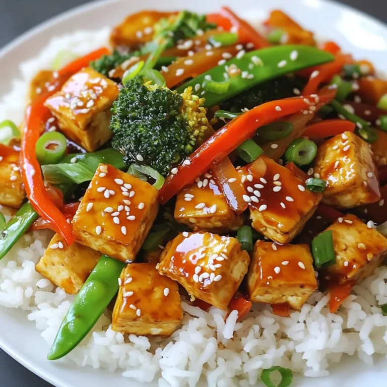 - 1 block (14 oz) firm tofu - 3 tablespoons vegetable oil - 1 bell pepper (red or yellow) - 1 cup broccoli florets - 1 carrot - 1 cup snap peas - 1/4 cup teriyaki sauce (store-bought or homemade) - 3 cloves garlic - 1 tablespoon fresh ginger - 1 tablespoon sesame seeds (for garnish) - Cooked rice or quinoa The key to my Teriyaki Tofu Stir Fry lies in the ingredients. Firm tofu gives you that satisfying texture. I prefer to press it first. This helps remove moisture. You want it to soak up the sauce and get crispy. Using fresh vegetables makes a big difference. I love bell peppers for their sweetness. Broccoli adds crunch and nutrients. Carrots bring color and a bit of sweetness. Snap peas add a nice snap with each bite. The teriyaki sauce is the star. You can use store-bought or make your own. Garlic and ginger add depth and warmth. A sprinkle of sesame seeds at the end gives a lovely finish. For serving, I suggest cooked rice or quinoa. They soak up the sauce well. Plus, they make the meal hearty and filling. You can mix and match the veggies to fit your taste. Enjoy the vibrant flavors! {{ingredient_image_1}} Start by pressing the tofu. This helps remove extra water. Wrap the tofu in a clean towel and place something heavy on top. Let it sit for about 15 minutes. After pressing, cut the tofu into small cubes. Next, coat the tofu with cornstarch. Place the cubes in a bowl and sprinkle the cornstarch over them. Toss gently until each piece is covered. This step makes the tofu crispy when cooked. Heat the oil in a large skillet or wok. Use medium-high heat and add 2 tablespoons of vegetable oil. Once the oil is hot, add the coated tofu cubes. Arrange them in a single layer to cook evenly. Fry for 4 to 5 minutes. Turn the cubes occasionally until they are golden and crispy on all sides. When done, remove the tofu from the pan and set it aside. In the same skillet, add the last tablespoon of oil. Next, add the sliced bell pepper, broccoli florets, julienned carrot, and snap peas. Stir-fry these vegetables for 5 to 7 minutes. You want them to be bright and tender-crisp. Now, it’s time to add aromatics. Push the vegetables to the side of the skillet. Add the minced garlic and grated ginger to the empty space. Stir-fry for about 30 seconds until they smell great. Then, mix the garlic and ginger with the vegetables. This method layers flavors, making your stir-fry even better. To get the best tofu, start by pressing it. Wrap the tofu in a clean towel. Place a heavy pan on top for about 15-30 minutes. This helps remove extra moisture. You want firm tofu, not soggy. When frying, timing matters. For crispy tofu, fry it for about 4-5 minutes. Turn the cubes to brown all sides. If you want soft tofu, skip the frying step. Just add it directly to the stir-fry. To make your dish pop, consider making your own teriyaki sauce. Combine soy sauce, honey, and a splash of rice vinegar. This mix adds a fresh taste. You can also add garlic powder or chili flakes for a kick. Don’t stop there! Try adding sesame oil or a splash of lime juice for extra flavor. These little boosts can take your stir fry to the next level. Presentation makes a meal more fun! After cooking, sprinkle sesame seeds over the stir fry. They add crunch and style. Chop some green onions and scatter them on top. This adds color and freshness. Serve your stir fry on a colorful plate with rice or quinoa. The bright colors will make your meal look as good as it tastes! Pro Tips Press Tofu Well: Ensure you press the tofu for at least 30 minutes to remove excess moisture. This helps achieve a crispier texture when frying. Variety of Vegetables: Feel free to mix and match your favorite vegetables like zucchini, mushrooms, or bell peppers for added flavor and nutrition. Adjust Sauce to Taste: If you prefer a sweeter or saltier flavor, adjust the amount of teriyaki sauce according to your taste preferences. Leftover Storage: Store any leftovers in an airtight container in the fridge for up to 3 days. Reheat gently to avoid overcooking the veggies. {{image_2}} If you want a change from tofu, try tempeh or seitan. Both of these options offer great texture and flavor. - Tempeh has a nutty taste and is packed with protein. Slice it thin and marinate it in teriyaki sauce before cooking. - Seitan mimics meat and absorbs flavors well. Cut it into strips and cook it just like tofu. These swaps keep your meal exciting and let you explore new textures. You can mix and match vegetables to suit your taste. Here are some great options: - Bell peppers: Use green or orange for different flavors. - Zucchini: Slice it into half-moons for a tender bite. - Mushrooms: Add shiitake or button mushrooms for umami. - Asparagus: Cut into pieces for a crunchy addition. Feel free to get creative! Each mix brings a new taste to your stir fry. If you want to switch up the sauce, there are many options. Here are a few ideas: - Soy sauce: A simple swap for a salty kick. - Hoisin sauce: Adds sweetness and depth. - Peanut sauce: Great for a nutty flavor that pairs well with veggies. Experimenting with sauces can lead to fun and tasty results. Enjoy trying different flavors! To keep your Teriyaki Tofu Stir Fry fresh, place it in an airtight container. Make sure it cools to room temperature before sealing. Store it in the fridge for up to three days. This method helps keep the flavors intact and maintains the dish's quality. When you are ready to enjoy your leftovers, use a skillet for reheating. Heat a small amount of oil over medium heat. Add the stir fry and stir gently. This way, you keep the tofu crispy and the veggies tender. Avoid using a microwave, as it can make the dish soggy. If you want to save some stir fry for later, freezing is a good option. Let the dish cool completely before transferring it to a freezer-safe bag. Squeeze out excess air to prevent freezer burn. You can freeze it for up to three months. When ready to eat, thaw it in the fridge overnight and reheat as mentioned above. Enjoy your tasty meal even after freezing! Yes, you can prepare Teriyaki Tofu Stir Fry ahead of time. Start by cooking the tofu and veggies. Allow them to cool before storing. Keep them in an airtight container in the fridge for up to three days. When ready to eat, just reheat in a pan or microwave until hot. This way, you save time on busy days. You have many options to pair with Teriyaki Tofu Stir Fry. Here are a few ideas: - Cooked rice (white or brown) - Quinoa for a protein boost - Steamed or sautéed bok choy - A side salad with a light dressing - Noodles for a heartier meal Mix and match these sides to create a balanced plate. Yes, this recipe is both vegan and gluten-free. Tofu is a great plant-based protein. Just make sure the teriyaki sauce you use is gluten-free. Some brands contain wheat, so check the label. If you want to make your own sauce, combine soy sauce (use tamari for gluten-free), sweeteners, and spices. Enjoy this dish without worrying about dietary restrictions! Teriyaki Tofu Stir Fry offers a tasty mix of fresh veggies and crispy tofu. You learned how to prepare the main ingredients, season them, and cook everything step by step. I shared tips to get the perfect texture and ways to enhance flavor. Variations let you adapt the recipe to what you have. Remember, meal prep can save time and keep your dish fresh. Explore your options with different proteins and sauces. Enjoy making this easy and delicious recipe for your next meal!