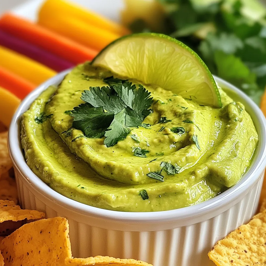 - 2 ripe avocados - 1 cup fresh cilantro, chopped - 2 cloves garlic, minced - 1 small jalapeño, deseeded and chopped - Juice of 2 limes - 1/2 cup Greek yogurt (or sour cream) - Salt and pepper to taste - Optional: 1 teaspoon cumin When you choose avocados, pick ones that feel soft but not mushy. They should have a dark green skin. Fresh cilantro should smell bright and green. For garlic, choose firm cloves with no green shoots. The jalapeño should be firm and shiny, with no blemishes. Fresh limes should feel heavy for their size, indicating juiciness. Greek yogurt or sour cream adds richness, so choose full-fat versions for the best flavor. If you cannot find ripe avocados, you can use ripe guacamole instead. For those who dislike cilantro, parsley provides a fresh flavor. If you prefer a different yogurt, use plain yogurt or even cottage cheese for a unique twist. If you want less spice, skip the jalapeño or use a bell pepper. For a vegan option, replace yogurt with silken tofu blended until smooth. {{ingredient_image_1}} Start with ripe avocados. You need two. Cut them in half and remove the pit. Use a spoon to scoop the green flesh into a mixing bowl. Next, chop one cup of fresh cilantro. The cilantro adds a fresh flavor. Mince two cloves of garlic for a punch of taste. If you like heat, chop one small jalapeño, but remove the seeds first. Finally, juice two limes to add brightness. Now, it's time to mash. Add the lime juice to the avocado right away. This keeps the dip from turning brown. Use a fork or potato masher to mash the avocado. Keep mashing until it reaches your desired creaminess. You can make it smooth or a bit chunky, based on what you prefer. Then, mix in the chopped cilantro, minced garlic, and jalapeño. Add half a cup of Greek yogurt, or sour cream if you like it richer. If you want extra flavor, add one teaspoon of cumin. Season with salt and pepper to taste. Mix everything until it is well combined. If you want an ultra-smooth dip, use a food processor. Transfer the dip to a serving bowl. For a nice touch, garnish with extra chopped cilantro and a lime wedge on top. To serve, offer an array of tortilla chips, veggie sticks, or pita bread. This creates a colorful platter. You can drizzle a little lime juice on top just before serving for an extra zesty kick. Enjoy this fresh and flavorful dip at your next gathering! To get the best creaminess, start with ripe avocados. They should feel soft but not mushy. Cut them in half and remove the pit. Scoop the flesh into a bowl. Mash the avocado with a fork or potato masher. You can stop when it is smooth or leave it a bit chunky, based on your taste. If you want an ultra-smooth dip, use a food processor. Add the Greek yogurt to enhance the creaminess and give a nice tang. Avocados brown quickly after cutting. To keep your dip fresh, add lime juice right after you scoop the flesh. The acid in lime juice slows down the browning process. If you have leftovers, store them in an airtight container. You can also place plastic wrap directly on the dip's surface. This helps keep out air and prevents browning. If you like spice, add a jalapeño. Remove the seeds for less heat. Start with half and taste as you mix. You can always add more if you want a kick. If you prefer no spice, skip the jalapeño altogether. For a milder flavor, add more Greek yogurt. This balances the heat and makes the dip creamy. Adjust the spice to match your taste and enjoy! Pro Tips Use Ripe Avocados: Ensure your avocados are perfectly ripe for the creamiest texture. They should yield slightly to gentle pressure when squeezed. Adjust Spice Level: For a milder dip, omit the jalapeño or use a small amount. For more heat, leave some seeds in or add a pinch of cayenne pepper. Fresh Lime Juice: Always use fresh lime juice instead of bottled for the best flavor. It brightens the dip and adds a refreshing zing. Storage Tips: To keep the dip from browning, press plastic wrap directly onto the surface before refrigerating. It can last up to 2 days in the fridge. {{image_2}} You can change this dip by adding different ingredients. Black beans give it a nice texture and flavor. You can add corn for a sweet crunch. If you love spices, mix in cumin or smoked paprika for depth. Want a kick? Toss in some diced red onion or more jalapeño. Each addition brings a new twist to your dip. This dip is not just for chips. You can use it as a spread on sandwiches or wraps. It makes a tasty topping for grilled chicken or fish. Try it as a dressing for salads. Just thin it out with a bit of water or more lime juice. You will surprise your friends with these fun ideas. If you want a lighter version, use low-fat Greek yogurt instead of sour cream. You can also skip the yogurt for a dairy-free option. Instead, add more lime juice to keep it creamy. Avocados are naturally healthy, so you can enjoy this dip guilt-free. To keep your avocado cilantro lime dip fresh, store it in an airtight container. This helps to block air, which can cause browning. Press a piece of plastic wrap directly onto the dip's surface before sealing the container. This extra step cuts off air contact and keeps the dip vibrant. I don’t recommend freezing this dip. The texture changes when thawed, making it watery and less creamy. If you must freeze it, use a freezer-safe container. When ready to eat, let it thaw in the fridge overnight. Stir it well after thawing to mix the ingredients again. Your dip lasts about 2 to 3 days in the fridge. Keep an eye on the color and smell. If it turns brown or develops an off smell, it's best to toss it. Always check before serving, especially if it’s been sitting for a day or two. Enjoy your dip while it’s fresh for the best flavor! Yes, you can make this dip ahead of time. Just prepare it and store it in the fridge. Keep the dip in an airtight container to maintain freshness. To reduce browning, add extra lime juice on top. When you’re ready to serve, stir it well. You can serve this dip with many tasty options. Here are some ideas: - Tortilla chips for crunch - Fresh vegetable sticks like carrots, cucumbers, and bell peppers - Pita bread for a soft bite - Tacos to add creaminess - Grilled meats for a zesty touch To adjust the spice level, change the jalapeño amount. For a milder dip, use less jalapeño or remove the seeds. If you love heat, add more chopped jalapeño. You can also try adding hot sauce for extra spice. Taste the dip as you go to find your perfect level! This blog post covered how to make a tasty avocado cilantro lime dip. We discussed the right ingredients, including quality and substitutions. You learned step-by-step instructions for easy preparation, mixing, and serving tips. I shared tricks for perfect creaminess and ways to prevent browning. We explored fun variations and storage methods. Remember, you can adapt this dip to suit your taste and needs. Enjoy making it fresh, or store it wisely for later. Your next gathering will be a hit!