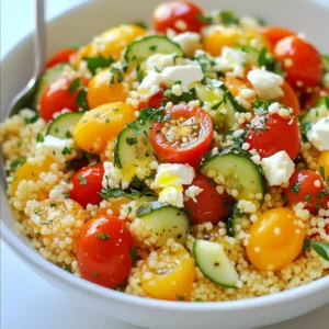 - 1 cup couscous - 1 1/4 cups vegetable broth - 1 cup cherry tomatoes, halved - 1 cucumber, diced - 1/2 red onion, finely chopped - 1 cup cooked chickpeas - 1/2 cup feta cheese, crumbled - 1/4 cup Kalamata olives, pitted and sliced - 1/4 cup fresh parsley, chopped - 3 tablespoons olive oil - 2 tablespoons lemon juice - 1 teaspoon dried oregano - Salt and pepper to taste The key to this salad is the balance of fresh flavors. You start with couscous, which is light and fluffy. Using vegetable broth adds depth to the taste. The cherry tomatoes bring sweetness, while the cucumber adds crunch. Red onion gives a nice bite, and chickpeas provide protein. Feta cheese adds creaminess and saltiness. Kalamata olives offer a briny touch, and fresh parsley brightens everything. For the dressing, I love using simple ingredients. Olive oil gives richness, and lemon juice adds a refreshing zing. Dried oregano brings an earthy note. Don't forget salt and pepper; they help to enhance all the flavors. This mix of fresh and tasty ingredients makes the salad a winner. {{ingredient_image_1}} First, I bring 1 1/4 cups of vegetable broth to a boil in a medium saucepan. This broth adds rich flavor to the couscous. Once it boils, I remove it from heat. Then, I stir in 1 cup of couscous. I cover the pot and let it sit for about 5 minutes. This helps the couscous absorb all the broth. After that time, I fluff the couscous with a fork and let it cool down. While the couscous cools, I grab a large mixing bowl. I chop 1 cup of cherry tomatoes in half. Next, I dice 1 cucumber and finely chop 1/2 red onion. I add these fresh veggies to the bowl. Then, I mix in 1 cup of cooked chickpeas, 1/2 cup of crumbled feta cheese, 1/4 cup of sliced Kalamata olives, and 1/4 cup of chopped fresh parsley. This mix brings a burst of color and flavor. In a small bowl, I whisk together 3 tablespoons of olive oil, 2 tablespoons of lemon juice, 1 teaspoon of dried oregano, and a pinch of salt and pepper. This dressing ties the salad together. Once the couscous has cooled, I add it to the veggie mixture. I then pour the dressing over everything. Gently, I toss all the ingredients together until they blend well. After tasting, I adjust the seasoning as needed. Finally, I refrigerate the salad for at least 30 minutes. This step allows all the flavors to meld beautifully. To avoid clumping, follow these steps: - Use the right broth-to-couscous ratio. I recommend 1 1/4 cups of broth for every cup of couscous. - After cooking, fluff the couscous with a fork. This helps separate the grains. Adding herbs and spices can boost flavor. Try these: - Fresh parsley adds brightness. - Dried oregano gives depth. - A pinch of red pepper flakes adds heat. For extra toppings, consider: - Grilled chicken or shrimp for protein. - Avocado for creaminess. - Extra olives for a briny kick. Serve the salad in a large bowl. Garnish it with: - Extra parsley for color. - A lemon wedge on the side for zest. Creating individual servings is fun. Use small bowls or jars. This adds a nice touch for gatherings. Pro Tips Flavor Boost: Add a pinch of red pepper flakes for a subtle kick that complements the Mediterranean flavors. Herb Variations: Experiment with other fresh herbs like mint or basil for a unique twist on the classic recipe. Chill Time: Allow the salad to chill for at least an hour before serving to enhance the flavors and texture. Meal Prep Friendly: This salad keeps well in the fridge for up to three days, making it perfect for meal prep lunches! {{image_2}} To make your Mediterranean couscous salad heartier, add grilled chicken or shrimp. These proteins bring a tasty twist. Simply grill your chicken or shrimp until cooked, then chop or slice them. Toss them in with the salad before serving. If you prefer vegetarian options, use extra chickpeas or add roasted tofu. Both choices offer great flavor and texture without meat. Using seasonal vegetables makes your salad fresh and vibrant. In the summer, add bell peppers, zucchini, or corn for a sweet crunch. In the winter, try roasted root vegetables like carrots or beets. These changes keep the salad exciting all year round. You can also adjust the flavor profile. In winter, add spices like cumin or coriander for warmth. In summer, use fresh herbs like basil or mint for a light touch. If you're gluten-free, replace couscous with quinoa or rice. Both grains work well and keep the salad hearty. For vegan adaptations, skip the feta cheese and use avocado for creaminess. You can also add nutritional yeast for a cheesy flavor. These options ensure everyone can enjoy this delicious salad. To store leftovers, place the salad in an airtight container. This keeps it fresh and tasty. The shelf life in the fridge is about three to four days. After that, the flavors may fade. Freezing is not ideal for this salad. If you must freeze it, use a freezer-safe container. For the best taste, freeze without the dressing. When ready, thaw it in the fridge overnight. This keeps the texture nice and fresh. You can enjoy this salad cold or at room temperature. If you prefer it warm, gently heat it in a pan over low heat. Avoid high heat to keep the flavors intact. Adding a splash of olive oil can help bring back moisture. Enjoy it fresh for the best taste! You can store Mediterranean couscous salad in the fridge for up to three days. Just keep it in an airtight container. After three days, the flavors may fade, and the veggies can get soggy. Yes, you can make this salad a day ahead. It tastes even better after chilling. Just mix everything, cover it, and put it in the fridge. The flavors will blend well overnight. If you don’t have feta cheese, try goat cheese or even diced avocado. You can also use a vegan cheese alternative if you prefer a dairy-free option. Both will add creaminess to your salad. Couscous can be a healthy choice. It is low in fat and high in carbs. It also provides some protein and fiber, especially if you choose whole wheat couscous. Pair it with veggies and beans for a balanced meal. Absolutely! You can use green olives or even kalamata if you want a different taste. Just remember to pit them and slice them before adding. This will give your salad a unique twist! This blog post covered a simple and tasty Mediterranean Couscous Salad. We explored key ingredients like couscous, fresh veggies, and chickpeas. I shared cooking steps and tips for perfecting the dish. You saw ways to change it up with proteins and seasonal veggies. Finally, I provided storage tips to keep your salad fresh. Enjoy making this salad! It’s an easy recipe packed with flavor and nutrition.