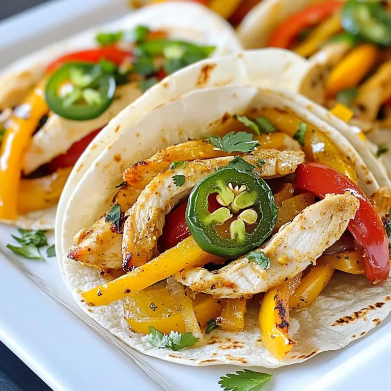 To make Jalapeño Lime Chicken Fajitas, gather these items: - 1 lb (450g) boneless, skinless chicken breasts, sliced into thin strips - 2 tablespoons olive oil - 2 fresh jalapeños, sliced (remove seeds for less heat) - 1 red bell pepper, sliced - 1 yellow onion, sliced - 3 cloves garlic, minced - Juice of 2 limes - 1 teaspoon chili powder - 1 teaspoon cumin - 1 teaspoon smoked paprika - Salt and pepper to taste - Fresh cilantro, chopped (for garnish) - Warm tortillas (for serving) - Optional toppings: salsa, guacamole, sour cream If you need to swap ingredients, here are some ideas: - Use chicken thighs instead of chicken breasts for more flavor. - Replace olive oil with avocado oil for a different taste. - If you lack fresh jalapeños, try pickled jalapeños for a tangy kick. - Red or green bell peppers can stand in for the yellow bell pepper. - For a citrus twist, use lemon juice in place of lime juice. Enhance your fajitas with these tasty toppings: - Fresh salsa adds a zesty touch. - Creamy guacamole complements the dish well. - Sour cream offers a cool contrast to the spice. - Chopped green onions add freshness and crunch. - Shredded cheese can add richness and flavor. {{ingredient_image_1}} First, you need to marinate the chicken. In a large bowl, combine the sliced chicken, olive oil, and minced garlic. Add fresh lime juice for a zesty kick. Then, sprinkle in the chili powder, cumin, smoked paprika, salt, and pepper. Toss everything together until the chicken is well coated. Cover the bowl and let it sit for at least 30 minutes. For better flavor, marinate it for up to 2 hours in the fridge. Now it’s time to cook the chicken. Heat a large skillet or grill pan over medium-high heat. Once hot, add the marinated chicken to the pan. Cook it for about 5-7 minutes, stirring occasionally. You want the chicken to be fully cooked and nicely browned. This step is key for great taste and texture. Next, add the sliced jalapeños, red bell pepper, and onion to the skillet. Stir them in with the chicken. Sauté everything for an additional 5-6 minutes. You want the vegetables to be tender but still a bit crisp. This gives your fajitas a nice crunch. Once everything is cooked, remove the skillet from heat and taste it. Adjust seasoning if you think it needs more flavor. Marinating your chicken is key to great flavor. I recommend marinating for at least 30 minutes. If you can wait, two hours will deepen the taste. Use a large bowl for mixing. Ensure every piece of chicken gets coated well with the marinade. Acid from lime juice helps tenderize the chicken. Store it in the fridge while marinating to keep it fresh. For perfect fajitas, use a hot skillet. I like a cast-iron skillet for its heat retention. Heat it over medium-high heat before adding chicken. Cook the chicken for about 5-7 minutes until browned. Stir the chicken often for even cooking. After that, add your veggies. Cook them for 5-6 minutes until they are tender but crisp. This keeps the flavors bright and fresh. When it's time to serve, warm your tortillas. I prefer flour tortillas for their softness. Place the chicken and veggies in the center of each tortilla. Top with fresh cilantro for a pop of color. You can also add salsa, guacamole, or sour cream. These toppings add creaminess and zest to each bite. Enjoy your meal with a squeeze of lime for extra flavor! Pro Tips Marinate for Maximum Flavor: Allow the chicken to marinate for at least 30 minutes, but for the best flavor, aim for 2 hours in the refrigerator. This helps the spices penetrate the meat, resulting in a more flavorful dish. Control the Heat: If you prefer a milder taste, be sure to remove the seeds from the jalapeños before slicing. This simple step significantly reduces the spice level while still adding a fresh, zesty flavor. Use a Hot Pan: Preheat your skillet or grill pan properly before adding the chicken. A hot cooking surface will sear the meat quickly, creating a delicious browned exterior while keeping the inside juicy. Add Veggies Last: For the best texture, add the bell peppers and onions after the chicken is nearly cooked. This ensures the vegetables remain slightly crisp and vibrant, adding both color and crunch to your fajitas. {{image_2}} You can enjoy fajitas even without chicken. Tofu or seitan makes a great swap. Use firm tofu for the best texture. Slice it into strips like chicken. Marinate it just like the chicken. You can use the same spices and lime juice. Cook it until golden brown for a nice crunch. The flavors will still shine through. This option is tasty and plant-based. You can control the heat in your fajitas. If you like spice, keep the jalapeño seeds. This will make the dish hot and zesty. For a milder dish, remove the seeds. You can also add less chili powder. Adjusting these elements will help fit your taste. Everyone can enjoy fajitas, no matter their spice level. The type of tortilla you use can change your meal. Flour tortillas are soft and chewy. They hold the filling well and are great for wraps. Corn tortillas are more traditional. They are gluten-free and have a nice corn flavor. You can warm them in a skillet for a little crisp. Try both types to see which you prefer. Each offers a new twist to your fajita experience. To keep your Jalapeño Lime Chicken Fajitas fresh, let them cool first. Place leftovers in an airtight container. Store them in the fridge for up to three days. This helps keep the flavors and textures intact. When you want to enjoy your leftovers, reheating is easy. Use a skillet over medium heat. Add a splash of water or broth to keep the chicken moist. Stir often and cook until heated through, about five minutes. You can also use a microwave. Heat on medium for one to two minutes, checking every 30 seconds. If you want to save fajitas for later, freezing works well. Let the cooked chicken and veggies cool completely. Pack them in freezer-safe bags or containers. Remove as much air as possible. You can freeze them for up to three months. To use, thaw in the fridge overnight, then reheat as before. To make fajitas tastier, focus on the marinade. Use fresh lime juice and spices. Adding garlic enhances the taste. Marinade the chicken for at least 30 minutes. For a bolder flavor, let it sit for two hours. Also, try searing the chicken for a nice crust. This adds a smoky taste. You can also add more jalapeños for heat. Fresh herbs, like cilantro, give a nice touch. Yes, you can use frozen chicken. Just make sure to thaw it first. Thawing helps the chicken cook evenly. If you use frozen chicken, marinate it after it thaws. This way, it absorbs the flavors better. Avoid cooking it straight from frozen; it will not cook well. Many sides pair well with these fajitas. Consider serving with rice or beans for heartiness. A fresh salad with lime dressing adds crunch. Corn on the cob is another great choice. Chips and salsa can make for fun finger food. Guacamole is a must-have for dipping. Choose sides that balance the spicy flavors of the fajitas. This blog post covered all you need for great fajitas. We talked about the key ingredients, swaps, and tasty toppings. You learned how to marinate and cook chicken, then add fresh veggies. I shared best practices, cooking tips, and unique variations like vegetarian options. Plus, I included how to store and reheat leftovers effectively. Fajitas are fun and easy to make. With these guidelines, you can impress your friends and family. Enjoy your delicious fajitas and get creative in the kitchen!
