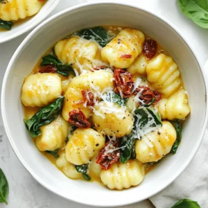 - 1 package (16 oz) potato gnocchi - 1 cup sun-dried tomatoes, packed in oil, drained and chopped - 1 cup heavy cream - 1 cup spinach leaves, roughly chopped - 1 cup grated Parmesan cheese - 3 cloves garlic, minced - 2 tablespoons olive oil - Salt and pepper to taste - Fresh basil leaves for garnish Using top-notch ingredients makes a big difference. Fresh spinach and high-quality sun-dried tomatoes boost flavor. Good Parmesan adds a creamy texture. Heavy cream creates a rich sauce. Each ingredient plays its part in making this dish special. When you use quality items, your meal shines. You can swap potato gnocchi for cauliflower gnocchi for a lighter option. If you don’t have sun-dried tomatoes, try roasted red peppers. Coconut cream works well if you want a non-dairy choice. For extra greens, you could add kale instead of spinach. These swaps keep your meal tasty and unique. {{ingredient_image_1}} To start, fill a large pot with water and add salt. Bring it to a boil. Once boiling, add the potato gnocchi. Cook them according to the package instructions. Watch closely; they will float when done, which takes about 2-3 minutes. After they float, drain the gnocchi and set them aside. In a large skillet, pour in 2 tablespoons of olive oil. Heat it over medium heat. Add 3 cloves of minced garlic and sauté for about 30 seconds. You want the garlic fragrant, not burnt. Next, stir in 1 cup of chopped sun-dried tomatoes. Cook this mixture for one more minute to blend the flavors. Now, pour in 1 cup of heavy cream and bring it to a gentle simmer. Lower the heat and add 1 cup of grated Parmesan cheese. Stir until it melts and becomes creamy. Once your sauce is ready, add 1 cup of roughly chopped spinach. Cook for another 2-3 minutes until the spinach wilts. Gently fold in the cooked gnocchi, ensuring they are well coated in the creamy sauce. Season with salt and pepper to taste. Finally, plate your creamy gnocchi. Garnish with fresh basil leaves and extra Parmesan if you like. Enjoy your delightful dinner! To create a smooth and creamy sauce, start with heavy cream. This adds richness and depth. When you simmer the cream, keep the heat low. Too much heat can make it separate, which isn’t what we want. Adding the Parmesan cheese slowly will help it melt evenly. Stir continuously to blend it well. This keeps your sauce creamy and thick. If you want it even creamier, add a bit more cheese or a splash of pasta water. Cook the gnocchi in salted water for the best flavor. When they float to the top, they are done. Don’t overcook them. This keeps the gnocchi soft and fluffy. Drain them gently and add them to the sauce right away. This helps them soak up the creamy sauce. If you let them sit, they can stick together. Keep them moving in the pan to ensure they stay coated in that luscious sauce. Want to take your dish up a notch? Consider adding some fresh herbs. Basil adds a nice touch. You can also try thyme or oregano for a different flavor. For a kick, add some red pepper flakes. If you love protein, grilled chicken or shrimp pairs well with this dish. You can also toss in some vegetables like bell peppers or zucchini for extra color and nutrition. These additions can make your meal even more delightful. Pro Tips Use Fresh Ingredients: Fresh spinach and high-quality sun-dried tomatoes will enhance the flavor of your dish significantly. Adjust Creaminess: For a lighter sauce, substitute half of the heavy cream with chicken or vegetable broth. Perfect Gnocchi Cooking: Make sure not to overcook the gnocchi; they should float to the top of the boiling water and be removed promptly. Garnish for Flavor: Fresh basil not only adds a pop of color but also enhances the dish's aroma and flavor profile. {{image_2}} You can make this creamy sun-dried tomato gnocchi vegetarian-friendly. Just skip any meat. You can add more veggies instead. Try mushrooms, zucchini, or bell peppers. They add great flavor and texture. You can also replace Parmesan cheese with a dairy-free option. Nutritional yeast works well for a cheesy taste. If you want to add protein, chicken and shrimp are great choices. For chicken, cook bite-sized pieces in the skillet before adding garlic. Cook until golden brown. For shrimp, add them after you sauté the garlic. Cook until they turn pink and opaque. Both options boost the dish and make it more filling. You can change the sauce for more variety. Instead of heavy cream, try using coconut milk for a lighter taste. For a spicy kick, add red pepper flakes to the sauce. If you want a tangy flavor, mix in some lemon juice or zest. Experimenting with these flavors keeps the dish fresh and exciting. Store any leftover creamy sun-dried tomato gnocchi in an airtight container. This keeps the dish fresh. Place it in the fridge if you plan to eat it within three days. Make sure to wait until the dish cools before sealing it. This helps prevent condensation and sogginess. You can freeze creamy sun-dried tomato gnocchi if you want to keep it longer. Portion the gnocchi into containers or freezer bags. Be sure to leave some space for expansion. Label the bags with the date so you know when you made it. It stays good for up to three months in the freezer. For reheating, it’s best to thaw the gnocchi overnight in the fridge. Then, gently warm it in a skillet over low heat. Add a splash of cream or broth to restore creaminess. Stir it often to heat evenly. You can also microwave it, but cover it to keep moisture in. Enjoy your meal just like fresh! To make gnocchi from scratch, you need a few simple ingredients. You will need: - 2 cups of mashed potatoes - 1 egg - 1 to 1.5 cups of all-purpose flour - A pinch of salt Start by mashing the potatoes until smooth. Mix in the egg and salt. Gradually add the flour until a dough forms. Roll the dough into long ropes and cut them into bite-sized pieces. Press each piece lightly with a fork for texture. Boil them in salted water until they float. This takes about 2-3 minutes. Yes, you can use dried sun-dried tomatoes. Just remember to rehydrate them first. Soak them in hot water for about 20 minutes. After they soften, chop them into small pieces. This will help them blend well in your creamy sauce. Creamy sun-dried tomato gnocchi pairs well with many sides. Here are some ideas: - A fresh green salad with vinaigrette - Garlic bread for a crunchy side - Steamed vegetables like broccoli or asparagus - A light soup, like minestrone or tomato basil These sides balance the rich flavors of the gnocchi and add freshness to your meal. Enjoy your delightful dinner! In this article, we explored the key ingredients needed for creamy sun-dried tomato gnocchi. We discussed the value of using quality ingredients and shared helpful substitutions. You learned step-by-step cooking instructions for the gnocchi and the sauce. Our tips improved the texture and flavor of your dish. We also covered different variations, storage methods, and answered common questions. Now, you can create a delicious meal that fits your tastes. Enjoy your cooking adventure!