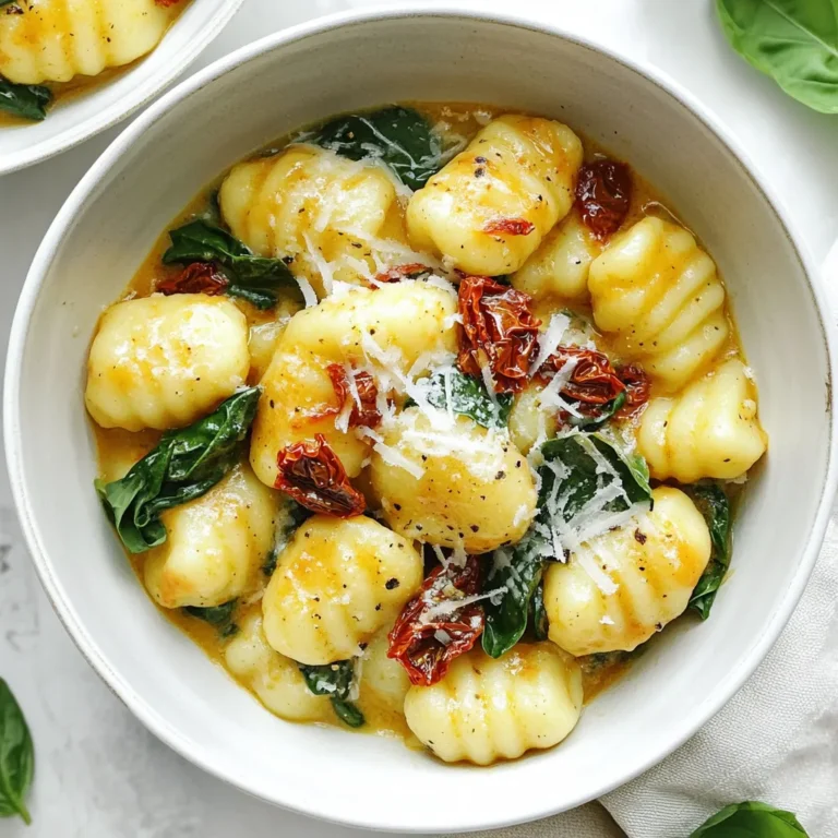 - 1 package (16 oz) potato gnocchi - 1 cup sun-dried tomatoes, packed in oil, drained and chopped - 1 cup heavy cream - 1 cup spinach leaves, roughly chopped - 1 cup grated Parmesan cheese - 3 cloves garlic, minced - 2 tablespoons olive oil - Salt and pepper to taste - Fresh basil leaves for garnish Using top-notch ingredients makes a big difference. Fresh spinach and high-quality sun-dried tomatoes boost flavor. Good Parmesan adds a creamy texture. Heavy cream creates a rich sauce. Each ingredient plays its part in making this dish special. When you use quality items, your meal shines. You can swap potato gnocchi for cauliflower gnocchi for a lighter option. If you don’t have sun-dried tomatoes, try roasted red peppers. Coconut cream works well if you want a non-dairy choice. For extra greens, you could add kale instead of spinach. These swaps keep your meal tasty and unique. {{ingredient_image_1}} To start, fill a large pot with water and add salt. Bring it to a boil. Once boiling, add the potato gnocchi. Cook them according to the package instructions. Watch closely; they will float when done, which takes about 2-3 minutes. After they float, drain the gnocchi and set them aside. In a large skillet, pour in 2 tablespoons of olive oil. Heat it over medium heat. Add 3 cloves of minced garlic and sauté for about 30 seconds. You want the garlic fragrant, not burnt. Next, stir in 1 cup of chopped sun-dried tomatoes. Cook this mixture for one more minute to blend the flavors. Now, pour in 1 cup of heavy cream and bring it to a gentle simmer. Lower the heat and add 1 cup of grated Parmesan cheese. Stir until it melts and becomes creamy. Once your sauce is ready, add 1 cup of roughly chopped spinach. Cook for another 2-3 minutes until the spinach wilts. Gently fold in the cooked gnocchi, ensuring they are well coated in the creamy sauce. Season with salt and pepper to taste. Finally, plate your creamy gnocchi. Garnish with fresh basil leaves and extra Parmesan if you like. Enjoy your delightful dinner! To create a smooth and creamy sauce, start with heavy cream. This adds richness and depth. When you simmer the cream, keep the heat low. Too much heat can make it separate, which isn’t what we want. Adding the Parmesan cheese slowly will help it melt evenly. Stir continuously to blend it well. This keeps your sauce creamy and thick. If you want it even creamier, add a bit more cheese or a splash of pasta water. Cook the gnocchi in salted water for the best flavor. When they float to the top, they are done. Don’t overcook them. This keeps the gnocchi soft and fluffy. Drain them gently and add them to the sauce right away. This helps them soak up the creamy sauce. If you let them sit, they can stick together. Keep them moving in the pan to ensure they stay coated in that luscious sauce. Want to take your dish up a notch? Consider adding some fresh herbs. Basil adds a nice touch. You can also try thyme or oregano for a different flavor. For a kick, add some red pepper flakes. If you love protein, grilled chicken or shrimp pairs well with this dish. You can also toss in some vegetables like bell peppers or zucchini for extra color and nutrition. These additions can make your meal even more delightful. Pro Tips Use Fresh Ingredients: Fresh spinach and high-quality sun-dried tomatoes will enhance the flavor of your dish significantly. Adjust Creaminess: For a lighter sauce, substitute half of the heavy cream with chicken or vegetable broth. Perfect Gnocchi Cooking: Make sure not to overcook the gnocchi; they should float to the top of the boiling water and be removed promptly. Garnish for Flavor: Fresh basil not only adds a pop of color but also enhances the dish's aroma and flavor profile. {{image_2}} You can make this creamy sun-dried tomato gnocchi vegetarian-friendly. Just skip any meat. You can add more veggies instead. Try mushrooms, zucchini, or bell peppers. They add great flavor and texture. You can also replace Parmesan cheese with a dairy-free option. Nutritional yeast works well for a cheesy taste. If you want to add protein, chicken and shrimp are great choices. For chicken, cook bite-sized pieces in the skillet before adding garlic. Cook until golden brown. For shrimp, add them after you sauté the garlic. Cook until they turn pink and opaque. Both options boost the dish and make it more filling. You can change the sauce for more variety. Instead of heavy cream, try using coconut milk for a lighter taste. For a spicy kick, add red pepper flakes to the sauce. If you want a tangy flavor, mix in some lemon juice or zest. Experimenting with these flavors keeps the dish fresh and exciting. Store any leftover creamy sun-dried tomato gnocchi in an airtight container. This keeps the dish fresh. Place it in the fridge if you plan to eat it within three days. Make sure to wait until the dish cools before sealing it. This helps prevent condensation and sogginess. You can freeze creamy sun-dried tomato gnocchi if you want to keep it longer. Portion the gnocchi into containers or freezer bags. Be sure to leave some space for expansion. Label the bags with the date so you know when you made it. It stays good for up to three months in the freezer. For reheating, it’s best to thaw the gnocchi overnight in the fridge. Then, gently warm it in a skillet over low heat. Add a splash of cream or broth to restore creaminess. Stir it often to heat evenly. You can also microwave it, but cover it to keep moisture in. Enjoy your meal just like fresh! To make gnocchi from scratch, you need a few simple ingredients. You will need: - 2 cups of mashed potatoes - 1 egg - 1 to 1.5 cups of all-purpose flour - A pinch of salt Start by mashing the potatoes until smooth. Mix in the egg and salt. Gradually add the flour until a dough forms. Roll the dough into long ropes and cut them into bite-sized pieces. Press each piece lightly with a fork for texture. Boil them in salted water until they float. This takes about 2-3 minutes. Yes, you can use dried sun-dried tomatoes. Just remember to rehydrate them first. Soak them in hot water for about 20 minutes. After they soften, chop them into small pieces. This will help them blend well in your creamy sauce. Creamy sun-dried tomato gnocchi pairs well with many sides. Here are some ideas: - A fresh green salad with vinaigrette - Garlic bread for a crunchy side - Steamed vegetables like broccoli or asparagus - A light soup, like minestrone or tomato basil These sides balance the rich flavors of the gnocchi and add freshness to your meal. Enjoy your delightful dinner! In this article, we explored the key ingredients needed for creamy sun-dried tomato gnocchi. We discussed the value of using quality ingredients and shared helpful substitutions. You learned step-by-step cooking instructions for the gnocchi and the sauce. Our tips improved the texture and flavor of your dish. We also covered different variations, storage methods, and answered common questions. Now, you can create a delicious meal that fits your tastes. Enjoy your cooking adventure!