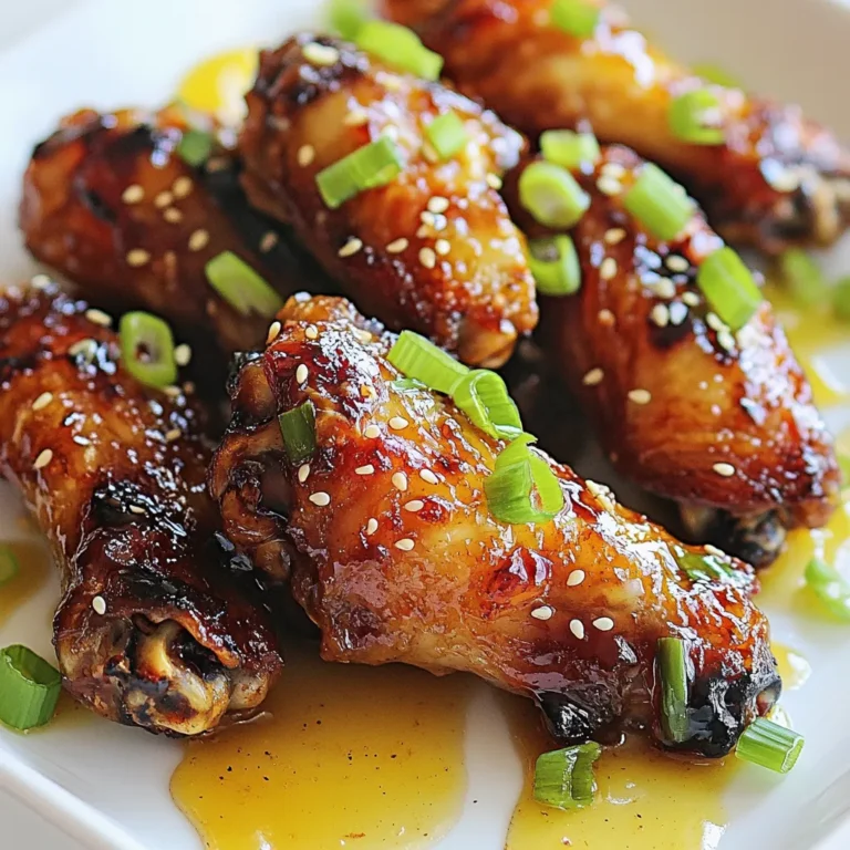 To make honey garlic chicken wings, you need some simple items. Here’s what you should gather: - 2 lbs chicken wings - 1/2 cup honey - 1/4 cup soy sauce - 4 cloves garlic, minced - 1 tablespoon fresh ginger, grated - 1 teaspoon crushed red pepper flakes (adjust for heat) - 1 tablespoon sesame oil - 1 tablespoon rice vinegar These ingredients create a sweet and savory flavor that makes the wings special. The honey adds sweetness, while soy sauce gives it a nice salty kick. Garlic and ginger enhance the taste, and the red pepper flakes add a little heat. You can make your wings look even better with some fun extras. Here are some garnishes you might like: - 2 green onions, sliced (for garnish) - Sesame seeds (for garnish) When serving, arrange the wings on a large platter. Drizzle some extra honey on top for an eye-catching finish. Pair the wings with fresh vegetable sticks and your choice of dipping sauce to complete the dish. Having the right tools makes cooking easier. For this recipe, gather these items: - Large mixing bowl - Whisk - Baking sheet - Aluminum foil - Wire rack - Plastic wrap These tools help you mix, bake, and present your wings perfectly. With everything ready, you’re set to make a delicious dish everyone will love. {{ingredient_image_1}} To make the marinade, grab a large mixing bowl. Add 1/2 cup honey and 1/4 cup soy sauce. Next, toss in 4 minced garlic cloves and 1 tablespoon of fresh ginger. Don’t forget 1 teaspoon of crushed red pepper flakes for a little heat. Finally, mix in 1 tablespoon of sesame oil and 1 tablespoon of rice vinegar. Whisk all these ingredients together until they blend well. This mix will give your wings a sweet and savory flavor. Now that your marinade is ready, it’s time for the chicken wings. Use 2 pounds of chicken wings and add them to the bowl. Toss the wings in the marinade until they are fully coated. Cover the bowl with plastic wrap. For the best taste, refrigerate the wings for at least 1 hour. If you have time, let them marinate overnight. This allows the flavors to soak in deeply. Preheat your oven to 400°F (200°C). While it heats up, line a baking sheet with aluminum foil. Place a wire rack on top of the foil. Arrange your marinated chicken wings on the rack, making sure there is space between each wing. Remember to save the leftover marinade for later. Bake the wings for 25 minutes. After this time, take them out and baste them with the reserved marinade. Flip the wings over and return them to the oven. Bake for another 20 to 25 minutes. When they are done, they should be fully cooked and glistening. If you want them extra crispy, broil them for 2 to 3 minutes. Just keep an eye on them so they don’t burn. Once ready, let the wings rest for a few minutes before serving. To get your chicken wings crispy, follow a few simple tricks. First, use a wire rack when baking. This lets air flow around the wings. The skin will crisp up nicely. Second, make sure to pat the wings dry before marinating. Dry skin helps them become crispy. Lastly, broil them for 2-3 minutes at the end. Watch closely so they don’t burn. You can easily tweak the flavors in this recipe. If you like heat, add more crushed red pepper flakes. For a sweet twist, try maple syrup instead of honey. You can also mix in some lime juice for a tangy kick. If you want to skip soy sauce, use tamari or coconut aminos for a gluten-free option. These swaps keep the dish tasty and fun. A few mistakes can ruin your wings. First, don’t skip the marinating step. It adds flavor and moisture. Next, avoid crowding the baking sheet. This can lead to soggy wings. Make sure to space them out. Finally, don’t ignore the basting. Basting keeps the wings juicy and flavorful. Following these tips will help you create perfect honey garlic chicken wings every time. Pro Tips Marinate Longer for Flavor: For the best flavor, marinate the chicken wings overnight. This allows the flavors to penetrate deeply into the meat. Use a Wire Rack: Baking the wings on a wire rack allows air to circulate around them, resulting in a crispier texture. It also prevents them from sitting in their own juices. Adjust Spice Levels: If you prefer milder wings, reduce or omit the crushed red pepper flakes. You can also add a dash of your favorite hot sauce for a personalized heat level. Serve with Dipping Sauce: Pair these wings with a creamy dipping sauce, like ranch or blue cheese, to balance the sweetness of the honey glaze and add a delicious contrast. {{image_2}} To make your wings spicier, add more red pepper flakes. Start with two teaspoons instead of one. This gives a nice kick without overwhelming the sweet taste. You can also mix in some hot sauce. A tablespoon or two works well. This blend of sweet and heat makes a great combo. For a BBQ twist, add your favorite BBQ sauce to the marinade. Mix equal parts honey and BBQ sauce for a flavorful glaze. You can use store-bought or homemade BBQ sauce. This gives a smoky taste that pairs well with the honey. Bake as usual, and enjoy a new flavor profile. If you want a quicker option, use an air fryer. Just marinate the wings as usual. Preheat your air fryer to 380°F (193°C). Place the wings in a single layer in the basket. Cook for 25-30 minutes, flipping halfway through. This method gives you crispy wings with less oil. Perfect for a quick snack or meal! After enjoying your honey garlic chicken wings, store any leftovers in an airtight container. Make sure the wings cool down first. If you store them right, they stay fresh for 3 to 4 days in the fridge. Always label your container with the date, so you know when you made them. To reheat your wings, preheat your oven to 350°F (175°C). Place the wings on a baking sheet. Reheat them for about 15 to 20 minutes. This method keeps them crispy and tasty. You can also use a microwave if you’re in a hurry. Just heat them for 1 to 2 minutes. However, they may not stay as crispy. If you want to save your wings for later, freezing is a great option. First, let them cool completely. Then, place them in a freezer-safe bag. Try to remove as much air as possible. Label the bag with the date. They will stay good for about 3 months in the freezer. When you're ready to eat, thaw them overnight in the fridge before reheating. You should marinate chicken wings for at least 1 hour. This time helps the wings soak up the flavors. For the best taste, marinate them overnight. The longer they sit, the more flavor they gain. Yes, you can use other chicken parts, like drumsticks or thighs. Just remember that cooking times may change. Wings cook faster than bigger pieces, so adjust your baking time. Honey garlic chicken wings go well with many sides. Try fresh vegetable sticks like carrots and celery. A dipping sauce like ranch or blue cheese also pairs nicely. For a full meal, serve with rice or a simple salad. Honey garlic chicken wings are a great dish that anyone can make. We discussed the key ingredients, tools needed, and simple steps to bake and baste the wings. You also learned tips for extra crispy wings and how to avoid common mistakes. Variations like spicy or BBQ wings add fun twists. Lastly, we covered how to store and reheat your delicious leftovers. Enjoy making these wings and impress your friends with your cooking skills!