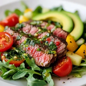 - 1 pound flank steak - 1 tablespoon olive oil - Salt and pepper to taste - 4 cups mixed salad greens (arugula, spinach, and romaine) - 1 avocado, sliced - 1 cup cherry tomatoes, halved - ½ cucumber, thinly sliced - ¼ red onion, thinly sliced - 1 bell pepper, sliced (any color) For this salad, flank steak is the star. It is juicy and full of flavor. The olive oil helps keep the steak moist. Mixed salad greens add crunch and color. Avocado brings creaminess, while cherry tomatoes add a sweet bite. Cucumbers, red onion, and bell pepper give the dish even more texture and flavor. - 1 cup fresh parsley, finely chopped - ¼ cup fresh cilantro, finely chopped - 3 cloves garlic, minced - 1 teaspoon red pepper flakes - ½ teaspoon dried oregano - ½ cup olive oil - 3 tablespoons red wine vinegar (substitute with apple cider vinegar for a non-alcoholic option) - Salt and pepper to taste Chimichurri sauce is a fresh herb mix. It uses parsley and cilantro for a bright taste. Garlic adds depth, while red pepper flakes give it a kick. Dried oregano rounds out the flavors. Olive oil and red wine vinegar tie everything together. This sauce can make any dish pop with flavor. You can mix things up with different oils. Avocado oil or sesame oil can add a unique twist. If you want to change the vinegar, try balsamic or lemon juice for a different taste. You can also add other veggies like radishes or carrots for extra crunch and color. This salad is flexible, so feel free to get creative! {{ingredient_image_1}} To make the chimichurri sauce, start with a medium bowl. Chop the parsley and cilantro finely. Add the chopped herbs to the bowl. Next, mince the garlic and add that too. Sprinkle in the red pepper flakes and dried oregano. Now, slowly pour in the olive oil and red wine vinegar. Stir everything together until it blends well. Taste it and add salt and pepper as needed. Let the sauce sit so the flavors come together. This step is key for a tasty sauce. Get your grill or skillet ready by preheating it to medium-high heat. While it warms up, rub the flank steak with olive oil. Sprinkle a good amount of salt and pepper on both sides. Place the steak on the grill or in the skillet. Cook for about 5 to 7 minutes on each side for medium-rare. If you want it more done, cook longer. Use a meat thermometer to check the internal temperature. For medium-rare, it should hit 130°F. Once the steak is cooked, let it rest for 5 to 10 minutes. This helps keep it juicy. After resting, slice the steak thinly against the grain. Now, grab a large bowl. Add your mixed salad greens first. Then, layer in the sliced avocado, halved cherry tomatoes, cucumber, red onion, and bell pepper. Finally, top the salad with the steak strips. Drizzle the chimichurri sauce over everything. This adds color and flavor. You can toss it gently or keep it layered for a nice look. Enjoy your fresh and flavorful chimichurri steak salad! To get the best steak, you need to focus on two things: temperature and resting. First, always use a meat thermometer. For medium-rare, aim for 130°F. You can cook the steak for about 5-7 minutes on each side, but remember, cooking time may vary based on thickness. After cooking, let the steak rest for 5-10 minutes. This step helps keep the juices in the meat. If you skip this, your steak can taste dry. Chimichurri sauce is all about fresh flavors. To make it even better, adjust your ingredients. If you want a spicier kick, add more red pepper flakes. For a bright taste, try using more vinegar. Fresh herbs are key, so make sure your parsley and cilantro are fresh. You can also mix in some fresh mint for a unique twist. Always taste your sauce before serving to see if it needs more salt or pepper. When serving this salad, presentation matters. Layer your salad ingredients in a large bowl for a colorful look. You can also serve the steak on top of the salad or on the side. For a fun touch, add some crumbled feta cheese or nuts for crunch. Pair the salad with a light white wine or sparkling water for a refreshing meal. This salad is perfect for picnics or dinner parties. Pro Tips Rest the Steak: Allowing the steak to rest after cooking helps to retain its juices, resulting in a more flavorful and tender final dish. Slice Against the Grain: Always slice the steak against the grain for maximum tenderness. This technique shortens the muscle fibers, making each bite easier to chew. Customize the Chimichurri: Feel free to adjust the herbs and spices in the chimichurri sauce to suit your taste. Adding oregano or basil can give it a unique twist. Use Fresh Ingredients: For the best flavor, use fresh herbs and quality vegetables in your salad. Fresh ingredients make a significant difference in taste and presentation. {{image_2}} You can switch up the protein in your Chimichurri Steak Salad easily. If you want chicken, use grilled chicken breast instead of flank steak. Just season and cook it the same way. Shrimp is another great option. Simply grill or sauté shrimp for a quick cook time. For a vegetarian choice, try grilled tofu or chickpeas. Both add protein and texture to your salad. You can customize your salad with seasonal ingredients. In summer, add fresh corn or zucchini. In fall, roasted sweet potatoes make a tasty addition. You can also swap the greens. Try kale or mixed baby greens for different flavors and textures. This makes each meal special and fresh. Chimichurri sauce is delicious, but there are other options. You can try a lemon vinaigrette for a bright twist. A balsamic dressing pairs well with mixed greens, too. For a creamy texture, consider a yogurt-based dressing. Each dressing brings its own flavor and complements the salad in a new way. To store leftovers, place the salad in an airtight container. Keep the chimichurri sauce separate. This helps the greens stay crisp. Use the salad within two days for the best taste. The steak can last up to three days in the fridge. Always make sure to cover it well to avoid drying out. You can freeze chimichurri sauce for up to three months. Pour it into an ice cube tray for easy portions. Once frozen, transfer the cubes to a freezer bag. For the steak, wrap it tightly in plastic wrap and then foil. This prevents freezer burn and keeps it juicy. When ready to eat, thaw in the fridge overnight before reheating. The salad ingredients last about three days in the fridge. Cooked steak can stay fresh for three to four days. For the best flavor, eat it sooner rather than later. Always check for any signs of spoilage before consuming. Chimichurri sauce is a fresh, tangy sauce from Argentina. It is made with parsley, garlic, and olive oil. You can use it on grilled meats, veggies, or even as a dressing. Its bright flavor really brings dishes to life. I love adding chimichurri to my steak salad. It enhances the taste and adds a nice color. Yes, you can make this salad ahead of time! Prepare the chimichurri sauce and store it in the fridge for up to a week. Cook the flank steak and slice it, then keep it in an airtight container. For the salad, wash and chop the greens and veggies. Store them in separate containers to keep them fresh. Just mix everything together right before serving. If you don’t have flank steak, you can use other cuts of meat. Sirloin or skirt steak works well too. You can also use chicken breast or shrimp for a different twist. If you want a vegetarian option, try grilled portobello mushrooms or chickpeas. Just adjust the cooking time based on your choice. In this blog post, we covered how to make a delicious Chimichurri steak salad. We reviewed the main ingredients like flank steak, fresh greens, and avocado. I shared how to whip up the chimichurri sauce and tips for cooking the steak just right. You learned various ways to customize your salad and how to store leftovers. The options are endless, from different proteins to dressing choices. Enjoy this vibrant dish that brings flavor and freshness to your table. With simple steps, you can impress anyone with your cooking skills.