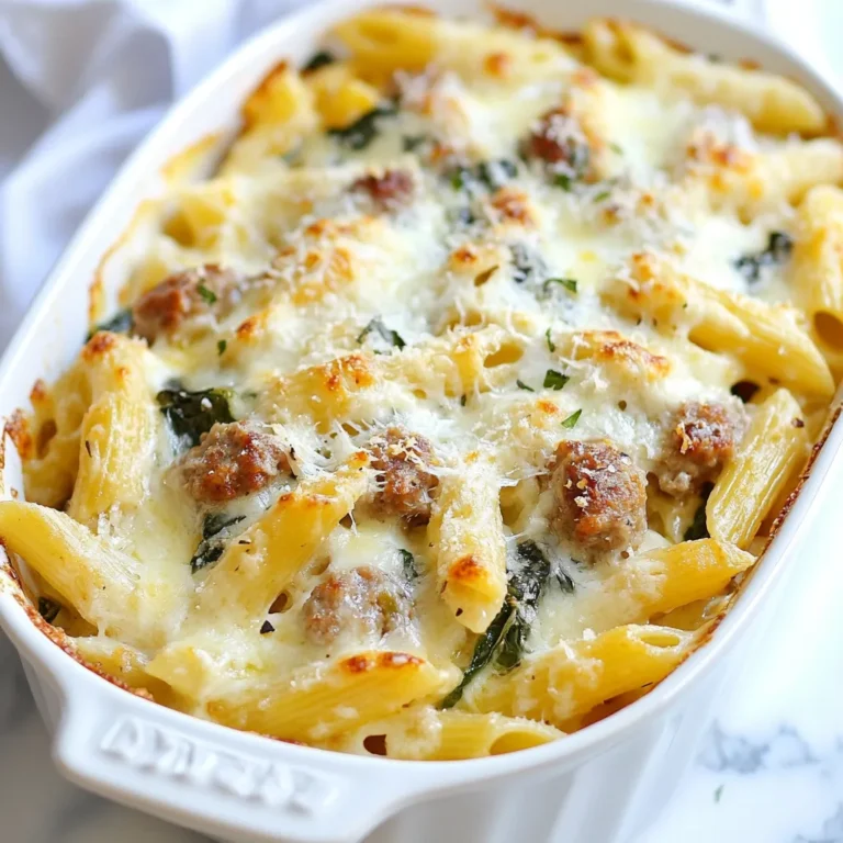 - 300g penne pasta - 400g Italian sausage (casings removed) - 200ml heavy cream - 150g spinach (fresh or frozen) The main ingredients make this dish rich and satisfying. First, penne pasta is perfect for holding the creamy sauce. I love using Italian sausage for its bold flavor. Heavy cream adds a rich texture, making every bite creamy. Spinach gives a nice pop of color and nutrients. - 2 tablespoons olive oil - 1 medium onion, chopped - 2 cloves garlic, minced - 1 teaspoon dried Italian herbs - 400g can diced tomatoes - Salt and pepper to taste Seasonings bring the dish to life. Olive oil helps cook the onion and garlic. A chopped onion adds sweetness. Minced garlic gives a strong, fragrant base. Dried Italian herbs make the flavors sing. Diced tomatoes add moisture and acidity. Lastly, salt and pepper round out the taste. - 200g mozzarella cheese, shredded - 50g Parmesan cheese, grated Cheese is key for a tasty bake. Mozzarella melts beautifully and creates a gooey top. Parmesan adds a salty, nutty flavor. Together, they make the bake irresistible. Don't skip the cheese, as it makes this dish feel special. {{ingredient_image_1}} - Cook penne pasta according to package instructions. - Preheat your oven to 180°C (350°F). Start by cooking the penne pasta. Follow the package instructions until the pasta is al dente. This means it should be firm but not hard. After cooking, drain the pasta and set it aside. Next, preheat your oven so it’s ready for baking. This step is key for a perfect finish. - Sauté onion and garlic. - Brown Italian sausage in the skillet. In a large skillet, heat two tablespoons of olive oil over medium heat. Add the chopped onion and cook until it turns soft and clear. This takes about 3 to 4 minutes. Then add minced garlic and stir for one more minute. Now, it’s time to add the Italian sausage. Break it up with a wooden spoon. Cook until it is browned and fully cooked, about 5 to 7 minutes. The smell will make your mouth water! - Mix in tomatoes, cream, and spinach. - Combine with pasta and transfer to baking dish. - Top with mozzarella and Parmesan cheese before baking. Once the sausage is ready, stir in a can of diced tomatoes with their juice. Add a teaspoon of dried Italian herbs and let it simmer for 5 minutes. This helps the flavors blend well. Next, pour in 200ml of heavy cream and add 150g of spinach. Cook for about 2 to 3 minutes until the spinach is wilted. Now, mix this sausage mixture with your cooked penne pasta. Make sure everything is well combined. Season with salt and pepper to taste. Transfer the mixture into a greased baking dish. Finally, sprinkle 200g of shredded mozzarella and 50g of grated Parmesan on top. Bake in your preheated oven for 20 to 25 minutes. Look for a bubbly and golden finish on top. Let the dish rest for a few minutes before serving. Enjoy your creamy sausage pasta bake! To cook pasta al dente, boil water with salt. Add the penne and stir gently. Follow package time, but check a minute early. Your pasta should be firm but not hard. Drain it right away to stop cooking. For a creamy sauce, blend heavy cream with the sausage mixture. Stir well as it cooks to keep the sauce smooth. If it thickens too much, add a splash of pasta water. This helps to keep that rich texture. Choosing the right cheeses is key. Use a mix of mozzarella and Parmesan. Mozzarella melts well, while Parmesan adds depth. For even more flavor, try adding a bit of cheddar. To get that golden cheese crust, bake at 180°C (350°F) until bubbly. Keep an eye on it; if it browns too fast, cover with foil. Let it rest before serving, so the cheese holds together well. Pair your pasta bake with a light salad. A simple green salad with vinaigrette works great. You can also serve garlic bread on the side for a crunchy touch. For a lovely presentation, serve from the dish. Add a sprinkle of fresh basil on top for color. This makes the dish look inviting and fresh. Pro Tips Use Quality Sausage: Opt for high-quality Italian sausage for a rich flavor that elevates the dish. Perfect Pasta Texture: Cook the penne pasta just until al dente to ensure it holds its shape during baking. Cheese Variations: Feel free to mix different cheeses like provolone or fontina for a unique taste. Make Ahead: Prepare the pasta bake in advance and store it in the fridge for up to a day before baking for an easy meal. {{image_2}} You can easily change this dish to fit your tastes. Start by adding vegetables like bell peppers or zucchini. These add flavor and make it colorful. You can also switch the sausage for chicken or a meat alternative. This makes the dish lighter but just as tasty. Cheese plays a big role in this bake. You can try different cheese blends to create unique flavors. Mix mozzarella with cheddar or gouda for a richer taste. If you want to avoid dairy, use non-dairy options. They can still give you that creamy texture you love. If you like a kick, add red pepper flakes to the mix. They can make the dish spicy and exciting. You can also use hot Italian sausage instead of mild. This choice will give the pasta bake a deeper flavor and more heat. To store leftovers, let the dish cool down first. Then, place the pasta bake in an airtight container. You can keep it in the fridge for up to three days. If you want to save some for later, make sure to cover it well. This helps keep the flavors fresh and delicious. You can freeze the pasta bake for a quick meal later. Let it cool completely before freezing. Then, wrap it tightly in plastic wrap and place it in a freezer-safe container. It will last for about two months in the freezer. To reheat, thaw it in the fridge overnight. Then, bake it at 180°C (350°F) until hot and bubbly, about 25–30 minutes. Making this dish ahead of time is great for busy nights. You can prepare it on the weekend and bake it when you need it. Portioning it out makes for easy lunches or dinners during the week. Just heat each serving as needed, and you’ll enjoy a tasty meal with little effort. To make a gluten-free version, choose gluten-free pasta. Options include brown rice pasta, quinoa pasta, or chickpea pasta. These alternatives cook well and hold sauce nicely. Always check the package for cooking times. Yes, you can use dairy-free alternatives. For non-dairy cheese, look for brands made from nuts or soy. Coconut cream or cashew cream works well in place of heavy cream. These options keep the dish creamy and tasty. You can store the pasta bake in the fridge for about 3 to 4 days. Make sure to cover it tightly with foil or plastic wrap. When you reheat it, the cheese may not be as bubbly, but it will still taste great. In this article, we explored how to make a creamy sausage pasta bake. You learned about the main ingredients, cooking methods, and tips for perfecting the dish. You can customize it for your taste and make it ahead of time for busy days. Remember, the right cheese makes a big difference. This meal not only satisfies but also brings joy at the table. Enjoy your cooking and make it your own!