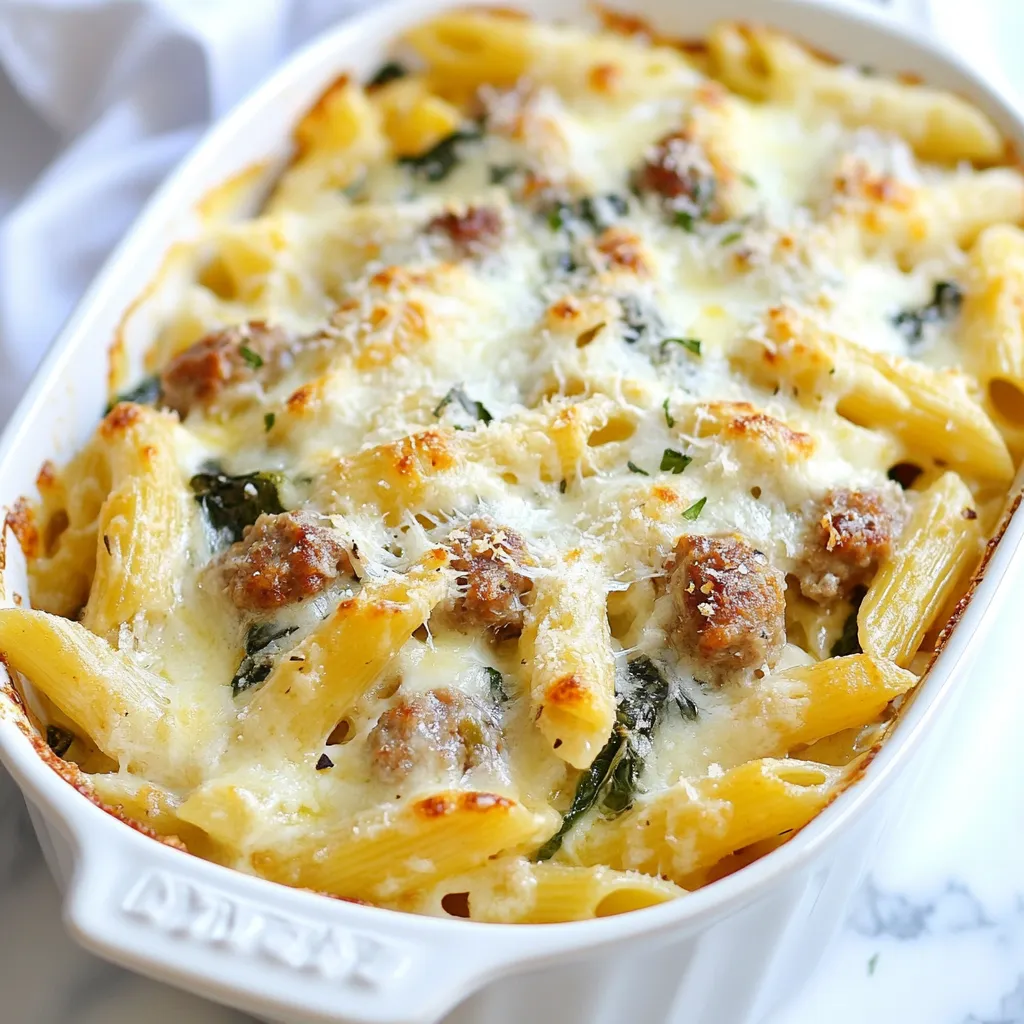 - 300g penne pasta - 400g Italian sausage (casings removed) - 200ml heavy cream - 150g spinach (fresh or frozen) The main ingredients make this dish rich and satisfying. First, penne pasta is perfect for holding the creamy sauce. I love using Italian sausage for its bold flavor. Heavy cream adds a rich texture, making every bite creamy. Spinach gives a nice pop of color and nutrients. - 2 tablespoons olive oil - 1 medium onion, chopped - 2 cloves garlic, minced - 1 teaspoon dried Italian herbs - 400g can diced tomatoes - Salt and pepper to taste Seasonings bring the dish to life. Olive oil helps cook the onion and garlic. A chopped onion adds sweetness. Minced garlic gives a strong, fragrant base. Dried Italian herbs make the flavors sing. Diced tomatoes add moisture and acidity. Lastly, salt and pepper round out the taste. - 200g mozzarella cheese, shredded - 50g Parmesan cheese, grated Cheese is key for a tasty bake. Mozzarella melts beautifully and creates a gooey top. Parmesan adds a salty, nutty flavor. Together, they make the bake irresistible. Don't skip the cheese, as it makes this dish feel special. {{ingredient_image_1}} - Cook penne pasta according to package instructions. - Preheat your oven to 180°C (350°F). Start by cooking the penne pasta. Follow the package instructions until the pasta is al dente. This means it should be firm but not hard. After cooking, drain the pasta and set it aside. Next, preheat your oven so it’s ready for baking. This step is key for a perfect finish. - Sauté onion and garlic. - Brown Italian sausage in the skillet. In a large skillet, heat two tablespoons of olive oil over medium heat. Add the chopped onion and cook until it turns soft and clear. This takes about 3 to 4 minutes. Then add minced garlic and stir for one more minute. Now, it’s time to add the Italian sausage. Break it up with a wooden spoon. Cook until it is browned and fully cooked, about 5 to 7 minutes. The smell will make your mouth water! - Mix in tomatoes, cream, and spinach. - Combine with pasta and transfer to baking dish. - Top with mozzarella and Parmesan cheese before baking. Once the sausage is ready, stir in a can of diced tomatoes with their juice. Add a teaspoon of dried Italian herbs and let it simmer for 5 minutes. This helps the flavors blend well. Next, pour in 200ml of heavy cream and add 150g of spinach. Cook for about 2 to 3 minutes until the spinach is wilted. Now, mix this sausage mixture with your cooked penne pasta. Make sure everything is well combined. Season with salt and pepper to taste. Transfer the mixture into a greased baking dish. Finally, sprinkle 200g of shredded mozzarella and 50g of grated Parmesan on top. Bake in your preheated oven for 20 to 25 minutes. Look for a bubbly and golden finish on top. Let the dish rest for a few minutes before serving. Enjoy your creamy sausage pasta bake! To cook pasta al dente, boil water with salt. Add the penne and stir gently. Follow package time, but check a minute early. Your pasta should be firm but not hard. Drain it right away to stop cooking. For a creamy sauce, blend heavy cream with the sausage mixture. Stir well as it cooks to keep the sauce smooth. If it thickens too much, add a splash of pasta water. This helps to keep that rich texture. Choosing the right cheeses is key. Use a mix of mozzarella and Parmesan. Mozzarella melts well, while Parmesan adds depth. For even more flavor, try adding a bit of cheddar. To get that golden cheese crust, bake at 180°C (350°F) until bubbly. Keep an eye on it; if it browns too fast, cover with foil. Let it rest before serving, so the cheese holds together well. Pair your pasta bake with a light salad. A simple green salad with vinaigrette works great. You can also serve garlic bread on the side for a crunchy touch. For a lovely presentation, serve from the dish. Add a sprinkle of fresh basil on top for color. This makes the dish look inviting and fresh. Pro Tips Use Quality Sausage: Opt for high-quality Italian sausage for a rich flavor that elevates the dish. Perfect Pasta Texture: Cook the penne pasta just until al dente to ensure it holds its shape during baking. Cheese Variations: Feel free to mix different cheeses like provolone or fontina for a unique taste. Make Ahead: Prepare the pasta bake in advance and store it in the fridge for up to a day before baking for an easy meal. {{image_2}} You can easily change this dish to fit your tastes. Start by adding vegetables like bell peppers or zucchini. These add flavor and make it colorful. You can also switch the sausage for chicken or a meat alternative. This makes the dish lighter but just as tasty. Cheese plays a big role in this bake. You can try different cheese blends to create unique flavors. Mix mozzarella with cheddar or gouda for a richer taste. If you want to avoid dairy, use non-dairy options. They can still give you that creamy texture you love. If you like a kick, add red pepper flakes to the mix. They can make the dish spicy and exciting. You can also use hot Italian sausage instead of mild. This choice will give the pasta bake a deeper flavor and more heat. To store leftovers, let the dish cool down first. Then, place the pasta bake in an airtight container. You can keep it in the fridge for up to three days. If you want to save some for later, make sure to cover it well. This helps keep the flavors fresh and delicious. You can freeze the pasta bake for a quick meal later. Let it cool completely before freezing. Then, wrap it tightly in plastic wrap and place it in a freezer-safe container. It will last for about two months in the freezer. To reheat, thaw it in the fridge overnight. Then, bake it at 180°C (350°F) until hot and bubbly, about 25–30 minutes. Making this dish ahead of time is great for busy nights. You can prepare it on the weekend and bake it when you need it. Portioning it out makes for easy lunches or dinners during the week. Just heat each serving as needed, and you’ll enjoy a tasty meal with little effort. To make a gluten-free version, choose gluten-free pasta. Options include brown rice pasta, quinoa pasta, or chickpea pasta. These alternatives cook well and hold sauce nicely. Always check the package for cooking times. Yes, you can use dairy-free alternatives. For non-dairy cheese, look for brands made from nuts or soy. Coconut cream or cashew cream works well in place of heavy cream. These options keep the dish creamy and tasty. You can store the pasta bake in the fridge for about 3 to 4 days. Make sure to cover it tightly with foil or plastic wrap. When you reheat it, the cheese may not be as bubbly, but it will still taste great. In this article, we explored how to make a creamy sausage pasta bake. You learned about the main ingredients, cooking methods, and tips for perfecting the dish. You can customize it for your taste and make it ahead of time for busy days. Remember, the right cheese makes a big difference. This meal not only satisfies but also brings joy at the table. Enjoy your cooking and make it your own!