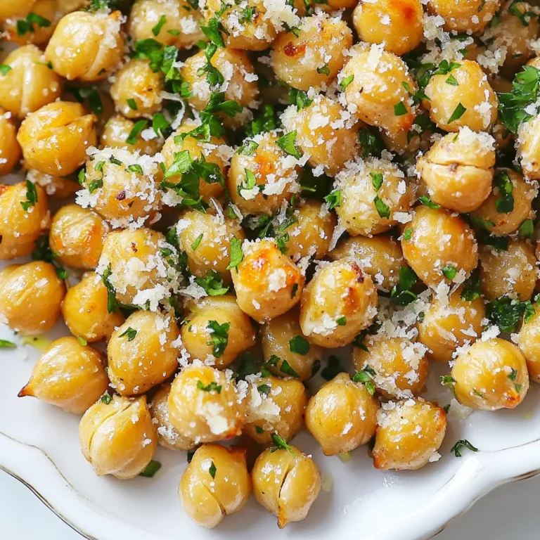 - 1 can (15 oz) chickpeas - 2 tablespoons olive oil - 3 cloves garlic, minced - 1/2 cup grated Parmesan cheese - 1 teaspoon smoked paprika - 1/2 teaspoon dried oregano - 1/2 teaspoon salt - 1/4 teaspoon black pepper - Fresh parsley, chopped When you gather your ingredients, start with the chickpeas. A 15-ounce can works best. Drain and rinse them well. This helps remove any extra salt. Next, grab some olive oil and three cloves of garlic. Mince the garlic finely for a strong flavor. You will also need half a cup of grated Parmesan cheese for that cheesy goodness. Now let's talk about spices! Grab a teaspoon of smoked paprika. This gives a lovely smoky taste. You'll also need half a teaspoon of dried oregano, salt, and a quarter teaspoon of black pepper. These will add depth to your chickpeas. Lastly, don’t forget the fresh parsley! It adds a pop of color and freshness. This is the perfect way to finish your dish. With these ingredients, you can create a crispy snack that is full of flavor. Enjoy every crunchy bite! {{ingredient_image_1}} - Preheat your oven to 400°F (200°C). - Pat chickpeas dry with a paper towel. This step is key for crispiness. - Combine chickpeas with 2 tablespoons of olive oil, 3 cloves of minced garlic, and spices. - Toss them until they are evenly coated. The oil helps the spices stick. - Spread chickpeas on a baking sheet lined with parchment paper. - Roast them for 20 minutes. This starts the crisping process. - After 20 minutes, stir the chickpeas and add 1/2 cup of grated Parmesan cheese on top. - Return them to the oven and roast for another 10-15 minutes. They should turn golden brown and crispy. Enjoy the satisfying crunch of these garlic Parmesan roasted chickpeas! To get crispy chickpeas, you must dry them well. After rinsing, pat them dry with a paper towel. This step removes moisture and helps them get crisp in the oven. Overcrowding on the baking sheet is another issue. Spread the chickpeas in a single layer. This way, they roast evenly and become crunchy. You can boost flavor by trying new spices. Add cayenne for heat or garlic powder for extra garlic taste. Choosing the right Parmesan cheese is key. Use fresh, finely grated Parmesan for the best melt and flavor. Pre-grated cheese may lack flavor, so opt for quality cheese. Garlic Parmesan roasted chickpeas pair well with dips like hummus or ranch. They also make great salad toppings, adding crunch and protein. Enjoy them as a snack on their own, or toss them into soups for added texture. The options are endless! Pro Tips Dry Chickpeas: Ensure to dry the chickpeas thoroughly with a paper towel. This step is crucial for achieving maximum crispiness. Cheese Variations: Experiment with different types of cheese, like Pecorino Romano or nutritional yeast for a vegan version, to change the flavor profile. Seasoning Customization: Feel free to adjust the spices according to your preference. Adding cayenne pepper can give it a spicy kick! Storage Tips: Store leftovers in an airtight container at room temperature for up to 3 days to keep them crunchy. {{image_2}} You can spice up your garlic Parmesan roasted chickpeas in fun ways. One option is to make spicy garlic Parmesan chickpeas. Just add some cayenne pepper or red pepper flakes to the mix. This will give your snack a nice kick. Another great idea is to infuse herbs like thyme or rosemary. These herbs add a fresh taste that pairs well with garlic and cheese. You can mix them in with your chickpeas before roasting. This gives a whole new flavor to your snack. If you want to switch things up, you can substitute chickpeas with other beans. Black beans or kidney beans can work great. Just rinse and dry them as you would with chickpeas. The taste will change, but you will still get a crunchy snack. For a vegan option, consider using nutritional yeast instead of Parmesan cheese. This gives a cheesy flavor without dairy. Just sprinkle it on after the chickpeas are cooked. It's a tasty twist for those who avoid animal products. If you need gluten-free snacks, rest easy. These roasted chickpeas are naturally gluten-free. Just make sure to check your spices and oils for any hidden gluten. For those watching their salt, I suggest using low-sodium seasoning. You can reduce the salt in the recipe. This way, you can still enjoy your chickpeas without the extra sodium. To keep your Garlic Parmesan roasted chickpeas fresh, store them in an airtight container. Use glass or plastic containers with tight lids. Avoid using bags, as they do not seal well. Store the chickpeas at room temperature for the best crunch. To enjoy crispy chickpeas again, reheat them in the oven. Preheat your oven to 350°F (175°C). Spread the chickpeas on a baking sheet. Heat for about 5-10 minutes. This will restore their crispiness. Microwaving is not ideal, as it can make them soft. Garlic Parmesan roasted chickpeas last about 3-4 days at room temperature. If stored in the fridge, they can last up to a week. Check for any signs of spoilage, such as an off smell or a soft texture. If they feel soggy, it’s best to toss them. Enjoy your snack while it’s fresh! You can try nutritional yeast. It has a cheesy taste and is vegan. Grated pecorino Romano is also a good choice. It adds a salty flavor. Yes, you can! Set your air fryer to 400°F (200°C). Cook for about 15 minutes. Shake the basket halfway for even crisping. Check for doneness, and adjust time as needed. Absolutely! Roasted chickpeas are high in protein and fiber. They are low in calories, making them a great snack. Plus, they contain healthy fats from olive oil. To reduce oil, use less olive oil. Try one tablespoon instead of two. Pat the chickpeas dry well. This helps them crisp without too much oil. You can try cayenne for heat or lemon zest for a fresh touch. Cumin and chili powder add a warm, earthy flavor. Don’t be afraid to mix and match spices! These garlic Parmesan roasted chickpeas are easy to make and packed with flavor. We covered the essential ingredients, a straightforward roasting method, and helpful tips for success. Remember, crispy chickpeas are key to this dish. Feel free to experiment with flavors and ingredients to fit your taste. Storage and reheating keep them fresh for your next snack. Enjoy these as a healthy treat or add them to your meals. Now, get cooking and enjoy a delicious crunch!