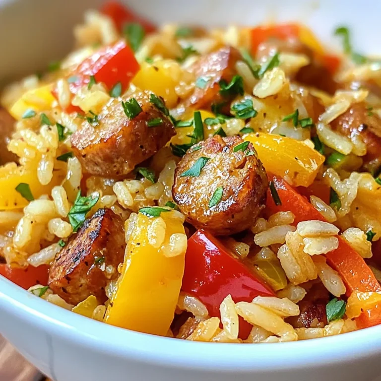 - 1 lb Cajun sausage, sliced - 1 cup uncooked long-grain rice - 1 medium onion, diced - 1 red bell pepper, diced - 2 cloves garlic, minced The star of this dish is the Cajun sausage. It brings a bold taste that makes every bite exciting. The rice acts as a base, soaking up all those rich flavors. Onions and red bell peppers add sweetness and crunch, while garlic gives a fragrant boost. - 1 can (14.5 oz) diced tomatoes (with juice) - 2 cups chicken broth - 1 cup heavy cream The diced tomatoes add a juicy tang. Chicken broth provides depth and enhances the overall flavor. Heavy cream makes the dish rich and smooth, giving it that creamy texture we love. - 1 tablespoon Cajun seasoning - 1 teaspoon smoked paprika - Salt and pepper to taste Seasonings make this dish sing. Cajun seasoning brings heat and warmth. Smoked paprika adds a nice smokey flavor. A pinch of salt and pepper rounds out the taste, making it just right. This combination of ingredients creates a delightful explosion of flavors. You will love how they work together in this creamy Cajun sausage rice skillet. {{ingredient_image_1}} First, take your Cajun sausage and slice it into bite-sized pieces. Heat 2 tablespoons of olive oil in a large skillet over medium heat. Once the oil is hot, add the sausage. Cook it for about 5 to 7 minutes. You want the sausage to brown nicely. This step adds great flavor to your dish. Once browned, remove the sausage from the skillet and set it aside. In the same skillet, add your diced onion and red bell pepper. Sauté them for about 3 to 5 minutes. Cook until the vegetables are soft and fragrant. Then, stir in 2 cloves of minced garlic. Cook for an additional minute. This will bring out the wonderful flavors of the garlic and veggies. Now it's time to bring everything together! Add 1 cup of uncooked long-grain rice into the skillet. Stir it well to coat the rice with the oil and vegetable mix. Let the rice cook for 2 minutes. This toasting step gives the rice a nice flavor. Next, pour in 1 can of diced tomatoes with their juice and 2 cups of chicken broth. Stir everything together and bring it to a boil. Once boiling, reduce the heat to low. Stir in 1 cup of heavy cream, 1 tablespoon of Cajun seasoning, 1 teaspoon of smoked paprika, salt, and pepper to taste. Finally, return the browned sausage to the skillet. Cover the skillet and let it simmer on low for 18 to 20 minutes. This will cook the rice and allow it to absorb all the tasty liquids. After cooking, let it sit for 5 minutes. Fluff the rice with a fork before serving. Enjoy your creamy Cajun sausage rice skillet! To adjust the creaminess of your dish, you can play with the heavy cream amount. If you want a lighter dish, use less cream. You can also replace heavy cream with half-and-half for a good balance. Add cream slowly and taste as you go. This way, you can find the creaminess level that you love. Different rice types can change cooking times. For example, brown rice takes longer to cook than white rice. If you use brown rice, add an extra 10-15 minutes to the cooking time. Always check the package for specific times. If you switch to a quick-cooking rice, reduce the time by about 5-7 minutes. To elevate the taste of your Cajun sausage rice skillet, consider adding other spices and herbs. Fresh thyme or oregano can add depth. A pinch of cayenne pepper can boost the heat if you like it spicy. Try a squeeze of lemon juice before serving to brighten all the flavors. Don't hesitate to mix and match spices to suit your taste! Pro Tips Use Quality Sausage: Choose a good quality Cajun sausage for the best flavor. The richness of the sausage will enhance the overall taste of the dish. Toast the Rice: Toasting the rice for a couple of minutes in the skillet before adding the liquids adds a nutty flavor that elevates the dish. Adjust Spice Levels: If you prefer a milder dish, reduce the amount of Cajun seasoning or smoked paprika. You can always add more spice later if desired. Let It Rest: Allow the dish to rest for 5 minutes after cooking. This helps the flavors to meld and makes for a more cohesive dish. {{image_2}} You can easily change the protein in this dish. If you want a lighter option, try chicken. Dice it and cook it in the skillet like the sausage. Shrimp is another great choice. Add it towards the end to avoid overcooking. For a plant-based option, use vegetarian sausage. It offers great flavor and pairs well with the spices. If you want to swap the rice, brown rice works well. It adds extra fiber and a nutty taste. Just remember, brown rice takes longer to cook. Quinoa is another tasty option. It cooks faster and brings a unique flavor. Both choices keep the dish hearty and filling. Want to pack in more veggies? Try adding spinach or kale. They cook down nicely and add color. Zucchini or mushrooms are good too. Just chop them up and toss them in with the onions. You can also add frozen peas near the end for a pop of sweetness. More veggies mean more nutrients and flavor! To store your creamy Cajun sausage rice skillet, let it cool first. Place the leftovers in an airtight container. This helps keep it fresh. You can refrigerate it for up to three days. If you want to keep it longer, freeze it. Use freezer-safe bags or containers. Be sure to label them with the date. To reheat, you have a few options. The microwave is quick and easy. Place your serving in a bowl and cover it with a damp paper towel. Heat in short bursts, about one minute at a time, stirring in between. This keeps it moist. You can also use a skillet. Add a splash of water or broth, and heat on low. Stir until it warms through. In the fridge, your dish lasts about three days. In the freezer, it can stay good for about three months. Just remember that the quality might change after a while. It’s best to eat it sooner for the best taste. Yes, you can prepare this dish ahead of time. To meal prep, cook the dish as usual. Once cooled, store it in an airtight container. You can keep it in the fridge for up to three days. To reheat, use the stovetop or microwave until warm. If you want to freeze it, do so after cooking. It will last for about three months in the freezer. Just thaw it overnight in the fridge before reheating. If you need a substitute for Cajun sausage, try using chicken sausage or turkey sausage. Both options provide great flavor. You can also use andouille sausage for a spicy kick. For a vegetarian option, use plant-based sausage or even tempeh. Just make sure to season it well to get that Cajun taste. To check if the rice is done, look for a few signs. The rice should be tender and have absorbed most of the liquid. If you bite into it, it should be soft but not mushy. Another sign is small holes forming on the surface of the rice. If you see this, the rice is ready! Let it sit for a few minutes off the heat to finish cooking in its steam. This blog post explored the ingredients, preparation steps, and tips for making a delicious Cajun dish. You learned about the key components, like sausage, rice, and spices. I shared ways to enhance flavors and variations to fit your taste. Remember, perfecting this dish can take practice. Experiment with different proteins and veggies to find your favorite. Store leftovers properly to enjoy them later. Now, you have everything you need to create a flavorful meal that impresses everyone!