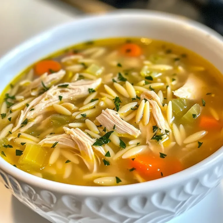 To make Zesty Lemon Chicken Orzo Soup, gather these simple ingredients: - 1 pound boneless, skinless chicken thighs - 1 cup orzo pasta - 4 cups chicken broth - 1 medium onion, diced - 2 carrots, diced - 2 celery stalks, diced - 2 cloves garlic, minced - 1 lemon (zest and juice) - 1 teaspoon dried thyme - 1 teaspoon dried oregano - Salt and pepper to taste - 2 tablespoons olive oil - Fresh parsley, chopped (for garnish) These ingredients create a bright, flavorful soup. The chicken thighs add richness, while the orzo gives a nice texture. Fresh veggies provide crunch and nutrients. The lemon zest and juice brighten the dish with a zesty kick. Don't forget the herbs! Thyme and oregano bring depth and warmth. Using fresh parsley as a garnish adds color and freshness. Each bite of this soup feels comforting and satisfying. Enjoy the vibrant flavors and the ease of this quick meal! {{ingredient_image_1}} 1. Sautéing the vegetables In a large pot, heat 2 tablespoons of olive oil over medium heat. Add 1 medium diced onion, 2 diced carrots, and 2 diced celery stalks. Sauté these for about 5 minutes. You want the veggies to soften. 2. Adding garlic and seasoning Next, add 2 minced garlic cloves to the pot. Sauté for 1 more minute. This step makes your kitchen smell amazing! Then, season the mix with 1 teaspoon of dried thyme, 1 teaspoon of dried oregano, salt, and pepper. Stir everything well. 3. Cooking the chicken in broth Now, add 1 pound of boneless, skinless chicken thighs to the pot. Pour in 4 cups of chicken broth. Bring this to a boil. Once boiling, reduce the heat and cover the pot. Let it simmer for about 20 minutes or until the chicken is cooked through. 4. Shredding the chicken After 20 minutes, remove the chicken from the pot. Place it on a cutting board. When it cools a bit, shred the chicken using two forks. This gives great texture to the soup. 5. Cooking the orzo pasta While the chicken cools, add 1 cup of orzo pasta to the soup. Cook it according to package instructions, usually around 8-10 minutes. This pasta adds a nice bite to your soup. 6. Final assembly and flavor adjustment Return the shredded chicken to the pot. Stir in the zest and juice of 1 lemon. Adjust the salt and pepper to taste. Let the soup simmer for another 2-3 minutes. This helps the flavors mix well. Now, your Zesty Lemon Chicken Orzo Soup is ready to enjoy! - Ensuring the chicken remains juicy: Use chicken thighs instead of breasts. Thighs have more fat, which keeps them tender. Cook them until they reach 165°F. Avoid overcooking to maintain juiciness. - Perfecting the orzo texture: Add orzo to the pot after the chicken cooks. This helps the pasta soak up flavors without getting mushy. Check the package for cooking time. Stir occasionally to prevent sticking. - Adjusting flavor profiles with herbs: Fresh herbs can brighten the soup. Add parsley right before serving for a fresh taste. Experiment with other herbs like basil or dill for different flavors. - Ideal accompaniments for the soup: Serve the soup with a fresh salad. A simple green salad with dressing works well. You can also add a side of roasted vegetables. - Best bread pairings: Crusty bread or a warm baguette pairs nicely with the soup. Garlic bread is another great choice. Dip the bread into the soup for extra flavor. - Ways to enhance presentation: Garnish the soup with fresh parsley for a pop of color. Serve in bowls that contrast with the soup color. A drizzle of olive oil on top adds a gourmet touch. Pro Tips Use Fresh Ingredients: Whenever possible, opt for fresh vegetables and herbs to enhance the flavor of your soup. Fresh ingredients provide a vibrant taste and aroma. Adjust Lemon to Taste: The amount of lemon juice can be adjusted based on your personal preference. Start with half the juice and add more if you'd like a zippier flavor. Pre-cook the Orzo: To prevent the orzo from becoming mushy, consider cooking it separately and adding it to the soup just before serving. This helps maintain its texture. Store Separately: If you have leftovers, store the soup and orzo separately. This prevents the orzo from absorbing too much broth and becoming overly soft. {{image_2}} You can switch the chicken for other proteins. - Use turkey if you want a leaner meat. - Try tofu for a plant-based option. If you need gluten-free, look for orzo made from rice or corn. Add more veggies to boost nutrition. - Spinach adds color and vitamins. - Zucchini brings extra texture and flavor. Spices can really kick up the heat. - Red pepper flakes add a nice zing. - Paprika can give a smoky touch. Herbs also change the soup’s taste. - Fresh basil adds a fresh twist. - Dill gives it a unique flavor profile. Feel free to mix and match these options. Each swap can create a new soup experience! For short-term storage, place the soup in an airtight container. It will stay fresh in the refrigerator for about three to four days. Make sure to let the soup cool before sealing it. For long-term storage, you can freeze the soup. Use a freezer-safe container or a heavy-duty freezer bag. Leave some space at the top, as the soup will expand when frozen. It can last up to three months in the freezer. When you want to enjoy the soup again, thaw it overnight in the fridge. Reheat the soup on the stove over low heat. Stir it often to warm evenly. You can also use the microwave, but watch it closely to prevent overcooking. In the fridge, Zesty Lemon Chicken Orzo Soup lasts about three to four days. Signs of spoilage include a sour smell, discoloration, or mold. If you see any of these signs, it's best to discard the soup. Always trust your senses when it comes to food safety. Yes, you can use fresh herbs! Fresh herbs add bright flavors. Use three times the amount of fresh herbs. For example, if the recipe calls for one teaspoon of dried thyme, use three teaspoons of fresh thyme. Fresh herbs are great for this soup. To make this soup vegetarian, swap chicken for chickpeas or tofu. Use vegetable broth instead of chicken broth. Add more vegetables like spinach or zucchini for extra nutrition. This will keep it tasty and filling. This soup pairs well with crusty bread or a simple salad. A fresh green salad adds crunch and nutrition. You can also serve it with a nice piece of garlic bread. Both options make a delightful meal. Absolutely! You can use any small pasta shape you like. Try ditalini, small shells, or even gluten-free pasta. Just adjust cooking times as needed. Ensure the pasta is cooked to your liking for the best texture. In this blog post, we explored making Zesty Lemon Chicken Orzo Soup. You learned about the main ingredients, cooking steps, and tips for perfecting your dish. I shared ways to adjust flavors and suggested ingredient swaps. Remember to store leftovers properly to enjoy later. This soup is easy to adapt and serve with many sides. With a few simple tweaks, you can make it your own. Enjoy making this comforting dish, and experience its warmth and flavor.