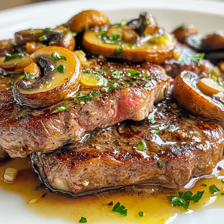 - 2 boneless ribeye steaks (about 1 inch thick) - 2 tablespoons olive oil - Salt and pepper to taste - 4 tablespoons unsalted butter - 5 cloves garlic, minced - 200g (about 7 oz) mushrooms, sliced (preferably cremini or button) - 1 tablespoon fresh parsley, chopped (for garnish) When picking your steak, look for bright red color and good marbling. The marbling is the white fat that runs through the meat. This fat adds flavor and keeps the steak juicy. Choose mushrooms that are firm and smooth. Avoid any that are slimy or dark. Fresh parsley should be bright green and crisp. If you can't find ribeye, try sirloin or filet mignon. Both cuts work well. For mushrooms, you can use shiitake or portobello if you like. If you don’t have unsalted butter, you can use salted butter but cut back on added salt in your dish. {{ingredient_image_1}} Start by taking the steaks out of the fridge. Let them sit for about 30 minutes. This helps the meat cook evenly. While they warm up, season them well with salt and pepper on both sides. Don't hold back; this adds a lot of flavor. Next, get a large skillet and heat the olive oil over medium-high heat. Once the oil is hot, add your seasoned steaks. Sear each side for about 4 to 5 minutes. If you like your steak medium-rare, that’s perfect. After cooking, take the steaks out and cover them with foil. Let them rest for a few minutes. This keeps them juicy. Now, let’s make the sauce. In the same skillet, lower the heat to medium. Add the unsalted butter and let it melt. Once the butter is melted, add the minced garlic. Sauté it for about one minute until it smells great. Then, add the sliced mushrooms. Cook them for 5 to 7 minutes. Stir them often until they turn golden brown. After the mushrooms are cooked, return the steaks to the skillet. Spoon the garlic butter and mushrooms over the steaks. Cook for an extra one to two minutes. This warms the steak and adds more flavor. Finally, take the skillet off the heat and let the dish rest for a few minutes. Garnish with fresh parsley before serving. Enjoy your Garlic Butter Mushroom Steak! To get the best doneness for your steak, use a meat thermometer. For medium-rare, aim for 130°F to 135°F. Insert the thermometer into the thickest part of the steak. If you like it medium, go for 140°F to 145°F. Let your steak rest for at least five minutes after cooking. This helps keep the juices inside. Use fresh mushrooms for the best flavor. Clean them gently with a damp cloth to remove dirt. Don't soak them in water, as they can get mushy. Sauté the mushrooms in the same skillet as the steak. This way, they soak up all the tasty bits left behind. Cook them until they are golden brown and soft. Stir them occasionally for even cooking. Salt and pepper are your best friends. Use them generously on the steak before cooking. You can also add herbs like thyme or rosemary for extra flavor. If you want a kick, try a pinch of red pepper flakes. When making the garlic butter sauce, add a splash of soy sauce for depth. These small changes can make a big difference in taste. Pro Tips Bring Steaks to Room Temperature: Letting your steaks rest at room temperature for about 30 minutes before cooking ensures a more even cook throughout the meat. Use a Meat Thermometer: To achieve your desired doneness, use a meat thermometer. For medium-rare, aim for an internal temperature of 135°F (57°C). Don't Overcrowd the Skillet: If you're cooking more than two steaks, do it in batches. Overcrowding the skillet can lower the temperature and prevent proper searing. Let the Steak Rest: After cooking, always let the steak rest for a few minutes before slicing. This helps the juices redistribute, making for a juicier bite. {{image_2}} You can use many steak cuts for this dish. Ribeye gives great flavor and tenderness. However, you might like sirloin or filet mignon. Both cuts work well with garlic butter and mushrooms. Just remember to adjust cooking times based on the thickness. Thinner cuts will cook faster, so keep an eye on them. Mushrooms add a rich taste. While cremini or button mushrooms are classic, you can switch it up. Try portobello for a meaty texture or shiitake for a unique flavor. You can even mix mushroom types for a fun twist. Just make sure to clean them well before cooking. Herbs and spices can elevate your dish. Consider adding thyme or rosemary for a fragrant touch. If you like heat, a pinch of red pepper flakes works wonders. A splash of Worcestershire sauce can add depth, too. Feel free to experiment with flavors you love. Each addition can make the dish feel fresh and new. To store your leftover garlic butter mushroom steak, first let it cool. Place the steak and mushrooms in an airtight container. Make sure to seal it well. You can keep it in the fridge for up to three days. Storing it this way helps keep the flavors fresh. When you are ready to eat your leftovers, reheating is key. The best way to reheat steak is in a skillet. Heat the skillet over medium-low heat. Add a little olive oil or butter to keep it moist. Place the steak in the skillet. Warm it for about 3-4 minutes on each side. This helps retain juiciness. You can also warm the mushrooms separately or together. If you want to save the garlic butter mushroom steak for later, freezing works well. Wrap the steak tightly in plastic wrap. Then, place it in a freezer-safe bag. You can freeze it for up to three months. When you are ready to eat, thaw it in the fridge overnight. After thawing, reheat as mentioned above for the best flavor. The best steak for garlic butter mushroom steak is boneless ribeye. Ribeye has great fat and flavor. It cooks well and stays juicy. Other good options are sirloin or filet mignon. These cuts will also work nicely, but ribeye shines with its rich taste. You can make parts of this dish ahead of time. Cook the mushrooms and garlic butter mix, then store it. Keep it in the fridge for up to two days. When you are ready to eat, reheat the mix and cook the steaks fresh. This way, the steak stays juicy and delicious. Many side dishes go well with garlic butter mushroom steak. Here are a few tasty options: - Creamy mashed potatoes - Roasted vegetables - Garlic bread - Fresh green salad - Steamed asparagus These sides balance the rich flavors of the steak and mushrooms. Enjoy mixing and matching for a complete meal! In this guide, we explored key ingredients for Garlic Butter Mushroom Steak and chose the freshest options for maximum flavor. I shared step-by-step instructions for prepping and cooking the perfect steak, along with tips for sautéing mushrooms. We discussed variations to customize your dish and storage tips to keep leftovers tasty. Finally, I answered common questions for your cooking success. Follow these steps, and you’ll impress everyone with a delicious meal. Enjoy cooking!