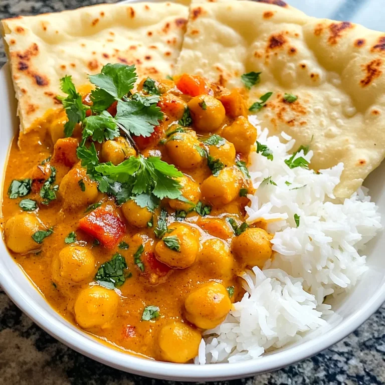To make Chickpea Tikka Masala, you need some key ingredients: - 2 cups canned chickpeas, drained and rinsed - 2 tablespoons olive oil - 1 large onion, finely chopped - 4 cloves garlic, minced - 1 tablespoon ginger, grated - 2 tablespoons Tikka Masala spice blend - 1 teaspoon ground cumin - 1 teaspoon turmeric powder - 1 can (14.5 oz) diced tomatoes - 1 cup coconut milk - 1 tablespoon lemon juice - Salt and pepper to taste - Fresh cilantro, for garnish - Cooked basmati rice or naan, for serving These ingredients work together to create a rich and flavorful dish. If you don’t have all the ingredients, don’t worry! Here are some common substitutes you can use: - Chickpeas: You can use white beans or lentils instead. - Olive oil: Any cooking oil works well, like canola or vegetable oil. - Coconut milk: Try using almond milk or regular milk for a different taste. - Tikka Masala spice blend: You can mix curry powder with paprika as a quick fix. - Lemon juice: Lime juice can give you a similar zing. These swaps can help you make the dish with what you already have on hand. Garnishes can make your dish look and taste even better. Here are some tasty options: - Fresh cilantro - A squeeze of lemon juice - A dollop of yogurt or sour cream - Sliced green chilies for heat Feel free to get creative with your garnishes. They can add color and extra flavor to your Chickpea Tikka Masala! {{ingredient_image_1}} Start by heating 2 tablespoons of olive oil in a large skillet on medium heat. Once the oil is hot, add 1 large onion that you’ve finely chopped. Cook the onion for about 5 minutes. You want it to be soft and translucent. Next, add 4 cloves of minced garlic and 1 tablespoon of grated ginger. Stir them in and cook for 1 to 2 minutes. You will smell the nice aroma from the garlic and ginger. Now it’s time to add the spices. Pour in 2 tablespoons of Tikka Masala spice blend, 1 teaspoon of ground cumin, and 1 teaspoon of turmeric powder. Stir everything together, letting the spices coat the onions. Let this cook for another 1 to 2 minutes. This will deepen the flavors. Pour in a can of diced tomatoes, which is about 14.5 ounces. Make sure you include the juices. Stir everything together and let it simmer for about 5 minutes. This allows the flavors to meld nicely. After that, add 2 cups of drained and rinsed chickpeas. Give it a good stir. Next, pour in 1 cup of coconut milk. Bring the mixture to a gentle simmer. Let it cook for 10 to 15 minutes. You want the sauce to thicken a bit. Once it’s done, add 1 tablespoon of lemon juice and season with salt and pepper to taste. Stir well and take it off the heat. Serve your chickpea tikka masala hot. Garnish it with fresh cilantro for a pop of color. Pair it with cooked basmati rice or warm naan for a complete meal. Enjoy the rich flavors and creamy texture! To get the best flavor in your Chickpea Tikka Masala, use fresh spices. Fresh spices bring more taste than old ones. Toast your spices in the pan for a minute before adding other ingredients. This step wakes up the spice oils and boosts their flavor. Also, add a squeeze of lemon juice at the end. This brightens the dish and balances the rich coconut milk. Start by cooking your onions until they are soft and golden. This builds a strong flavor base. When adding garlic and ginger, don’t rush. Cook them just until they smell great. Stirring in the spices helps coat the onions well. This adds depth and warmth to the dish. Lastly, let your Chickpea Tikka Masala simmer gently. This allows all the flavors to meld and become rich. If you want to save time, use canned chickpeas. They are quick and easy. You can also chop your onions and garlic ahead of time. This makes cooking faster. Another trick is to use a pre-made Tikka Masala spice blend. This cuts down on measuring spices. Finally, cook your basmati rice or naan while the tikka masala simmers. This way, everything is hot and ready to serve at the same time. Pro Tips Use Fresh Spices: For the best flavor, use fresh Tikka Masala spices. Store your spices in a cool, dark place to maintain their potency. Adjust the Creaminess: If you prefer a creamier sauce, add more coconut milk. You can also use full-fat coconut milk for richer flavor. Make It Spicy: For a spicier dish, add chopped green chilies or a pinch of cayenne pepper to the skillet when cooking the onions. Serve with Sides: Pair the chickpea tikka masala with a side of raita (yogurt sauce) or a fresh salad to balance the spices. {{image_2}} Chickpea Tikka Masala is naturally vegan and vegetarian. You don’t need to change much. The main ingredients are already plant-based. Use coconut milk for creaminess. If you want more protein, add tofu or tempeh. Both soak up flavors well. You can also swap chickpeas for lentils for a twist. This dish is easy to make gluten-free. Use rice or gluten-free naan for serving. Most spice blends are gluten-free, but check labels. If you want a thicker sauce, use cornstarch instead of flour. Just mix it with water before adding it to the dish. This keeps the texture smooth and tasty. Do you like heat? You can add fresh chili or cayenne pepper. Start with a small amount, then taste. If you want it milder, skip the heat. Use more coconut milk to balance flavors. You can also add a bit of sugar to tone down the spice. Adjust the heat to match your taste. To store leftover chickpea tikka masala, let it cool first. After it cools, place it in an airtight container. You can keep it in the fridge for up to 4 days. Make sure the lid seals tightly to keep it fresh. When you are ready to eat, reheat the tikka masala on the stove or microwave. If using the stove, put it in a pan over low heat. Stir often to avoid sticking. If using the microwave, heat in short bursts, stirring in between. Make sure it's hot all the way through before serving. You can freeze chickpea tikka masala for later. Place it in a freezer-safe container. Leave some space at the top for expansion. It will keep well for up to 3 months. To use it, thaw overnight in the fridge before reheating. Tikka Masala is a popular Indian dish. It combines marinated meat or vegetables with a rich and spiced tomato sauce. The sauce often includes cream and yogurt, making it creamy and smooth. In our Chickpea Tikka Masala, we use chickpeas for protein and texture. The dish is full of flavor from spices like cumin, turmeric, and Tikka Masala blend. Yes, you can use dried chickpeas. However, you'll need to soak and cook them first. Soak the chickpeas overnight in water. The next day, boil them until they are soft. This process may take a bit longer than using canned chickpeas. But the taste will be fresh, and you'll have more control over the texture. Chickpea Tikka Masala pairs well with several sides. You can serve it with basmati rice or warm naan bread. Both options help soak up the delicious sauce. You might also add a side of steamed vegetables or a simple salad for freshness. Don't forget to garnish with cilantro for a burst of color and flavor! Chickpea Tikka Masala is simple and tasty. You learned about key ingredients, quick cooking steps, and smart tips. Variations suit many diets, making this dish flexible. Storing leftovers is easy too. Enjoying this recipe brings warmth and flavor to your meals. I hope you try it and have fun cooking. Your taste buds will thank you!