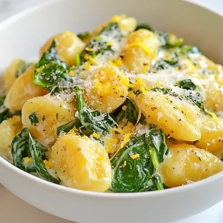 - 500g potato gnocchi - 2 cups fresh spinach, washed and chopped - 1 cup heavy cream - 1 lemon (zested and juiced) - 2 tablespoons olive oil - 2 cloves garlic, minced - 1/2 cup grated Parmesan cheese - Salt and pepper to taste - Pinch of red pepper flakes (optional) This dish shines with fresh ingredients. The potato gnocchi serves as a soft base. It cooks quickly and gives a nice bite. Fresh spinach adds a vibrant green color and nutrition. Heavy cream creates a rich sauce that coats everything beautifully. The lemon zest and juice brighten the flavors, adding a refreshing twist. Garlic brings warmth and depth. For seasoning, Parmesan cheese adds a savory touch. Salt and pepper are key for balance. Red pepper flakes can add a hint of heat if desired. This blend of flavors creates a creamy, zesty, and comforting meal. Gather these ingredients, and you will have a delicious dinner ready in no time! {{ingredient_image_1}} To make great gnocchi, start with a good brand. Look for potato gnocchi made with real potatoes. This gives a nice texture. Avoid brands with too many fillers. Cook the gnocchi in salted water. When they float, they are done. Drain them gently so they don’t break apart. Add herbs for a fresh taste. Basil and thyme work well. You can also try a pinch of nutmeg for warmth. For cheese, I recommend Parmesan. It melts well and adds a rich flavor. You can also use Pecorino for a sharper taste. Pair your gnocchi with a crisp salad. A simple green salad with lemon vinaigrette balances the creaminess. For presentation, serve in a shallow bowl. Top with extra cheese and a sprinkle of black pepper. A few lemon slices make it look fresh and inviting. For a tasty vegan twist, swap the heavy cream for coconut cream or cashew cream. Both options give a rich, creamy feel. Instead of Parmesan cheese, use nutritional yeast or a vegan cheese alternative. This change keeps the dish creamy while making it plant-based. You may want to add more lemon juice for a bright taste. Check the seasoning closely since some vegan products can have different flavors. If you need a gluten-free version, look for brands like Bionaturae or DeLallo. These brands offer high-quality gluten-free gnocchi made from rice or potato. For the sauce, use gluten-free flour to thicken it. You can mix a bit of cornstarch with water for a smooth texture. This keeps the sauce creamy without gluten. You can make this dish heartier by adding proteins. Grilled chicken or shrimp pairs well with the gnocchi. Just sauté them with garlic before adding spinach. This adds flavor and protein to the meal. Also, consider using seasonal vegetables. Fresh peas or asparagus can bring a nice crunch and color. They add both taste and nutrition to your dish. Pro Tips Use Fresh Spinach: Fresh spinach will provide a vibrant flavor and texture, enhancing the overall dish. Avoid pre-packaged spinach to ensure the best taste. Lemon Zest is Key: The lemon zest adds a bright, aromatic quality to the sauce. Make sure to zest the lemon before juicing for the best flavor. Don't Overcook Gnocchi: Gnocchi cooks quickly; you want to remove it from boiling water as soon as it floats. This prevents a mushy texture in the final dish. Customize Your Cheese: While Parmesan is fantastic, feel free to mix in other cheeses like goat cheese or mozzarella for a different flavor profile. {{image_2}} After cooking, let the Creamy Lemon Spinach Gnocchi cool down a bit. Place it in an airtight container. Store it in the fridge for up to three days. When you want to eat it, just take it out and reheat. To reheat, you can use a skillet. Add a splash of cream or water to keep it moist. Heat it on medium until warm. Stir often to prevent sticking. You can also use the microwave. Just place it in a microwave-safe bowl and cover it. Heat for one minute, check, then heat more if needed. If you want to save it longer, you can freeze the gnocchi. First, let it cool completely. Then, place it in a freezer-safe bag or container. You can freeze it for up to three months. To keep the texture and flavor, try to remove as much air as possible from the bag. When ready to eat, thaw it in the fridge overnight. Reheat in a skillet or microwave as mentioned before. This way, it stays creamy and delicious! Gnocchi is done when it floats to the top of boiling water. This usually takes 2-3 minutes. Make sure to check the package for specific times. Yes, you can prepare the sauce ahead of time. Cook the gnocchi right before serving. This keeps it fresh and tasty. This dish pairs well with a simple salad. You can also serve garlic bread or roasted vegetables on the side. You can use low-fat cream instead of heavy cream. Also, try using less cheese. Add more fresh veggies for a healthy twist. This blog post covers how to make creamy lemon spinach gnocchi. You learned about the main ingredients and cooking steps. I shared tips for perfecting your dish and various versions to try. Storing leftovers also gets a nod for fresh taste later. In my view, this recipe is simple yet delicious. It’s perfect for any meal. Enjoy making it your own with different flavors!