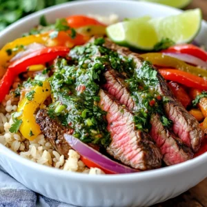 You will need: - 1 lb flank steak - 2 tablespoons olive oil - 1 teaspoon cumin - 1 teaspoon smoked paprika - Salt and pepper to taste - 1 red bell pepper, sliced - 1 green bell pepper, sliced - 1 red onion, sliced - 1 cup cooked brown rice or quinoa - Fresh cilantro, chopped, for garnish - Lime wedges, for serving These ingredients create a hearty and filling dish. The flank steak gives you a rich, meaty base. The bell peppers and onion add sweetness and crunch. Serving it over brown rice or quinoa makes it wholesome. For the chimichurri sauce, gather: - 1 cup fresh parsley, finely chopped - 1/2 cup fresh cilantro, finely chopped - 4 garlic cloves, minced - 1/2 teaspoon red chili flakes - 1/2 cup olive oil - 2 tablespoons red wine vinegar (or apple cider vinegar) - Salt and pepper to taste This sauce packs a punch! The fresh herbs bring brightness. Garlic adds depth, and red chili flakes give it a kick. Olive oil and vinegar tie it all together with a smooth and tangy finish. You might enjoy adding: - Extra fresh cilantro for garnish - Sliced avocado for creaminess - Tortilla chips for crunch - Sour cream or Greek yogurt for richness These extras let you customize your bowl. They enhance the flavors and textures. Plus, they make the meal even more fun to eat! {{ingredient_image_1}} To make chimichurri sauce, gather your fresh herbs. You need parsley and cilantro. Chop them finely. Mince four garlic cloves. In a bowl, mix chopped herbs, minced garlic, and red chili flakes. Slowly drizzle in half a cup of olive oil. Then add two tablespoons of red wine vinegar. Stir well and season with salt and pepper. Let this sit for a bit. The flavors will mix and taste better. Start with one pound of flank steak. Rub it with two tablespoons of olive oil. Sprinkle one teaspoon each of cumin and smoked paprika on the steak. Add salt and pepper to taste. Massage the spices into the meat. Let it marinate for at least thirty minutes. This step gives your steak great flavor. Heat a grill pan over medium-high heat. Place the marinated steak on the grill. Cook for about four to five minutes on each side for medium-rare. Use a meat thermometer if needed. The internal temperature should be around 135°F. Once done, remove the steak from heat and let it rest for five minutes. This resting time helps keep the juices in. In the same pan, add a splash of olive oil if needed. Toss in sliced red and green bell peppers and sliced red onion. Cook over medium heat for about five to seven minutes. Stir them often until they are tender. Season lightly with salt and pepper. The veggies should be bright and flavorful. Take serving bowls and add a scoop of cooked brown rice or quinoa. This will be the base. Next, layer on the sliced steak. Add the sautéed peppers and onions on top. Drizzle a generous amount of chimichurri sauce over everything. The sauce adds a zesty kick that brightens the dish. For a fresh finish, sprinkle chopped cilantro on top of your bowls. Serve with lime wedges on the side. Squeezing lime juice over the dish adds a nice burst of flavor. Enjoy every bite of your chimichurri steak fajita bowls. To make your chimichurri steak fajita bowls burst with flavor, use fresh herbs. Fresh parsley and cilantro bring a bright taste. Let your chimichurri sauce sit for a while. This way, the flavors mix and deepen. Always taste your sauce before serving. Adjust salt and pepper to suit your palate. For juicy steak, marinate the flank steak well. Use olive oil, cumin, and smoked paprika for rich flavor. Let it sit for at least 30 minutes. This helps the spices sink in. When cooking, use medium-high heat. Cook for 4-5 minutes on each side for medium-rare. Don't forget to let the steak rest for 5 minutes after cooking. This keeps all the juices inside. For your peppers and onions, slice them thinly. This helps them cook evenly. Use medium heat and a splash of olive oil. Sauté them for about 5-7 minutes until they are tender. Season lightly with salt and pepper while cooking. This will enhance their natural sweetness. Mix them into your bowl right before serving for a fresh taste. Pro Tips Marinate for Flavor: Allowing the flank steak to marinate for at least 30 minutes enhances the flavors. For best results, marinate it overnight in the refrigerator. Rest the Steak: After cooking, let the steak rest for about 5 minutes before slicing. This step allows the juices to redistribute, ensuring a tender and juicy bite. Customize Your Veggies: Feel free to add or substitute other vegetables like zucchini or corn. Grilled or roasted veggies can add a nice depth of flavor to your bowl. Fresh Chimichurri: For the best flavor, prepare the chimichurri sauce just before serving. This keeps the herbs vibrant and the garlic fresh. {{image_2}} You can use different meats in your fajita bowls. Chicken breast works well. It cooks faster and stays juicy. Shrimp adds a nice twist for seafood lovers. Just season them like the steak. For a simple swap, try pork tenderloin. It brings a rich flavor to the dish. If you want a meatless meal, use grilled portobello mushrooms. They have a meaty texture and soak up flavors. Tofu is also a great choice. Press it to remove water and marinate it like steak. For a heartier bowl, use chickpeas. They add protein and fiber. You can change up the flavors in your chimichurri. Try adding fresh oregano or mint for a fresh taste. For a kick, add more red chili flakes. You can also mix in some diced tomatoes or avocado for extra texture. Serve with a dollop of sour cream or Greek yogurt for creaminess. To keep your fajita bowls fresh, store leftovers in airtight containers. Make sure to let the food cool before sealing. This helps prevent sogginess. Place the steak, veggies, and rice or quinoa in separate containers if possible. This way, each component stays fresh longer. Store in the fridge for up to three days. When you're ready to enjoy your leftovers, reheat them in the microwave or on the stovetop. For the microwave, heat for about 1-2 minutes or until warm. Stir halfway through for even heating. If using the stovetop, warm everything in a pan over medium heat. Add a splash of water to keep the rice or quinoa moist. You can freeze the components of your fajita bowls for later. Make sure the steak and veggies cool completely before freezing. Use freezer-safe bags or containers. They can last up to three months in the freezer. When ready to eat, thaw overnight in the fridge. Reheat as mentioned above to enjoy a tasty meal again. Chimichurri sauce comes from Argentina. It is a staple in their cuisine. People often serve it with grilled meats. The sauce is fresh, zesty, and packed with herbs. It usually contains parsley, garlic, vinegar, and oil. Each family has their own twist on the recipe. You can find variations that add spices or different herbs. Yes, you can make chimichurri sauce ahead of time. In fact, letting it sit improves the flavor. Make it a day or two before your meal. Store it in the fridge in a sealed container. Just give it a good stir before using. The oil may separate, but that’s normal. To adjust the spice level, you can change the chili flakes. If you want less heat, use fewer flakes. For more heat, add more chili flakes. You can also try adding diced jalapeños for a fresh kick. Taste as you go to find the right balance for you. If you need a substitute for flank steak, try skirt steak or sirloin. These cuts have similar flavors and textures. You can also use chicken or shrimp for a lighter option. Just adjust the cooking time as needed. For a vegetarian option, use grilled portobello mushrooms. Yes, this recipe is gluten-free. The ingredients do not contain gluten. The steak, vegetables, and chimichurri sauce are all safe. If you serve it over rice or quinoa, both are gluten-free too. Always check labels to ensure there are no hidden gluten ingredients. Chimichurri steak fajita bowls offer a fun mix of tastes and textures. We explored key ingredients, learned to make a zesty chimichurri sauce, and mastered cooking juicy steak. We also looked at flavor tips, different proteins, and storage tricks. In my view, these bowls are easy to customize and perfect for sharing. Try adding your favorite veggies or proteins. Enjoy the bold flavor and make it a family favorite!