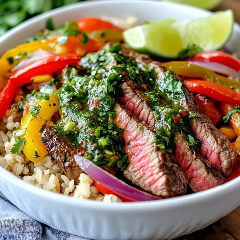 You will need: - 1 lb flank steak - 2 tablespoons olive oil - 1 teaspoon cumin - 1 teaspoon smoked paprika - Salt and pepper to taste - 1 red bell pepper, sliced - 1 green bell pepper, sliced - 1 red onion, sliced - 1 cup cooked brown rice or quinoa - Fresh cilantro, chopped, for garnish - Lime wedges, for serving These ingredients create a hearty and filling dish. The flank steak gives you a rich, meaty base. The bell peppers and onion add sweetness and crunch. Serving it over brown rice or quinoa makes it wholesome. For the chimichurri sauce, gather: - 1 cup fresh parsley, finely chopped - 1/2 cup fresh cilantro, finely chopped - 4 garlic cloves, minced - 1/2 teaspoon red chili flakes - 1/2 cup olive oil - 2 tablespoons red wine vinegar (or apple cider vinegar) - Salt and pepper to taste This sauce packs a punch! The fresh herbs bring brightness. Garlic adds depth, and red chili flakes give it a kick. Olive oil and vinegar tie it all together with a smooth and tangy finish. You might enjoy adding: - Extra fresh cilantro for garnish - Sliced avocado for creaminess - Tortilla chips for crunch - Sour cream or Greek yogurt for richness These extras let you customize your bowl. They enhance the flavors and textures. Plus, they make the meal even more fun to eat! {{ingredient_image_1}} To make chimichurri sauce, gather your fresh herbs. You need parsley and cilantro. Chop them finely. Mince four garlic cloves. In a bowl, mix chopped herbs, minced garlic, and red chili flakes. Slowly drizzle in half a cup of olive oil. Then add two tablespoons of red wine vinegar. Stir well and season with salt and pepper. Let this sit for a bit. The flavors will mix and taste better. Start with one pound of flank steak. Rub it with two tablespoons of olive oil. Sprinkle one teaspoon each of cumin and smoked paprika on the steak. Add salt and pepper to taste. Massage the spices into the meat. Let it marinate for at least thirty minutes. This step gives your steak great flavor. Heat a grill pan over medium-high heat. Place the marinated steak on the grill. Cook for about four to five minutes on each side for medium-rare. Use a meat thermometer if needed. The internal temperature should be around 135°F. Once done, remove the steak from heat and let it rest for five minutes. This resting time helps keep the juices in. In the same pan, add a splash of olive oil if needed. Toss in sliced red and green bell peppers and sliced red onion. Cook over medium heat for about five to seven minutes. Stir them often until they are tender. Season lightly with salt and pepper. The veggies should be bright and flavorful. Take serving bowls and add a scoop of cooked brown rice or quinoa. This will be the base. Next, layer on the sliced steak. Add the sautéed peppers and onions on top. Drizzle a generous amount of chimichurri sauce over everything. The sauce adds a zesty kick that brightens the dish. For a fresh finish, sprinkle chopped cilantro on top of your bowls. Serve with lime wedges on the side. Squeezing lime juice over the dish adds a nice burst of flavor. Enjoy every bite of your chimichurri steak fajita bowls. To make your chimichurri steak fajita bowls burst with flavor, use fresh herbs. Fresh parsley and cilantro bring a bright taste. Let your chimichurri sauce sit for a while. This way, the flavors mix and deepen. Always taste your sauce before serving. Adjust salt and pepper to suit your palate. For juicy steak, marinate the flank steak well. Use olive oil, cumin, and smoked paprika for rich flavor. Let it sit for at least 30 minutes. This helps the spices sink in. When cooking, use medium-high heat. Cook for 4-5 minutes on each side for medium-rare. Don't forget to let the steak rest for 5 minutes after cooking. This keeps all the juices inside. For your peppers and onions, slice them thinly. This helps them cook evenly. Use medium heat and a splash of olive oil. Sauté them for about 5-7 minutes until they are tender. Season lightly with salt and pepper while cooking. This will enhance their natural sweetness. Mix them into your bowl right before serving for a fresh taste. Pro Tips Marinate for Flavor: Allowing the flank steak to marinate for at least 30 minutes enhances the flavors. For best results, marinate it overnight in the refrigerator. Rest the Steak: After cooking, let the steak rest for about 5 minutes before slicing. This step allows the juices to redistribute, ensuring a tender and juicy bite. Customize Your Veggies: Feel free to add or substitute other vegetables like zucchini or corn. Grilled or roasted veggies can add a nice depth of flavor to your bowl. Fresh Chimichurri: For the best flavor, prepare the chimichurri sauce just before serving. This keeps the herbs vibrant and the garlic fresh. {{image_2}} You can use different meats in your fajita bowls. Chicken breast works well. It cooks faster and stays juicy. Shrimp adds a nice twist for seafood lovers. Just season them like the steak. For a simple swap, try pork tenderloin. It brings a rich flavor to the dish. If you want a meatless meal, use grilled portobello mushrooms. They have a meaty texture and soak up flavors. Tofu is also a great choice. Press it to remove water and marinate it like steak. For a heartier bowl, use chickpeas. They add protein and fiber. You can change up the flavors in your chimichurri. Try adding fresh oregano or mint for a fresh taste. For a kick, add more red chili flakes. You can also mix in some diced tomatoes or avocado for extra texture. Serve with a dollop of sour cream or Greek yogurt for creaminess. To keep your fajita bowls fresh, store leftovers in airtight containers. Make sure to let the food cool before sealing. This helps prevent sogginess. Place the steak, veggies, and rice or quinoa in separate containers if possible. This way, each component stays fresh longer. Store in the fridge for up to three days. When you're ready to enjoy your leftovers, reheat them in the microwave or on the stovetop. For the microwave, heat for about 1-2 minutes or until warm. Stir halfway through for even heating. If using the stovetop, warm everything in a pan over medium heat. Add a splash of water to keep the rice or quinoa moist. You can freeze the components of your fajita bowls for later. Make sure the steak and veggies cool completely before freezing. Use freezer-safe bags or containers. They can last up to three months in the freezer. When ready to eat, thaw overnight in the fridge. Reheat as mentioned above to enjoy a tasty meal again. Chimichurri sauce comes from Argentina. It is a staple in their cuisine. People often serve it with grilled meats. The sauce is fresh, zesty, and packed with herbs. It usually contains parsley, garlic, vinegar, and oil. Each family has their own twist on the recipe. You can find variations that add spices or different herbs. Yes, you can make chimichurri sauce ahead of time. In fact, letting it sit improves the flavor. Make it a day or two before your meal. Store it in the fridge in a sealed container. Just give it a good stir before using. The oil may separate, but that’s normal. To adjust the spice level, you can change the chili flakes. If you want less heat, use fewer flakes. For more heat, add more chili flakes. You can also try adding diced jalapeños for a fresh kick. Taste as you go to find the right balance for you. If you need a substitute for flank steak, try skirt steak or sirloin. These cuts have similar flavors and textures. You can also use chicken or shrimp for a lighter option. Just adjust the cooking time as needed. For a vegetarian option, use grilled portobello mushrooms. Yes, this recipe is gluten-free. The ingredients do not contain gluten. The steak, vegetables, and chimichurri sauce are all safe. If you serve it over rice or quinoa, both are gluten-free too. Always check labels to ensure there are no hidden gluten ingredients. Chimichurri steak fajita bowls offer a fun mix of tastes and textures. We explored key ingredients, learned to make a zesty chimichurri sauce, and mastered cooking juicy steak. We also looked at flavor tips, different proteins, and storage tricks. In my view, these bowls are easy to customize and perfect for sharing. Try adding your favorite veggies or proteins. Enjoy the bold flavor and make it a family favorite!
